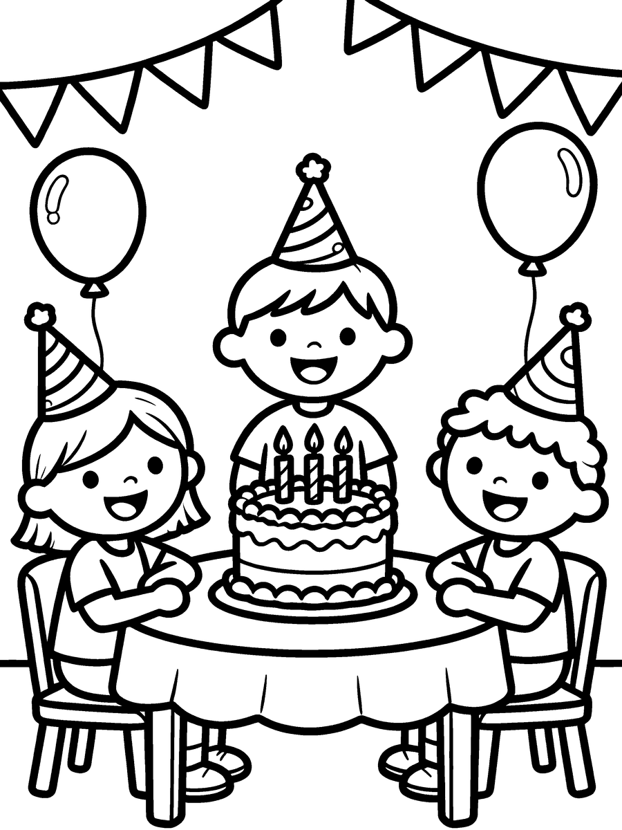 Coloring page of a birthday party scene