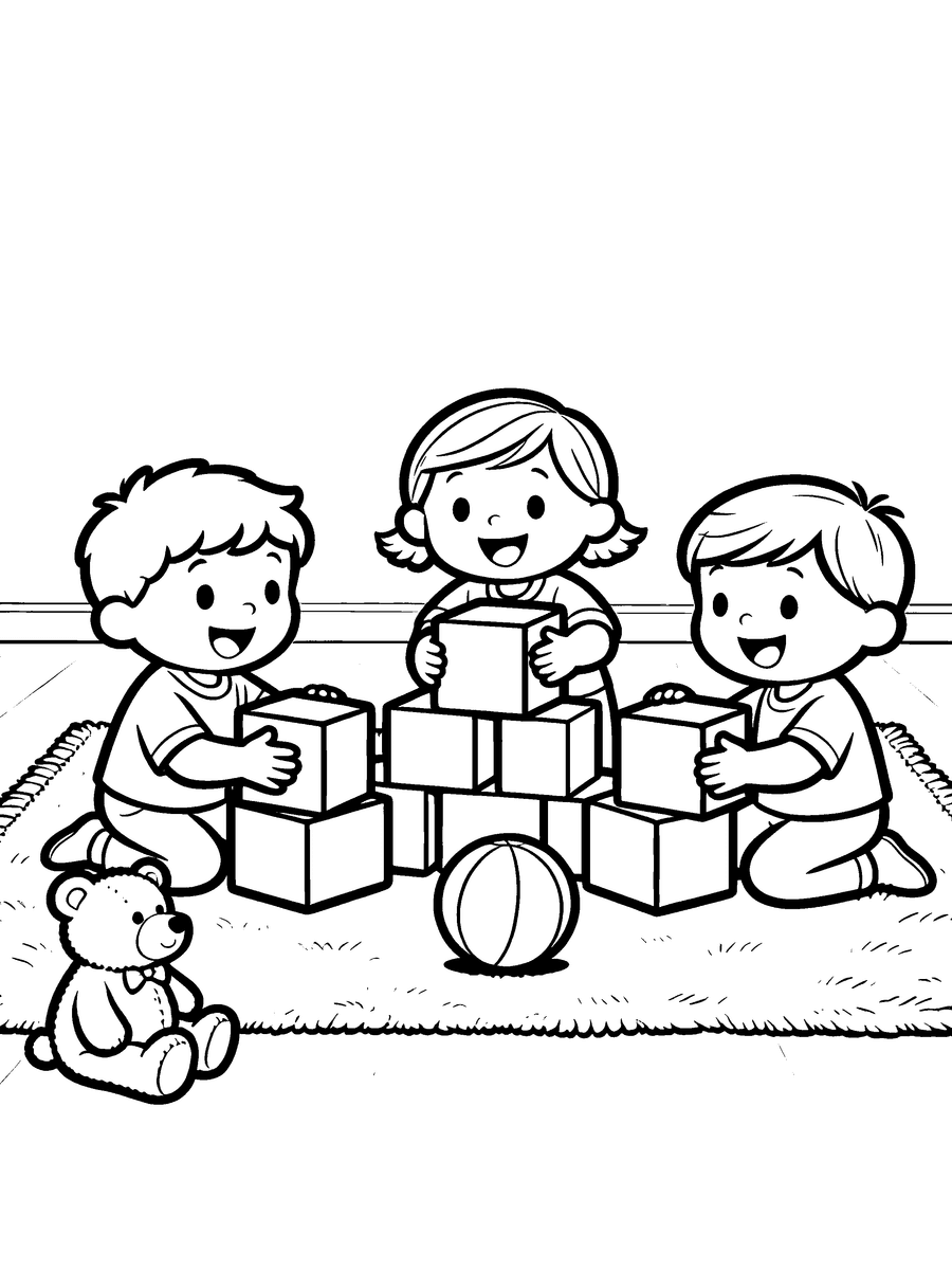 Coloring page of toddlers playing with blocks