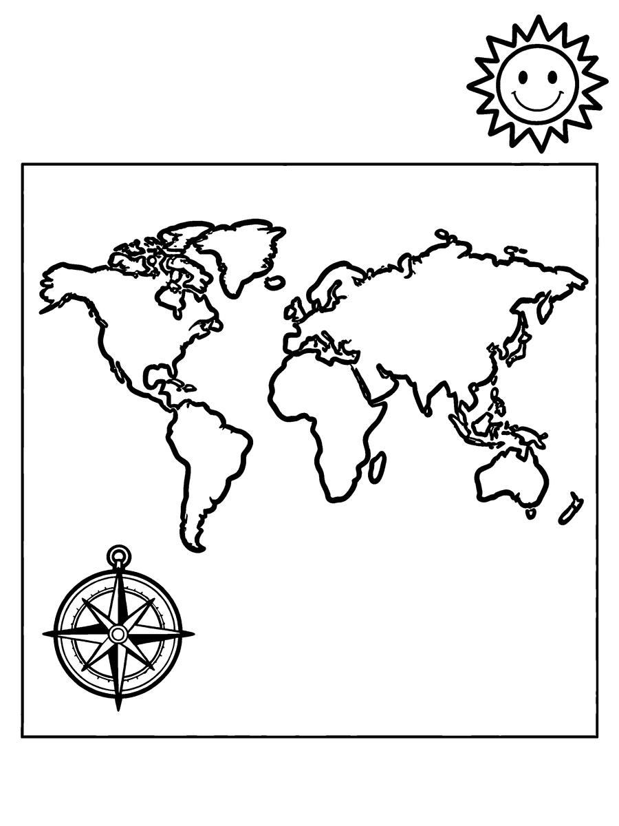 Coloring page of a simple world map