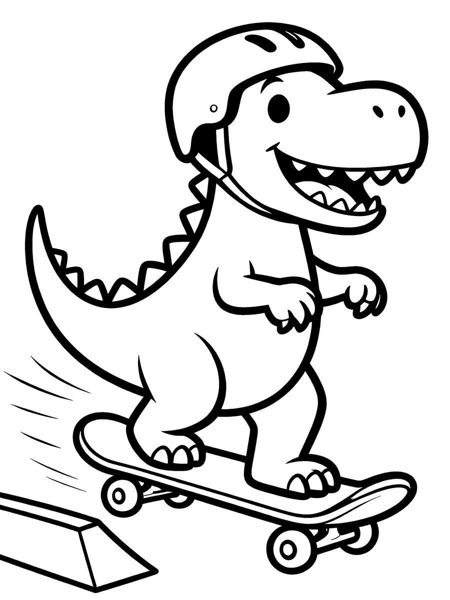Coloring page of a dinosaur on a skateboard