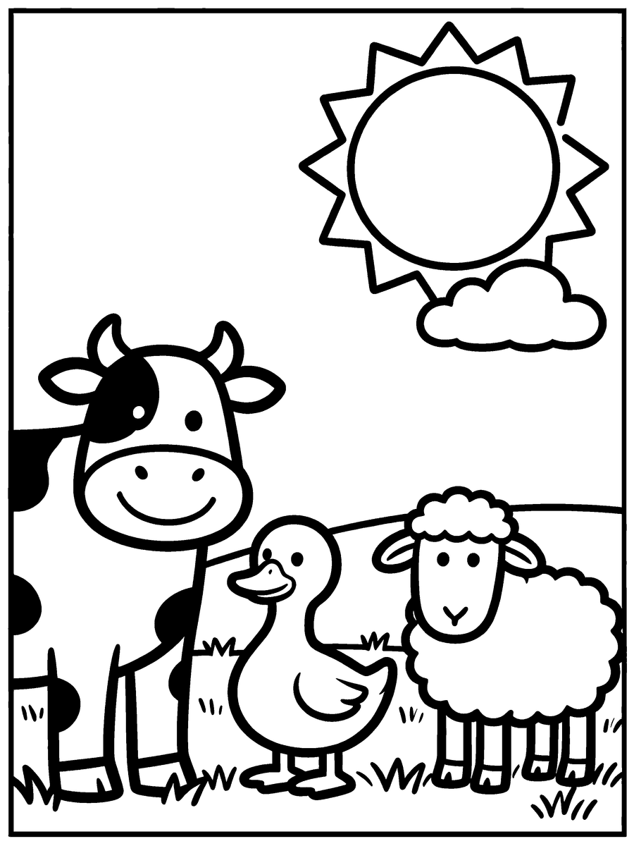 Simple coloring page of a cow, duck and sheep