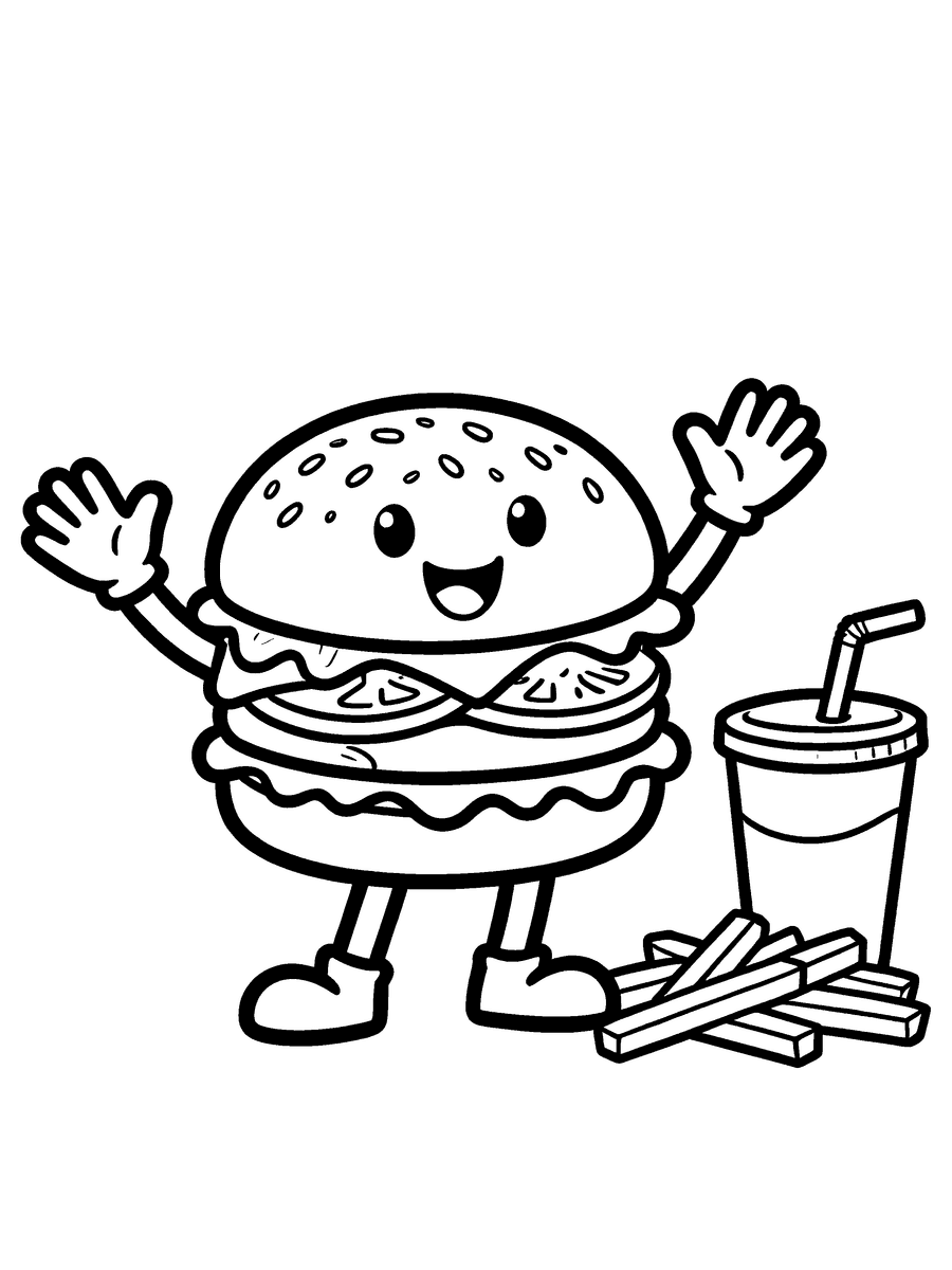 Coloring page of a smiling burger character with fries