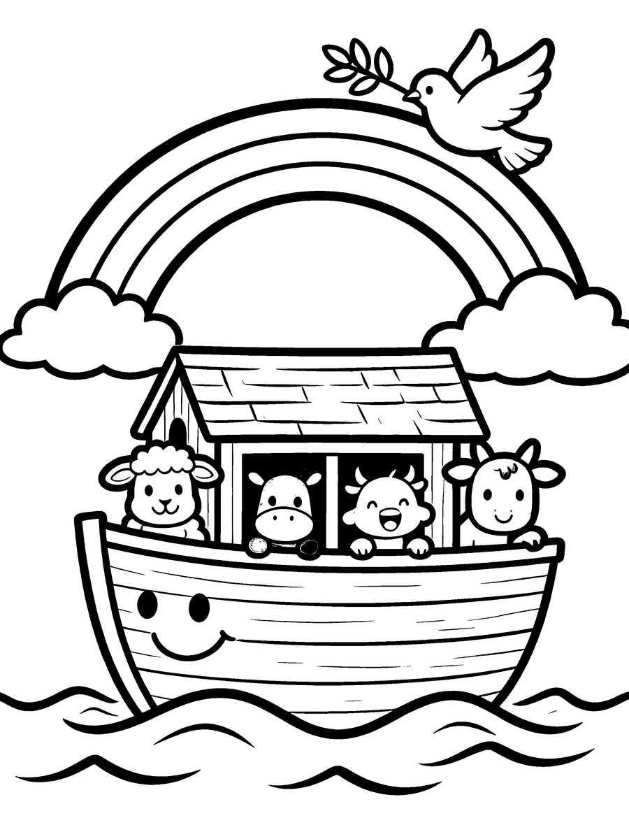 Coloring page of Noah's ark with animals and a rainbow