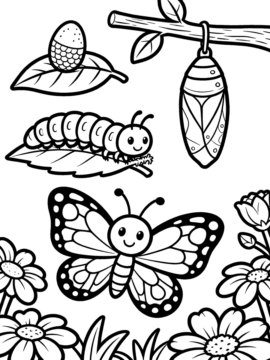 Detailed mode butterfly life cycle coloring page