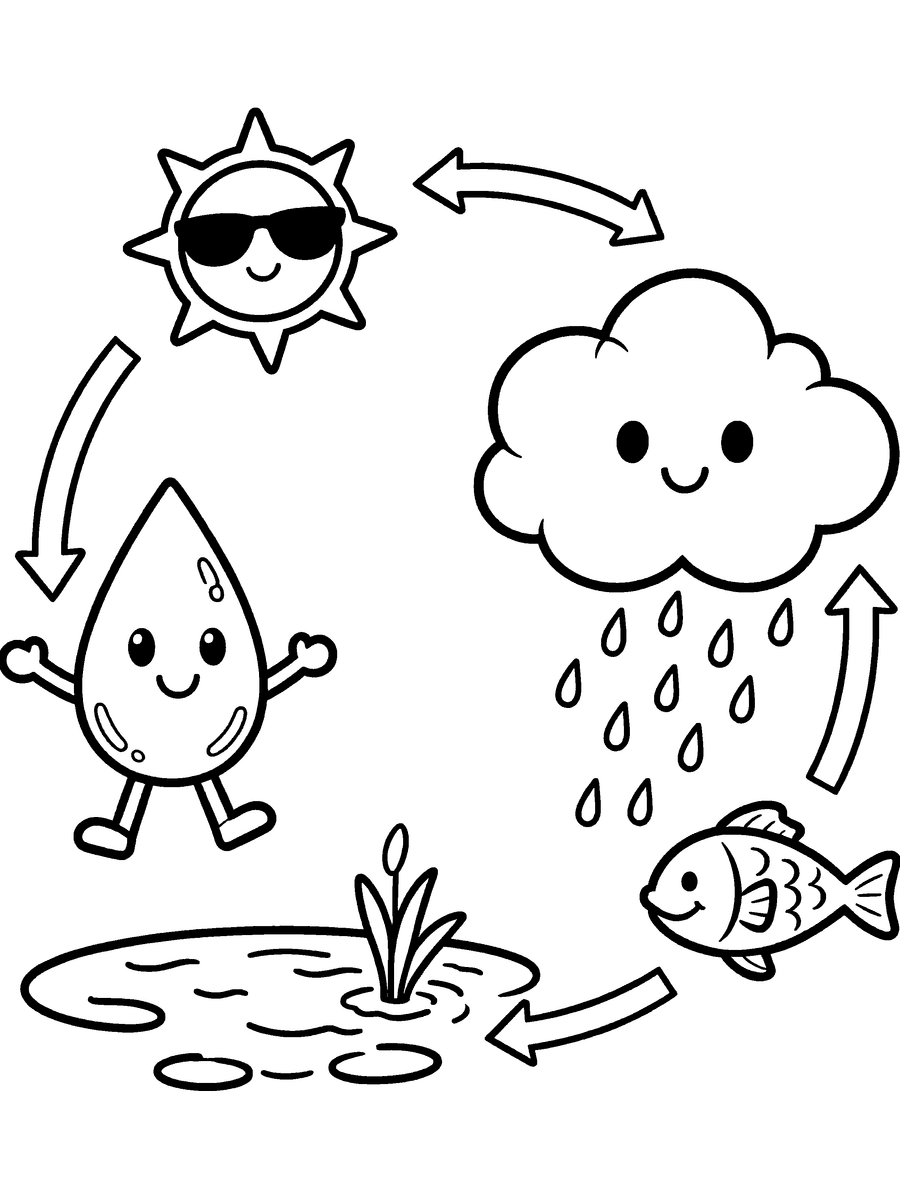 Printable water cycle coloring page with a smiling water droplet, sun and clouds