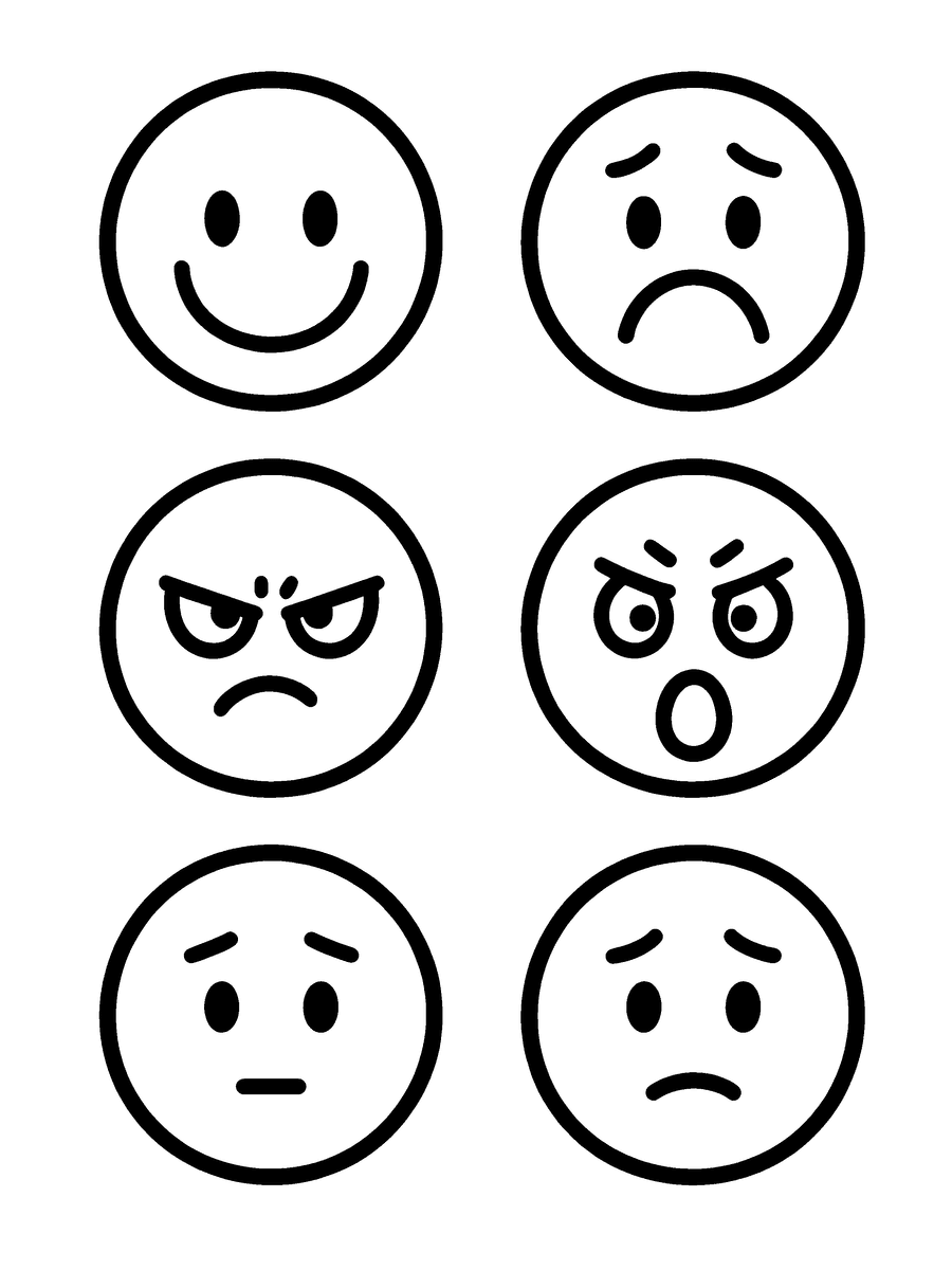 Coloring page of six faces showing different emotions