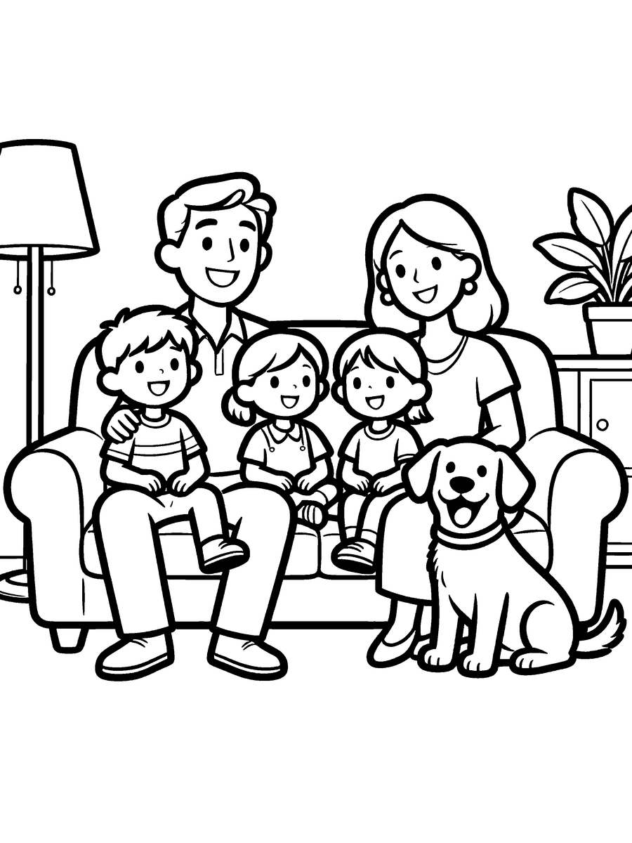 Coloring page of a family sitting together with their dog