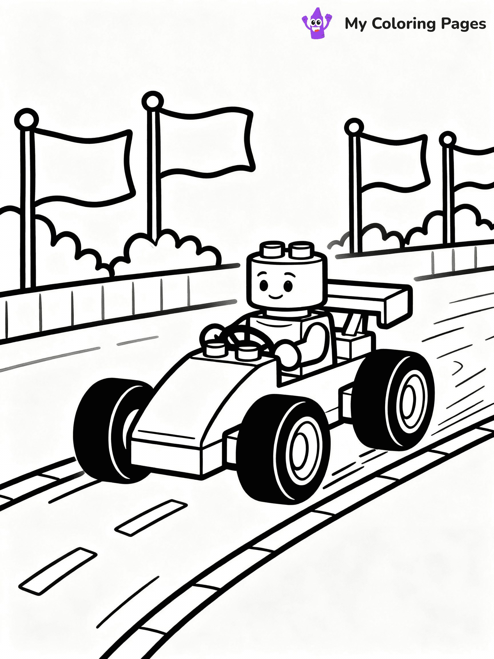 ⚠️ CRITICAL REQUIREMENT - ABSOLUTE BLACK AND WHITE ONLY ⚠️
This MUST be a BLACK AND WHITE line drawing ONLY. NO COLORS whatsoever.
- ONLY pure black lines (#000000) on pure white background (#FFFFFF)
- ABSOLUTELY NO colors, NO shading, NO gradients, NO grayscale
- If there are ANY colors in the output, the image is REJECTED
- This is a COLORING PAGE - meant to be COLORED IN by children
- The output must be UNCOLORED line art ready for coloring
⚠️ SUBJECT TO DRAW: LEGO racer in playful style, zooming on track, oversized wheels, vibrant flags waving in background
(REMEMBER: Output must be BLACK AND WHITE line art only, NOT colored!)
# COLORING PAGE: BLACK OUTLINES ONLY - WHITE BACKGROUND MANDATORY
Create a **coloring book page** using EXACTLY two values: black lines, white space.
## NON-NEGOTIABLE BINARY RULES
- **ONLY #000000 (black) and #FFFFFF (white)** - NO other values exist
- **EVERY PIXEL = BLACK OR WHITE** - no gray/shading/antialiasing
- **WHITE BACKGROUND MANDATORY** - entire canvas stays white
- **ALL SHAPES HOLLOW** - everything is empty outlines waiting to be colored
- **FORBIDDEN:** fills, shading, gradients, patterns, textures, colors
- **NO SOLID REGIONS** - if it's not a thin line, it's wrong
## Universal Line Standards
- Black outlines ONLY - thin, uniform weight
- Every shape completely empty inside
- Closed contours suitable for coloring
- Simple flat illustration - zero depth/3D/realism
- **Style:** Whimsical Doodle Art Alley - rounded, friendly outlines (unless specified)
## Everything = Outline Only
- Characters/animals: hollow shapes
- Objects/clothing: empty contours
- Backgrounds/scenery: line work only
- Natural elements: outlined forms
- Dark/night areas: don't exist (use outlined symbols)
- Textures/patterns: convert to simple lines
## The Test
Can a child color EVERY white space with crayons? If any area is pre-filled/shaded/gray or colored in, it FAILS. Every shape must be waiting to receive color.
**FINAL OUTPUT**: Binary coloring page. Black lines define shapes. White spaces ready for coloring. Nothing else exists. No exceptions. Print-ready.
⚠️ FINAL REMINDER: Draw the subject "LEGO racer in playful style, zooming on track, oversized wheels, vibrant flags waving in background" as BLACK AND WHITE line art. Zero colors in output.