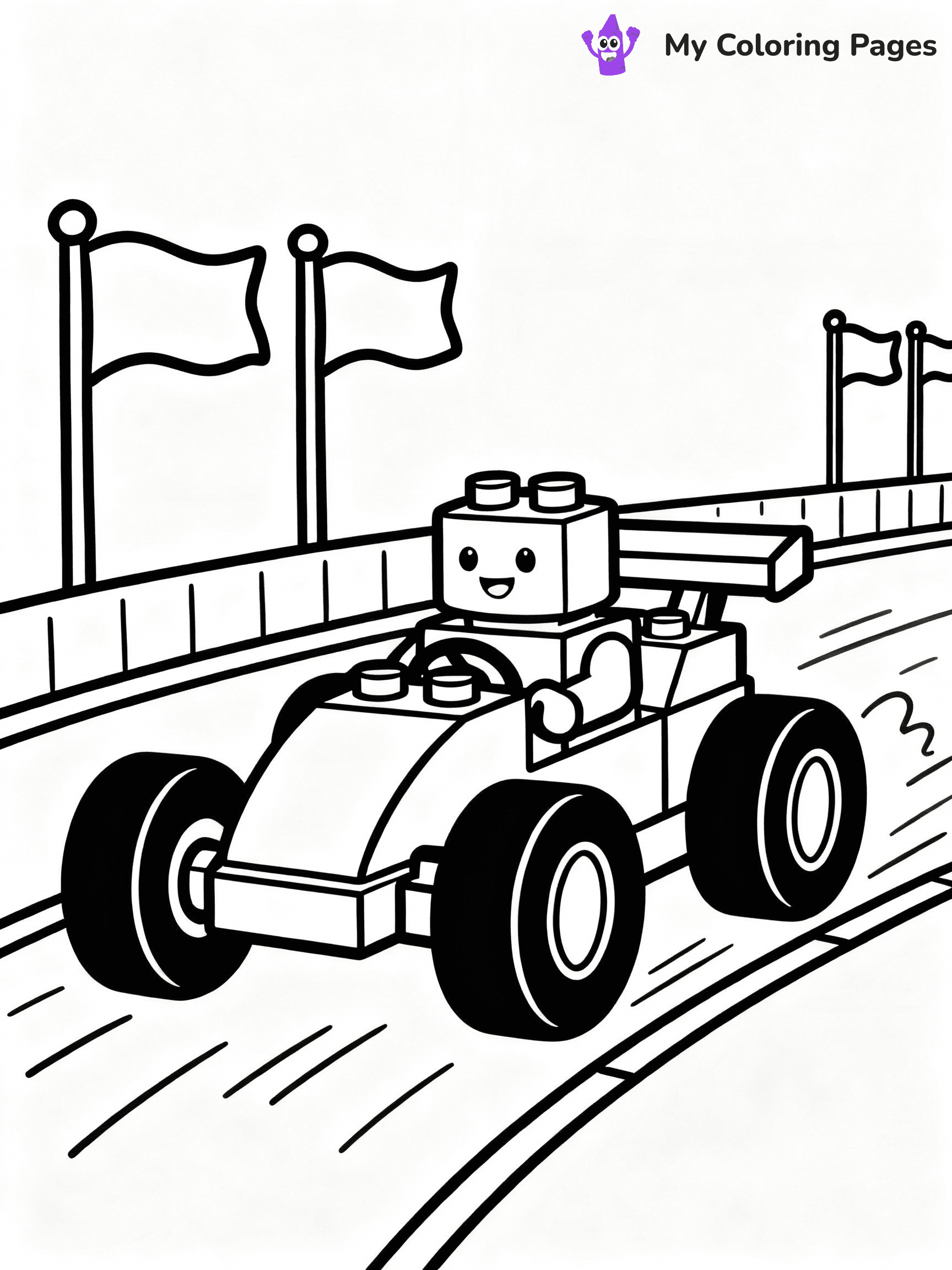⚠️ CRITICAL REQUIREMENT - ABSOLUTE BLACK AND WHITE ONLY ⚠️
This MUST be a BLACK AND WHITE line drawing ONLY. NO COLORS whatsoever.
- ONLY pure black lines (#000000) on pure white background (#FFFFFF)
- ABSOLUTELY NO colors, NO shading, NO gradients, NO grayscale
- If there are ANY colors in the output, the image is REJECTED
- This is a COLORING PAGE - meant to be COLORED IN by children
- The output must be UNCOLORED line art ready for coloring
⚠️ SUBJECT TO DRAW: LEGO racer in playful style, zooming on track, oversized wheels, vibrant flags waving in background
(REMEMBER: Output must be BLACK AND WHITE line art only, NOT colored!)
# COLORING PAGE: BLACK OUTLINES ONLY - WHITE BACKGROUND MANDATORY
Create a **coloring book page** using EXACTLY two values: black lines, white space.
## NON-NEGOTIABLE BINARY RULES
- **ONLY #000000 (black) and #FFFFFF (white)** - NO other values exist
- **EVERY PIXEL = BLACK OR WHITE** - no gray/shading/antialiasing
- **WHITE BACKGROUND MANDATORY** - entire canvas stays white
- **ALL SHAPES HOLLOW** - everything is empty outlines waiting to be colored
- **FORBIDDEN:** fills, shading, gradients, patterns, textures, colors
- **NO SOLID REGIONS** - if it's not a thin line, it's wrong
## Universal Line Standards
- Black outlines ONLY - thin, uniform weight
- Every shape completely empty inside
- Closed contours suitable for coloring
- Simple flat illustration - zero depth/3D/realism
- **Style:** Whimsical Doodle Art Alley - rounded, friendly outlines (unless specified)
## Everything = Outline Only
- Characters/animals: hollow shapes
- Objects/clothing: empty contours
- Backgrounds/scenery: line work only
- Natural elements: outlined forms
- Dark/night areas: don't exist (use outlined symbols)
- Textures/patterns: convert to simple lines
## The Test
Can a child color EVERY white space with crayons? If any area is pre-filled/shaded/gray or colored in, it FAILS. Every shape must be waiting to receive color.
**FINAL OUTPUT**: Binary coloring page. Black lines define shapes. White spaces ready for coloring. Nothing else exists. No exceptions. Print-ready.
⚠️ FINAL REMINDER: Draw the subject "LEGO racer in playful style, zooming on track, oversized wheels, vibrant flags waving in background" as BLACK AND WHITE line art. Zero colors in output.