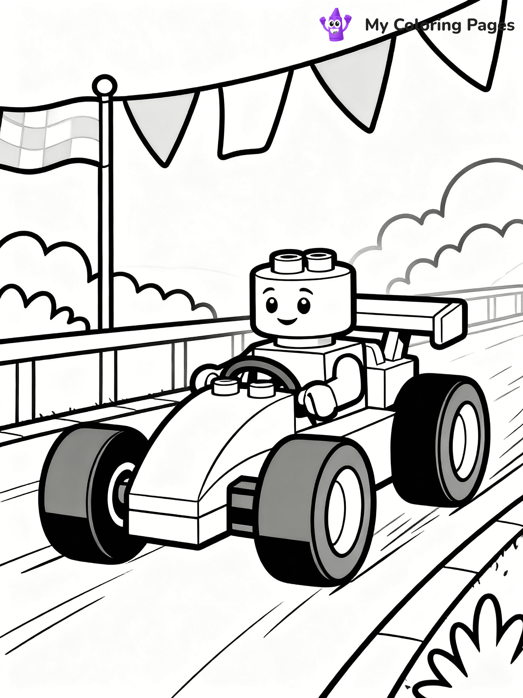 ⚠️ CRITICAL REQUIREMENT - ABSOLUTE BLACK AND WHITE ONLY ⚠️
This MUST be a BLACK AND WHITE line drawing ONLY. NO COLORS whatsoever.
- ONLY pure black lines (#000000) on pure white background (#FFFFFF)
- ABSOLUTELY NO colors, NO shading, NO gradients, NO grayscale
- If there are ANY colors in the output, the image is REJECTED
- This is a COLORING PAGE - meant to be COLORED IN by children
- The output must be UNCOLORED line art ready for coloring
⚠️ SUBJECT TO DRAW: LEGO racer in playful style, zooming on track, oversized wheels, vibrant flags waving in background
(REMEMBER: Output must be BLACK AND WHITE line art only, NOT colored!)
# COLORING PAGE: BLACK OUTLINES ONLY - WHITE BACKGROUND MANDATORY
Create a **coloring book page** using EXACTLY two values: black lines, white space.
## NON-NEGOTIABLE BINARY RULES
- **ONLY #000000 (black) and #FFFFFF (white)** - NO other values exist
- **EVERY PIXEL = BLACK OR WHITE** - no gray/shading/antialiasing
- **WHITE BACKGROUND MANDATORY** - entire canvas stays white
- **ALL SHAPES HOLLOW** - everything is empty outlines waiting to be colored
- **FORBIDDEN:** fills, shading, gradients, patterns, textures, colors
- **NO SOLID REGIONS** - if it's not a thin line, it's wrong
## Universal Line Standards
- Black outlines ONLY - thin, uniform weight
- Every shape completely empty inside
- Closed contours suitable for coloring
- Simple flat illustration - zero depth/3D/realism
- **Style:** Whimsical Doodle Art Alley - rounded, friendly outlines (unless specified)
## Everything = Outline Only
- Characters/animals: hollow shapes
- Objects/clothing: empty contours
- Backgrounds/scenery: line work only
- Natural elements: outlined forms
- Dark/night areas: don't exist (use outlined symbols)
- Textures/patterns: convert to simple lines
## The Test
Can a child color EVERY white space with crayons? If any area is pre-filled/shaded/gray or colored in, it FAILS. Every shape must be waiting to receive color.
**FINAL OUTPUT**: Binary coloring page. Black lines define shapes. White spaces ready for coloring. Nothing else exists. No exceptions. Print-ready.
⚠️ FINAL REMINDER: Draw the subject "LEGO racer in playful style, zooming on track, oversized wheels, vibrant flags waving in background" as BLACK AND WHITE line art. Zero colors in output.