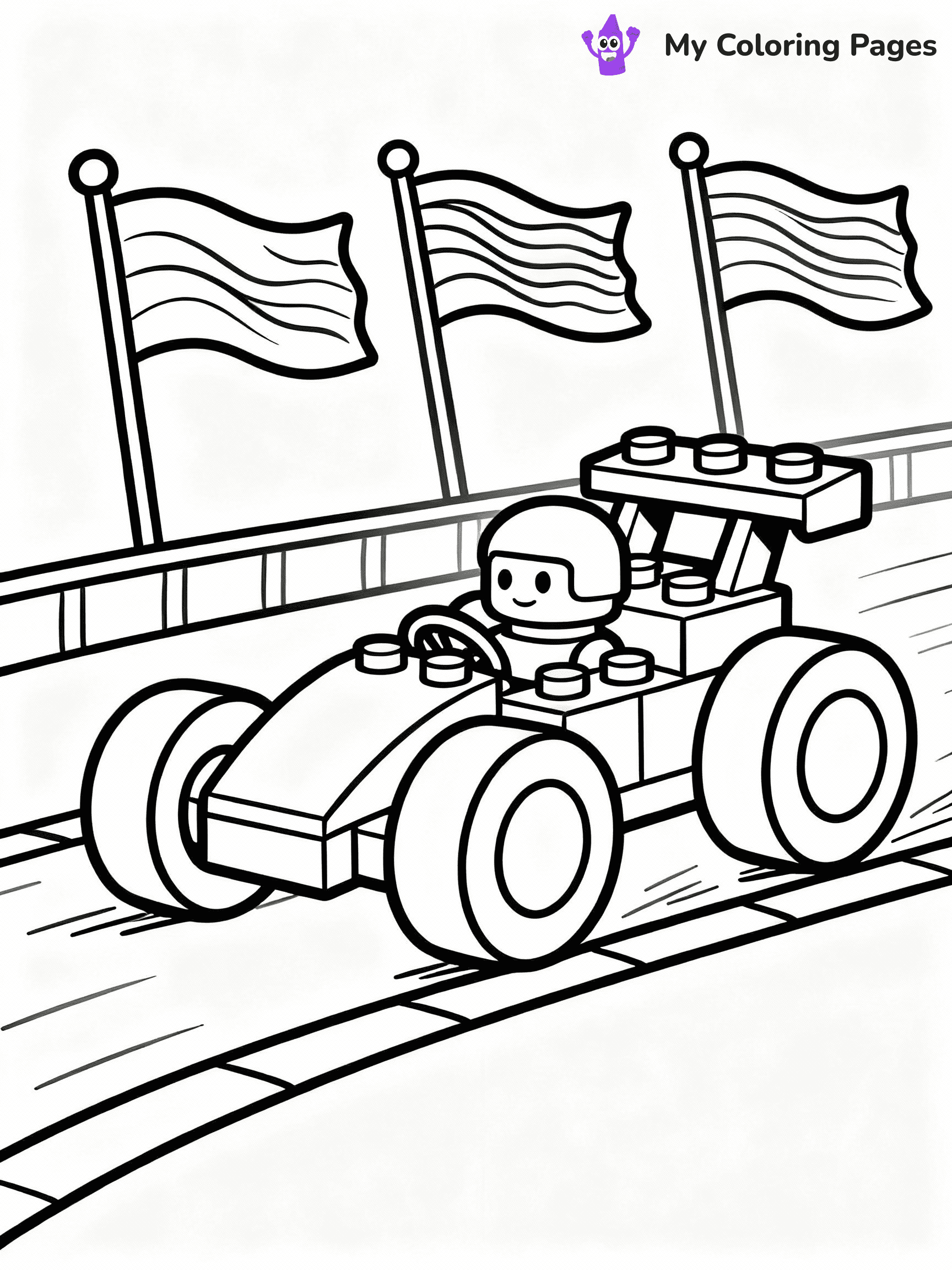 ⚠️ CRITICAL REQUIREMENT - ABSOLUTE BLACK AND WHITE ONLY ⚠️
This MUST be a BLACK AND WHITE line drawing ONLY. NO COLORS whatsoever.
- ONLY pure black lines (#000000) on pure white background (#FFFFFF)
- ABSOLUTELY NO colors, NO shading, NO gradients, NO grayscale
- If there are ANY colors in the output, the image is REJECTED
- This is a COLORING PAGE - meant to be COLORED IN by children
- The output must be UNCOLORED line art ready for coloring
⚠️ SUBJECT TO DRAW: LEGO racer in playful style, zooming on track, oversized wheels, vibrant flags waving in background
(REMEMBER: Output must be BLACK AND WHITE line art only, NOT colored!)
# COLORING PAGE: BLACK OUTLINES ONLY - WHITE BACKGROUND MANDATORY
Create a **coloring book page** using EXACTLY two values: black lines, white space.
## NON-NEGOTIABLE BINARY RULES
- **ONLY #000000 (black) and #FFFFFF (white)** - NO other values exist
- **EVERY PIXEL = BLACK OR WHITE** - no gray/shading/antialiasing
- **WHITE BACKGROUND MANDATORY** - entire canvas stays white
- **ALL SHAPES HOLLOW** - everything is empty outlines waiting to be colored
- **FORBIDDEN:** fills, shading, gradients, patterns, textures, colors
- **NO SOLID REGIONS** - if it's not a thin line, it's wrong
## Universal Line Standards
- Black outlines ONLY - thin, uniform weight
- Every shape completely empty inside
- Closed contours suitable for coloring
- Simple flat illustration - zero depth/3D/realism
- **Style:** Whimsical Doodle Art Alley - rounded, friendly outlines (unless specified)
## Everything = Outline Only
- Characters/animals: hollow shapes
- Objects/clothing: empty contours
- Backgrounds/scenery: line work only
- Natural elements: outlined forms
- Dark/night areas: don't exist (use outlined symbols)
- Textures/patterns: convert to simple lines
## The Test
Can a child color EVERY white space with crayons? If any area is pre-filled/shaded/gray or colored in, it FAILS. Every shape must be waiting to receive color.
**FINAL OUTPUT**: Binary coloring page. Black lines define shapes. White spaces ready for coloring. Nothing else exists. No exceptions. Print-ready.
⚠️ FINAL REMINDER: Draw the subject "LEGO racer in playful style, zooming on track, oversized wheels, vibrant flags waving in background" as BLACK AND WHITE line art. Zero colors in output.