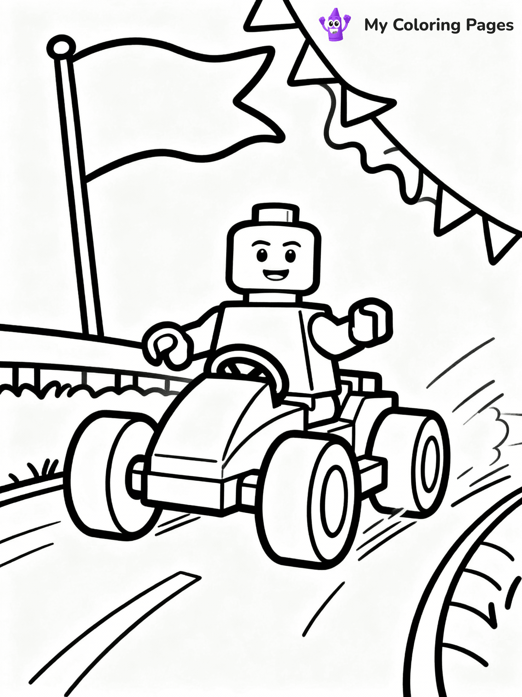 ⚠️ CRITICAL REQUIREMENT - ABSOLUTE BLACK AND WHITE ONLY ⚠️
This MUST be a BLACK AND WHITE line drawing ONLY. NO COLORS whatsoever.
- ONLY pure black lines (#000000) on pure white background (#FFFFFF)
- ABSOLUTELY NO colors, NO shading, NO gradients, NO grayscale
- If there are ANY colors in the output, the image is REJECTED
- This is a COLORING PAGE - meant to be COLORED IN by children
- The output must be UNCOLORED line art ready for coloring
⚠️ SUBJECT TO DRAW: LEGO racer in playful style, zooming on track, oversized wheels, vibrant flags waving in background
(REMEMBER: Output must be BLACK AND WHITE line art only, NOT colored!)
# COLORING PAGE: BLACK OUTLINES ONLY - WHITE BACKGROUND MANDATORY
Create a **coloring book page** using EXACTLY two values: black lines, white space.
## NON-NEGOTIABLE BINARY RULES
- **ONLY #000000 (black) and #FFFFFF (white)** - NO other values exist
- **EVERY PIXEL = BLACK OR WHITE** - no gray/shading/antialiasing
- **WHITE BACKGROUND MANDATORY** - entire canvas stays white
- **ALL SHAPES HOLLOW** - everything is empty outlines waiting to be colored
- **FORBIDDEN:** fills, shading, gradients, patterns, textures, colors
- **NO SOLID REGIONS** - if it's not a thin line, it's wrong
## Universal Line Standards
- Black outlines ONLY - thin, uniform weight
- Every shape completely empty inside
- Closed contours suitable for coloring
- Simple flat illustration - zero depth/3D/realism
- **Style:** Whimsical Doodle Art Alley - rounded, friendly outlines (unless specified)
## Everything = Outline Only
- Characters/animals: hollow shapes
- Objects/clothing: empty contours
- Backgrounds/scenery: line work only
- Natural elements: outlined forms
- Dark/night areas: don't exist (use outlined symbols)
- Textures/patterns: convert to simple lines
## The Test
Can a child color EVERY white space with crayons? If any area is pre-filled/shaded/gray or colored in, it FAILS. Every shape must be waiting to receive color.
**FINAL OUTPUT**: Binary coloring page. Black lines define shapes. White spaces ready for coloring. Nothing else exists. No exceptions. Print-ready.
⚠️ FINAL REMINDER: Draw the subject "LEGO racer in playful style, zooming on track, oversized wheels, vibrant flags waving in background" as BLACK AND WHITE line art. Zero colors in output.