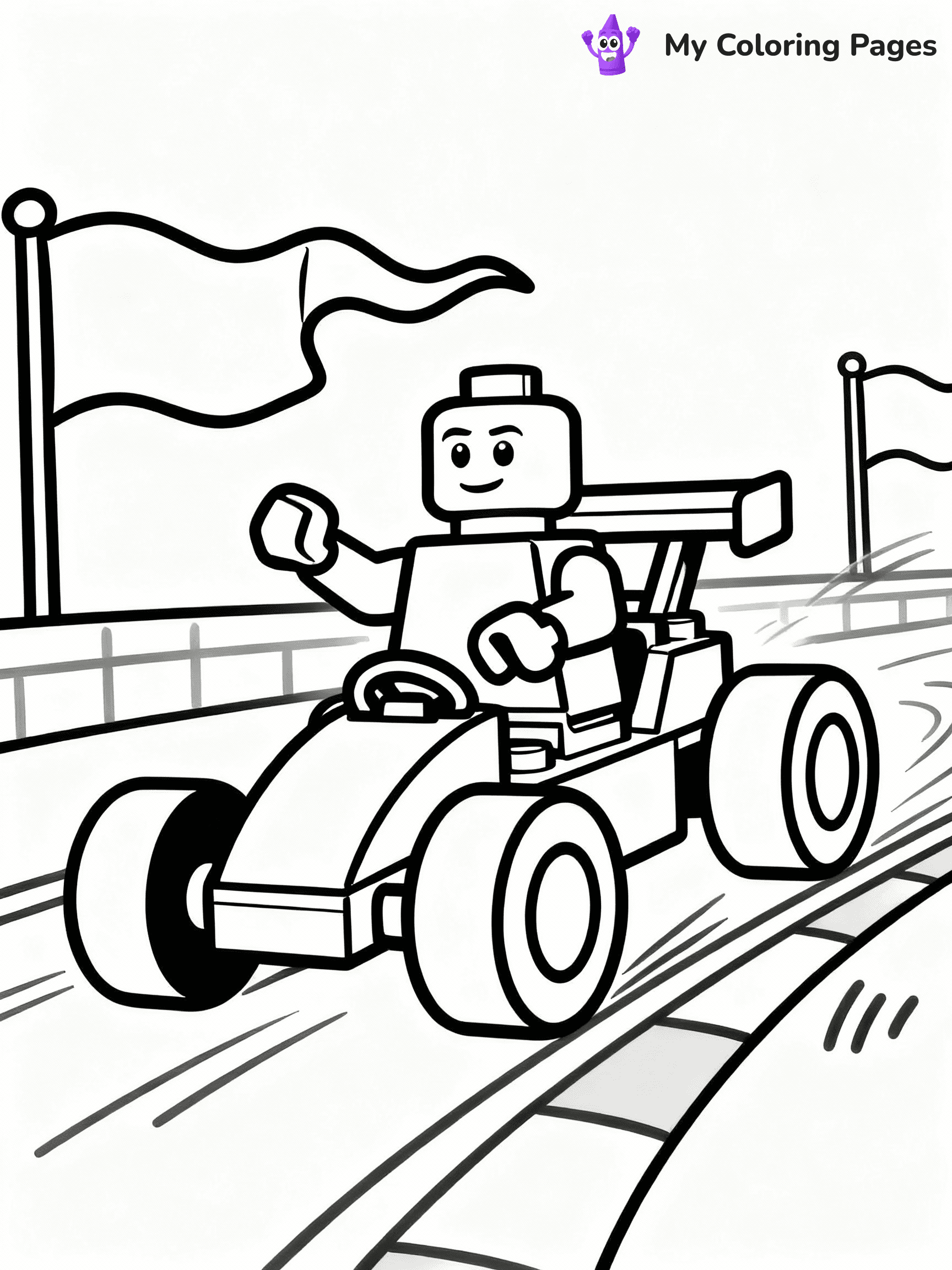 ⚠️ CRITICAL REQUIREMENT - ABSOLUTE BLACK AND WHITE ONLY ⚠️
This MUST be a BLACK AND WHITE line drawing ONLY. NO COLORS whatsoever.
- ONLY pure black lines (#000000) on pure white background (#FFFFFF)
- ABSOLUTELY NO colors, NO shading, NO gradients, NO grayscale
- If there are ANY colors in the output, the image is REJECTED
- This is a COLORING PAGE - meant to be COLORED IN by children
- The output must be UNCOLORED line art ready for coloring
⚠️ SUBJECT TO DRAW: LEGO racer in playful style, zooming on track, oversized wheels, vibrant flags waving in background
(REMEMBER: Output must be BLACK AND WHITE line art only, NOT colored!)
# COLORING PAGE: BLACK OUTLINES ONLY - WHITE BACKGROUND MANDATORY
Create a **coloring book page** using EXACTLY two values: black lines, white space.
## NON-NEGOTIABLE BINARY RULES
- **ONLY #000000 (black) and #FFFFFF (white)** - NO other values exist
- **EVERY PIXEL = BLACK OR WHITE** - no gray/shading/antialiasing
- **WHITE BACKGROUND MANDATORY** - entire canvas stays white
- **ALL SHAPES HOLLOW** - everything is empty outlines waiting to be colored
- **FORBIDDEN:** fills, shading, gradients, patterns, textures, colors
- **NO SOLID REGIONS** - if it's not a thin line, it's wrong
## Universal Line Standards
- Black outlines ONLY - thin, uniform weight
- Every shape completely empty inside
- Closed contours suitable for coloring
- Simple flat illustration - zero depth/3D/realism
- **Style:** Whimsical Doodle Art Alley - rounded, friendly outlines (unless specified)
## Everything = Outline Only
- Characters/animals: hollow shapes
- Objects/clothing: empty contours
- Backgrounds/scenery: line work only
- Natural elements: outlined forms
- Dark/night areas: don't exist (use outlined symbols)
- Textures/patterns: convert to simple lines
## The Test
Can a child color EVERY white space with crayons? If any area is pre-filled/shaded/gray or colored in, it FAILS. Every shape must be waiting to receive color.
**FINAL OUTPUT**: Binary coloring page. Black lines define shapes. White spaces ready for coloring. Nothing else exists. No exceptions. Print-ready.
⚠️ FINAL REMINDER: Draw the subject "LEGO racer in playful style, zooming on track, oversized wheels, vibrant flags waving in background" as BLACK AND WHITE line art. Zero colors in output.