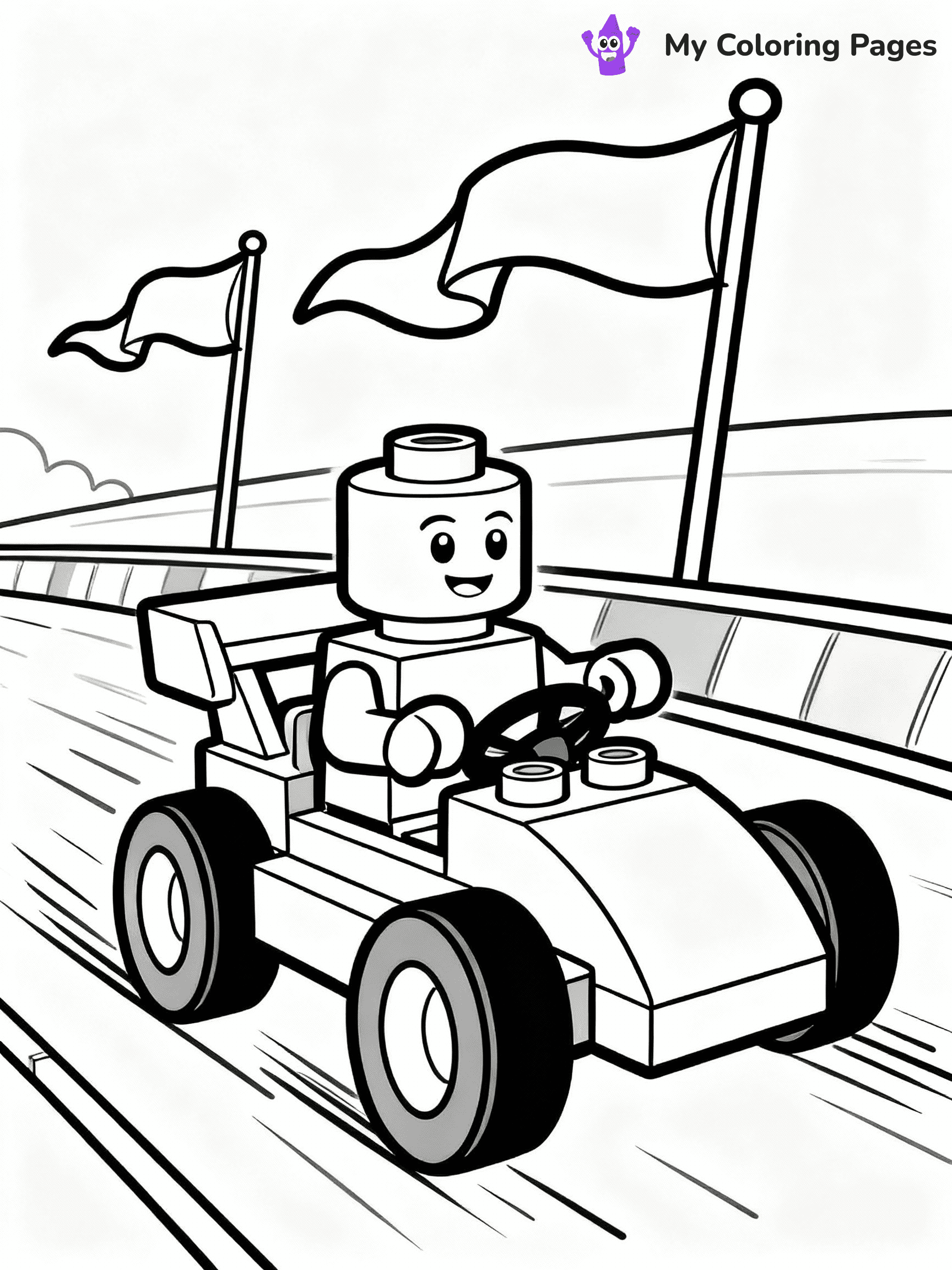 ⚠️ CRITICAL REQUIREMENT - ABSOLUTE BLACK AND WHITE ONLY ⚠️
This MUST be a BLACK AND WHITE line drawing ONLY. NO COLORS whatsoever.
- ONLY pure black lines (#000000) on pure white background (#FFFFFF)
- ABSOLUTELY NO colors, NO shading, NO gradients, NO grayscale
- If there are ANY colors in the output, the image is REJECTED
- This is a COLORING PAGE - meant to be COLORED IN by children
- The output must be UNCOLORED line art ready for coloring
⚠️ SUBJECT TO DRAW: LEGO racer in playful style, zooming on track, oversized wheels, vibrant flags waving in background
(REMEMBER: Output must be BLACK AND WHITE line art only, NOT colored!)
# COLORING PAGE: BLACK OUTLINES ONLY - WHITE BACKGROUND MANDATORY
Create a **coloring book page** using EXACTLY two values: black lines, white space.
## NON-NEGOTIABLE BINARY RULES
- **ONLY #000000 (black) and #FFFFFF (white)** - NO other values exist
- **EVERY PIXEL = BLACK OR WHITE** - no gray/shading/antialiasing
- **WHITE BACKGROUND MANDATORY** - entire canvas stays white
- **ALL SHAPES HOLLOW** - everything is empty outlines waiting to be colored
- **FORBIDDEN:** fills, shading, gradients, patterns, textures, colors
- **NO SOLID REGIONS** - if it's not a thin line, it's wrong
## Universal Line Standards
- Black outlines ONLY - thin, uniform weight
- Every shape completely empty inside
- Closed contours suitable for coloring
- Simple flat illustration - zero depth/3D/realism
- **Style:** Whimsical Doodle Art Alley - rounded, friendly outlines (unless specified)
## Everything = Outline Only
- Characters/animals: hollow shapes
- Objects/clothing: empty contours
- Backgrounds/scenery: line work only
- Natural elements: outlined forms
- Dark/night areas: don't exist (use outlined symbols)
- Textures/patterns: convert to simple lines
## The Test
Can a child color EVERY white space with crayons? If any area is pre-filled/shaded/gray or colored in, it FAILS. Every shape must be waiting to receive color.
**FINAL OUTPUT**: Binary coloring page. Black lines define shapes. White spaces ready for coloring. Nothing else exists. No exceptions. Print-ready.
⚠️ FINAL REMINDER: Draw the subject "LEGO racer in playful style, zooming on track, oversized wheels, vibrant flags waving in background" as BLACK AND WHITE line art. Zero colors in output.