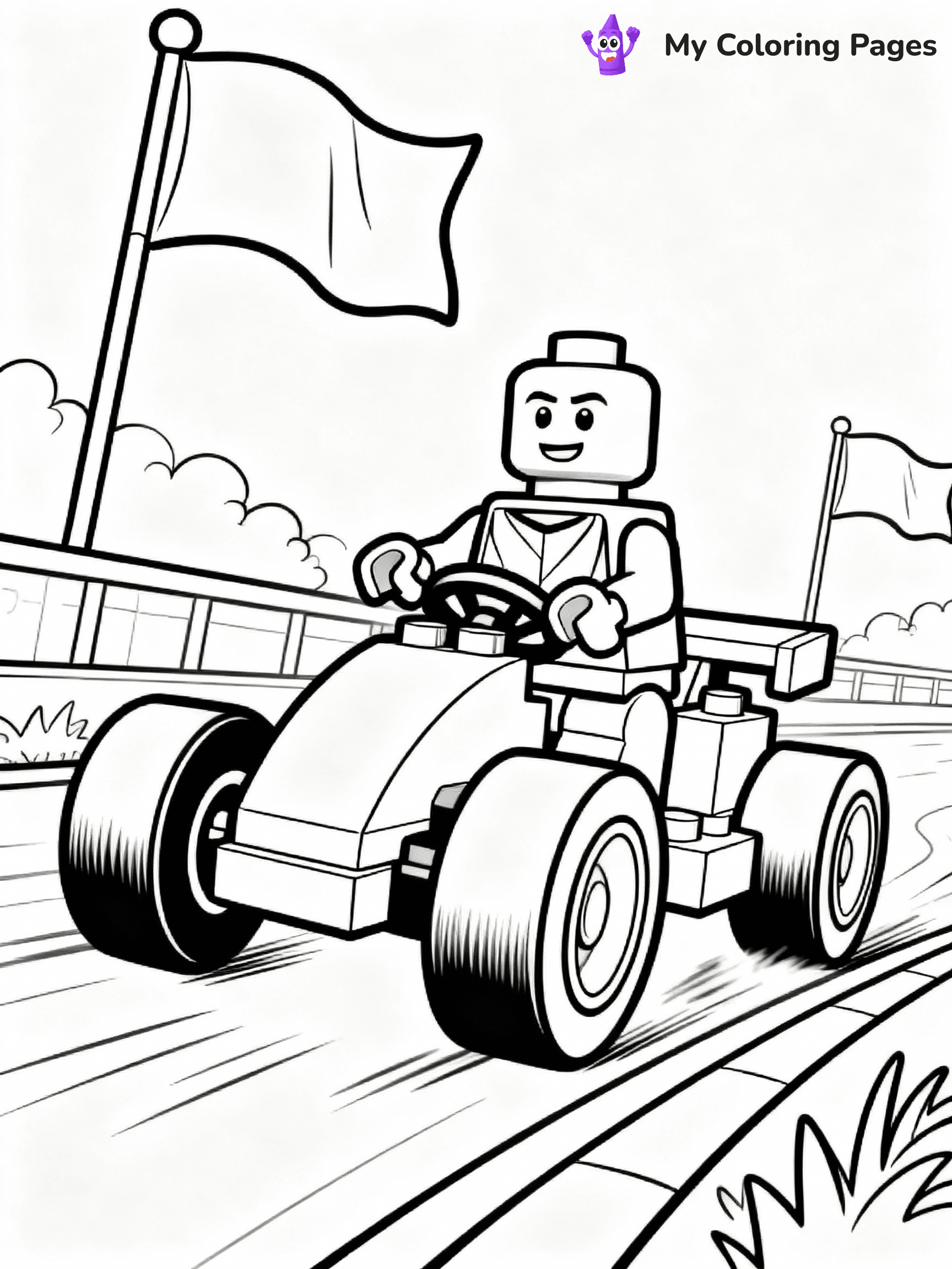 ⚠️ CRITICAL REQUIREMENT - ABSOLUTE BLACK AND WHITE ONLY ⚠️
This MUST be a BLACK AND WHITE line drawing ONLY. NO COLORS whatsoever.
- ONLY pure black lines (#000000) on pure white background (#FFFFFF)
- ABSOLUTELY NO colors, NO shading, NO gradients, NO grayscale
- If there are ANY colors in the output, the image is REJECTED
- This is a COLORING PAGE - meant to be COLORED IN by children
- The output must be UNCOLORED line art ready for coloring
⚠️ SUBJECT TO DRAW: LEGO racer in playful style, zooming on track, oversized wheels, vibrant flags waving in background
(REMEMBER: Output must be BLACK AND WHITE line art only, NOT colored!)
# COLORING PAGE: BLACK OUTLINES ONLY - WHITE BACKGROUND MANDATORY
Create a **coloring book page** using EXACTLY two values: black lines, white space.
## NON-NEGOTIABLE BINARY RULES
- **ONLY #000000 (black) and #FFFFFF (white)** - NO other values exist
- **EVERY PIXEL = BLACK OR WHITE** - no gray/shading/antialiasing
- **WHITE BACKGROUND MANDATORY** - entire canvas stays white
- **ALL SHAPES HOLLOW** - everything is empty outlines waiting to be colored
- **FORBIDDEN:** fills, shading, gradients, patterns, textures, colors
- **NO SOLID REGIONS** - if it's not a thin line, it's wrong
## Universal Line Standards
- Black outlines ONLY - thin, uniform weight
- Every shape completely empty inside
- Closed contours suitable for coloring
- Simple flat illustration - zero depth/3D/realism
- **Style:** Whimsical Doodle Art Alley - rounded, friendly outlines (unless specified)
## Everything = Outline Only
- Characters/animals: hollow shapes
- Objects/clothing: empty contours
- Backgrounds/scenery: line work only
- Natural elements: outlined forms
- Dark/night areas: don't exist (use outlined symbols)
- Textures/patterns: convert to simple lines
## The Test
Can a child color EVERY white space with crayons? If any area is pre-filled/shaded/gray or colored in, it FAILS. Every shape must be waiting to receive color.
**FINAL OUTPUT**: Binary coloring page. Black lines define shapes. White spaces ready for coloring. Nothing else exists. No exceptions. Print-ready.
⚠️ FINAL REMINDER: Draw the subject "LEGO racer in playful style, zooming on track, oversized wheels, vibrant flags waving in background" as BLACK AND WHITE line art. Zero colors in output.