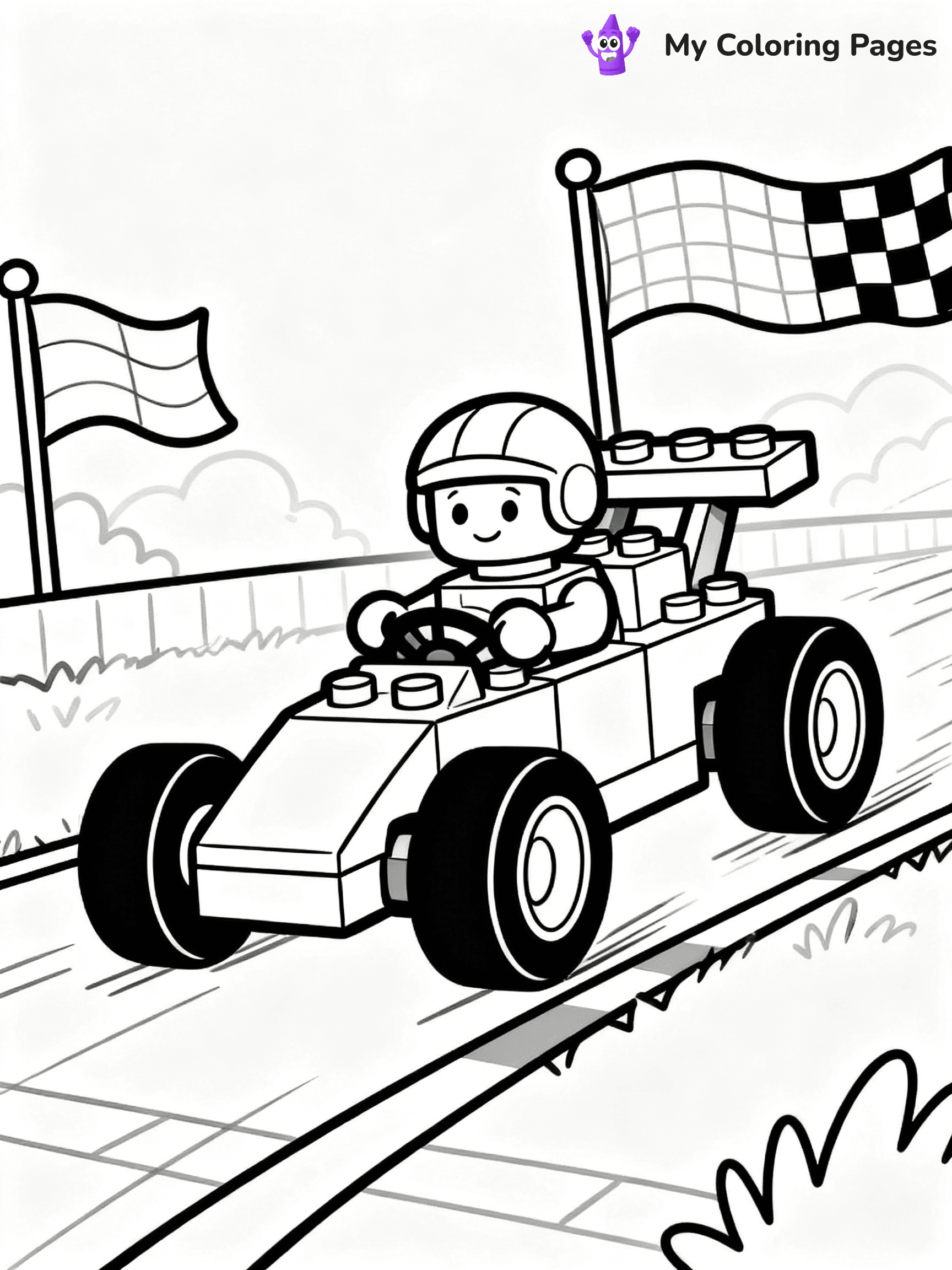 ⚠️ CRITICAL REQUIREMENT - ABSOLUTE BLACK AND WHITE ONLY ⚠️
This MUST be a BLACK AND WHITE line drawing ONLY. NO COLORS whatsoever.
- ONLY pure black lines (#000000) on pure white background (#FFFFFF)
- ABSOLUTELY NO colors, NO shading, NO gradients, NO grayscale
- If there are ANY colors in the output, the image is REJECTED
- This is a COLORING PAGE - meant to be COLORED IN by children
- The output must be UNCOLORED line art ready for coloring
⚠️ SUBJECT TO DRAW: LEGO racer in playful style, zooming on track, oversized wheels, vibrant flags waving in background
(REMEMBER: Output must be BLACK AND WHITE line art only, NOT colored!)
# COLORING PAGE: BLACK OUTLINES ONLY - WHITE BACKGROUND MANDATORY
Create a **coloring book page** using EXACTLY two values: black lines, white space.
## NON-NEGOTIABLE BINARY RULES
- **ONLY #000000 (black) and #FFFFFF (white)** - NO other values exist
- **EVERY PIXEL = BLACK OR WHITE** - no gray/shading/antialiasing
- **WHITE BACKGROUND MANDATORY** - entire canvas stays white
- **ALL SHAPES HOLLOW** - everything is empty outlines waiting to be colored
- **FORBIDDEN:** fills, shading, gradients, patterns, textures, colors
- **NO SOLID REGIONS** - if it's not a thin line, it's wrong
## Universal Line Standards
- Black outlines ONLY - thin, uniform weight
- Every shape completely empty inside
- Closed contours suitable for coloring
- Simple flat illustration - zero depth/3D/realism
- **Style:** Whimsical Doodle Art Alley - rounded, friendly outlines (unless specified)
## Everything = Outline Only
- Characters/animals: hollow shapes
- Objects/clothing: empty contours
- Backgrounds/scenery: line work only
- Natural elements: outlined forms
- Dark/night areas: don't exist (use outlined symbols)
- Textures/patterns: convert to simple lines
## The Test
Can a child color EVERY white space with crayons? If any area is pre-filled/shaded/gray or colored in, it FAILS. Every shape must be waiting to receive color.
**FINAL OUTPUT**: Binary coloring page. Black lines define shapes. White spaces ready for coloring. Nothing else exists. No exceptions. Print-ready.
⚠️ FINAL REMINDER: Draw the subject "LEGO racer in playful style, zooming on track, oversized wheels, vibrant flags waving in background" as BLACK AND WHITE line art. Zero colors in output.