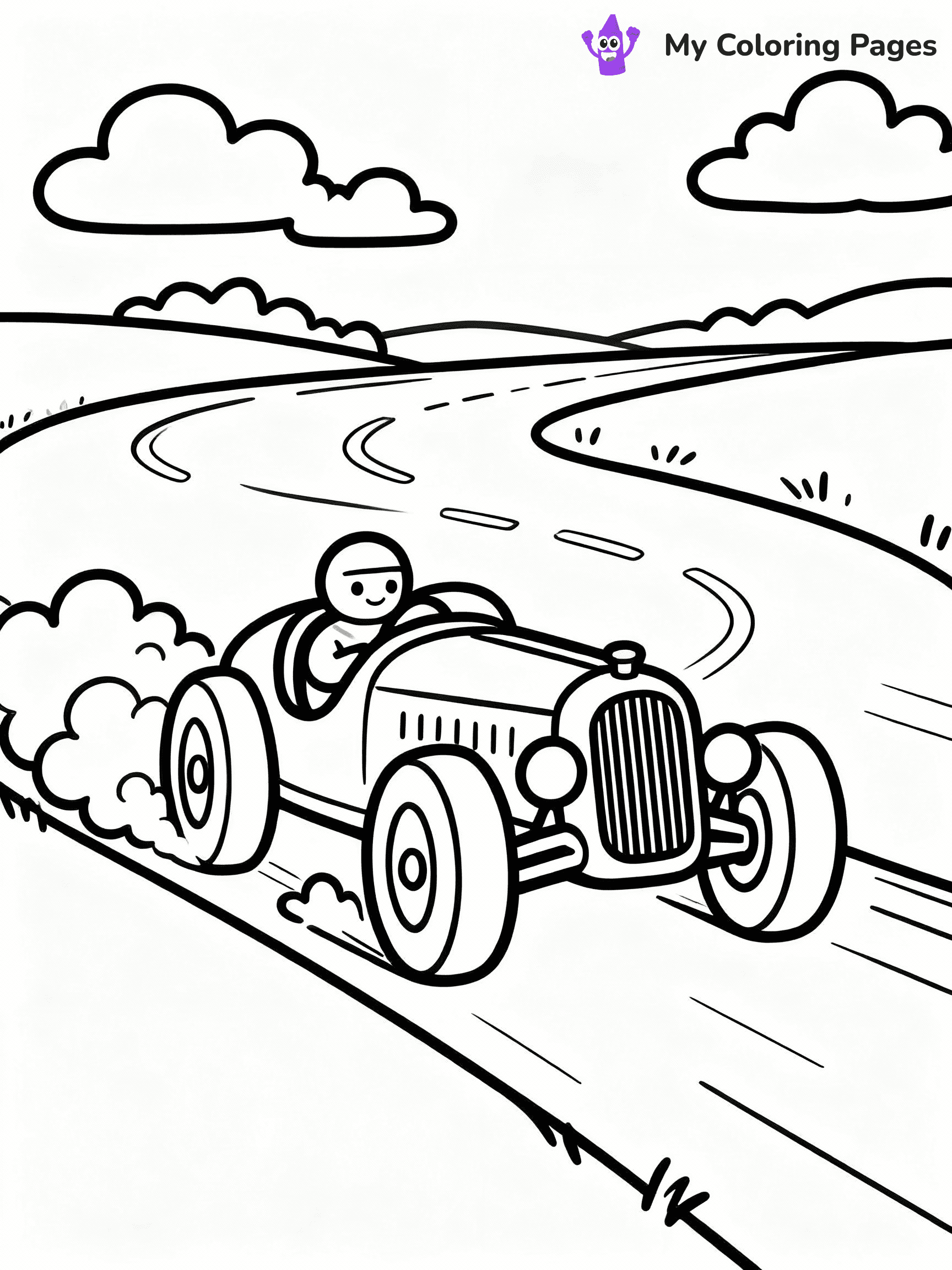 ⚠️ CRITICAL REQUIREMENT - ABSOLUTE BLACK AND WHITE ONLY ⚠️
This MUST be a BLACK AND WHITE line drawing ONLY. NO COLORS whatsoever.
- ONLY pure black lines (#000000) on pure white background (#FFFFFF)
- ABSOLUTELY NO colors, NO shading, NO gradients, NO grayscale
- If there are ANY colors in the output, the image is REJECTED
- This is a COLORING PAGE - meant to be COLORED IN by children
- The output must be UNCOLORED line art ready for coloring
⚠️ SUBJECT TO DRAW: Vintage race car in classic style, racing on winding road, clouds of dust kicked up behind
(REMEMBER: Output must be BLACK AND WHITE line art only, NOT colored!)
# COLORING PAGE: BLACK OUTLINES ONLY - WHITE BACKGROUND MANDATORY
Create a **coloring book page** using EXACTLY two values: black lines, white space.
## NON-NEGOTIABLE BINARY RULES
- **ONLY #000000 (black) and #FFFFFF (white)** - NO other values exist
- **EVERY PIXEL = BLACK OR WHITE** - no gray/shading/antialiasing
- **WHITE BACKGROUND MANDATORY** - entire canvas stays white
- **ALL SHAPES HOLLOW** - everything is empty outlines waiting to be colored
- **FORBIDDEN:** fills, shading, gradients, patterns, textures, colors
- **NO SOLID REGIONS** - if it's not a thin line, it's wrong
## Universal Line Standards
- Black outlines ONLY - thin, uniform weight
- Every shape completely empty inside
- Closed contours suitable for coloring
- Simple flat illustration - zero depth/3D/realism
- **Style:** Whimsical Doodle Art Alley - rounded, friendly outlines (unless specified)
## Everything = Outline Only
- Characters/animals: hollow shapes
- Objects/clothing: empty contours
- Backgrounds/scenery: line work only
- Natural elements: outlined forms
- Dark/night areas: don't exist (use outlined symbols)
- Textures/patterns: convert to simple lines
## The Test
Can a child color EVERY white space with crayons? If any area is pre-filled/shaded/gray or colored in, it FAILS. Every shape must be waiting to receive color.
**FINAL OUTPUT**: Binary coloring page. Black lines define shapes. White spaces ready for coloring. Nothing else exists. No exceptions. Print-ready.
⚠️ FINAL REMINDER: Draw the subject "Vintage race car in classic style, racing on winding road, clouds of dust kicked up behind" as BLACK AND WHITE line art. Zero colors in output.