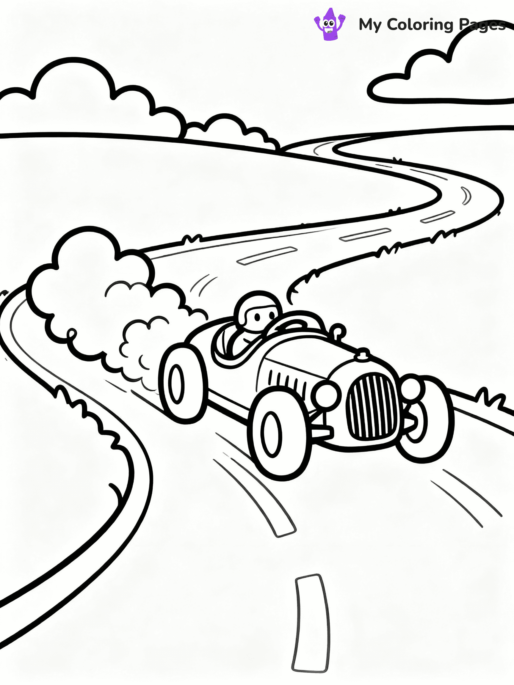 ⚠️ CRITICAL REQUIREMENT - ABSOLUTE BLACK AND WHITE ONLY ⚠️
This MUST be a BLACK AND WHITE line drawing ONLY. NO COLORS whatsoever.
- ONLY pure black lines (#000000) on pure white background (#FFFFFF)
- ABSOLUTELY NO colors, NO shading, NO gradients, NO grayscale
- If there are ANY colors in the output, the image is REJECTED
- This is a COLORING PAGE - meant to be COLORED IN by children
- The output must be UNCOLORED line art ready for coloring
⚠️ SUBJECT TO DRAW: Vintage race car in classic style, racing on winding road, clouds of dust kicked up behind
(REMEMBER: Output must be BLACK AND WHITE line art only, NOT colored!)
# COLORING PAGE: BLACK OUTLINES ONLY - WHITE BACKGROUND MANDATORY
Create a **coloring book page** using EXACTLY two values: black lines, white space.
## NON-NEGOTIABLE BINARY RULES
- **ONLY #000000 (black) and #FFFFFF (white)** - NO other values exist
- **EVERY PIXEL = BLACK OR WHITE** - no gray/shading/antialiasing
- **WHITE BACKGROUND MANDATORY** - entire canvas stays white
- **ALL SHAPES HOLLOW** - everything is empty outlines waiting to be colored
- **FORBIDDEN:** fills, shading, gradients, patterns, textures, colors
- **NO SOLID REGIONS** - if it's not a thin line, it's wrong
## Universal Line Standards
- Black outlines ONLY - thin, uniform weight
- Every shape completely empty inside
- Closed contours suitable for coloring
- Simple flat illustration - zero depth/3D/realism
- **Style:** Whimsical Doodle Art Alley - rounded, friendly outlines (unless specified)
## Everything = Outline Only
- Characters/animals: hollow shapes
- Objects/clothing: empty contours
- Backgrounds/scenery: line work only
- Natural elements: outlined forms
- Dark/night areas: don't exist (use outlined symbols)
- Textures/patterns: convert to simple lines
## The Test
Can a child color EVERY white space with crayons? If any area is pre-filled/shaded/gray or colored in, it FAILS. Every shape must be waiting to receive color.
**FINAL OUTPUT**: Binary coloring page. Black lines define shapes. White spaces ready for coloring. Nothing else exists. No exceptions. Print-ready.
⚠️ FINAL REMINDER: Draw the subject "Vintage race car in classic style, racing on winding road, clouds of dust kicked up behind" as BLACK AND WHITE line art. Zero colors in output.