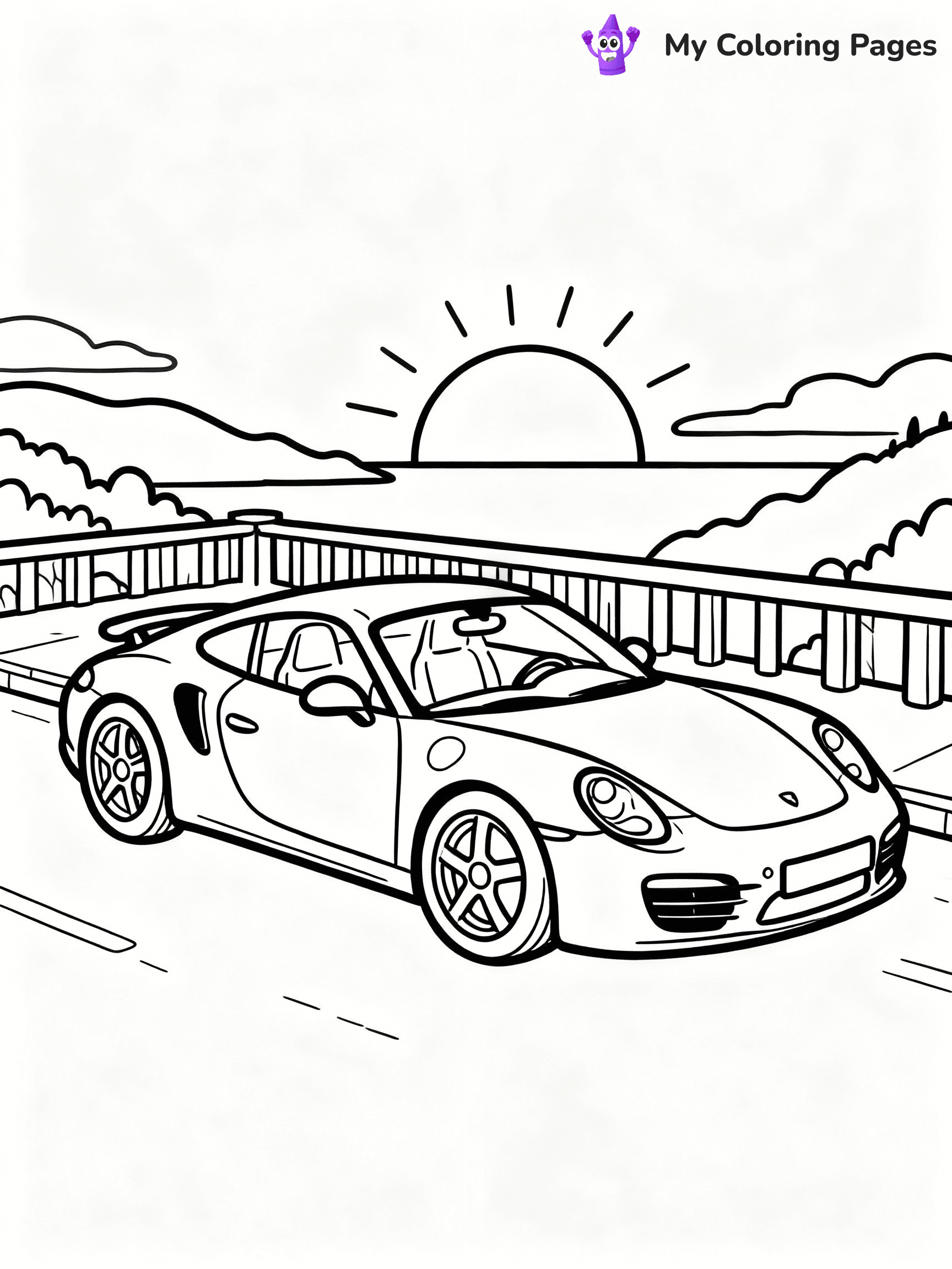 ⚠️ CRITICAL REQUIREMENT - ABSOLUTE BLACK AND WHITE ONLY ⚠️
This MUST be a BLACK AND WHITE line drawing ONLY. NO COLORS whatsoever.
- ONLY pure black lines (#000000) on pure white background (#FFFFFF)
- ABSOLUTELY NO colors, NO shading, NO gradients, NO grayscale
- If there are ANY colors in the output, the image is REJECTED
- This is a COLORING PAGE - meant to be COLORED IN by children
- The output must be UNCOLORED line art ready for coloring
⚠️ SUBJECT TO DRAW: European sports car in sleek design, parked on scenic overlook, sun setting in the background
(REMEMBER: Output must be BLACK AND WHITE line art only, NOT colored!)
# COLORING PAGE: BLACK OUTLINES ONLY - WHITE BACKGROUND MANDATORY
Create a **coloring book page** using EXACTLY two values: black lines, white space.
## NON-NEGOTIABLE BINARY RULES
- **ONLY #000000 (black) and #FFFFFF (white)** - NO other values exist
- **EVERY PIXEL = BLACK OR WHITE** - no gray/shading/antialiasing
- **WHITE BACKGROUND MANDATORY** - entire canvas stays white
- **ALL SHAPES HOLLOW** - everything is empty outlines waiting to be colored
- **FORBIDDEN:** fills, shading, gradients, patterns, textures, colors
- **NO SOLID REGIONS** - if it's not a thin line, it's wrong
## Universal Line Standards
- Black outlines ONLY - thin, uniform weight
- Every shape completely empty inside
- Closed contours suitable for coloring
- Simple flat illustration - zero depth/3D/realism
- **Style:** Whimsical Doodle Art Alley - rounded, friendly outlines (unless specified)
## Everything = Outline Only
- Characters/animals: hollow shapes
- Objects/clothing: empty contours
- Backgrounds/scenery: line work only
- Natural elements: outlined forms
- Dark/night areas: don't exist (use outlined symbols)
- Textures/patterns: convert to simple lines
## The Test
Can a child color EVERY white space with crayons? If any area is pre-filled/shaded/gray or colored in, it FAILS. Every shape must be waiting to receive color.
**FINAL OUTPUT**: Binary coloring page. Black lines define shapes. White spaces ready for coloring. Nothing else exists. No exceptions. Print-ready.
⚠️ FINAL REMINDER: Draw the subject "European sports car in sleek design, parked on scenic overlook, sun setting in the background" as BLACK AND WHITE line art. Zero colors in output.