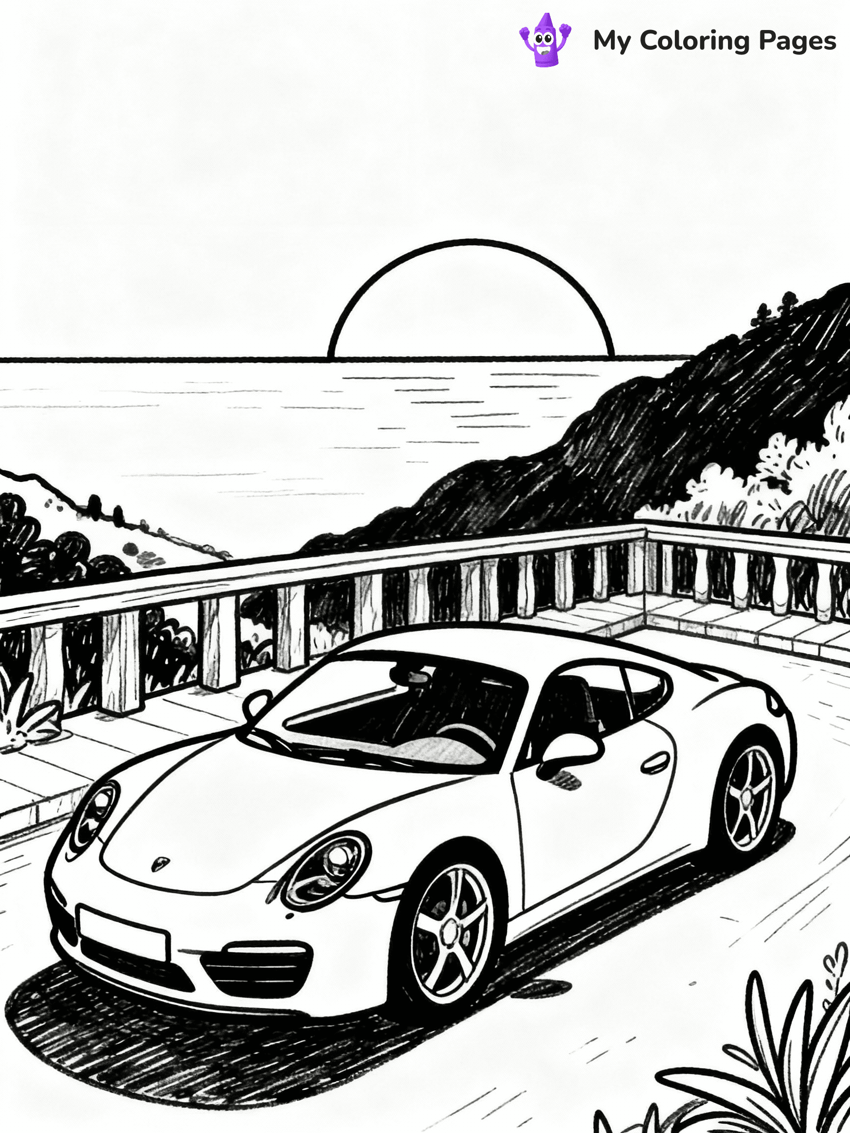 ⚠️ CRITICAL REQUIREMENT - ABSOLUTE BLACK AND WHITE ONLY ⚠️
This MUST be a BLACK AND WHITE line drawing ONLY. NO COLORS whatsoever.
- ONLY pure black lines (#000000) on pure white background (#FFFFFF)
- ABSOLUTELY NO colors, NO shading, NO gradients, NO grayscale
- If there are ANY colors in the output, the image is REJECTED
- This is a COLORING PAGE - meant to be COLORED IN by children
- The output must be UNCOLORED line art ready for coloring
⚠️ SUBJECT TO DRAW: European sports car in sleek design, parked on scenic overlook, sun setting in the background
(REMEMBER: Output must be BLACK AND WHITE line art only, NOT colored!)
# COLORING PAGE: BLACK OUTLINES ONLY - WHITE BACKGROUND MANDATORY
Create a **coloring book page** using EXACTLY two values: black lines, white space.
## NON-NEGOTIABLE BINARY RULES
- **ONLY #000000 (black) and #FFFFFF (white)** - NO other values exist
- **EVERY PIXEL = BLACK OR WHITE** - no gray/shading/antialiasing
- **WHITE BACKGROUND MANDATORY** - entire canvas stays white
- **ALL SHAPES HOLLOW** - everything is empty outlines waiting to be colored
- **FORBIDDEN:** fills, shading, gradients, patterns, textures, colors
- **NO SOLID REGIONS** - if it's not a thin line, it's wrong
## Universal Line Standards
- Black outlines ONLY - thin, uniform weight
- Every shape completely empty inside
- Closed contours suitable for coloring
- Simple flat illustration - zero depth/3D/realism
- **Style:** Whimsical Doodle Art Alley - rounded, friendly outlines (unless specified)
## Everything = Outline Only
- Characters/animals: hollow shapes
- Objects/clothing: empty contours
- Backgrounds/scenery: line work only
- Natural elements: outlined forms
- Dark/night areas: don't exist (use outlined symbols)
- Textures/patterns: convert to simple lines
## The Test
Can a child color EVERY white space with crayons? If any area is pre-filled/shaded/gray or colored in, it FAILS. Every shape must be waiting to receive color.
**FINAL OUTPUT**: Binary coloring page. Black lines define shapes. White spaces ready for coloring. Nothing else exists. No exceptions. Print-ready.
⚠️ FINAL REMINDER: Draw the subject "European sports car in sleek design, parked on scenic overlook, sun setting in the background" as BLACK AND WHITE line art. Zero colors in output.