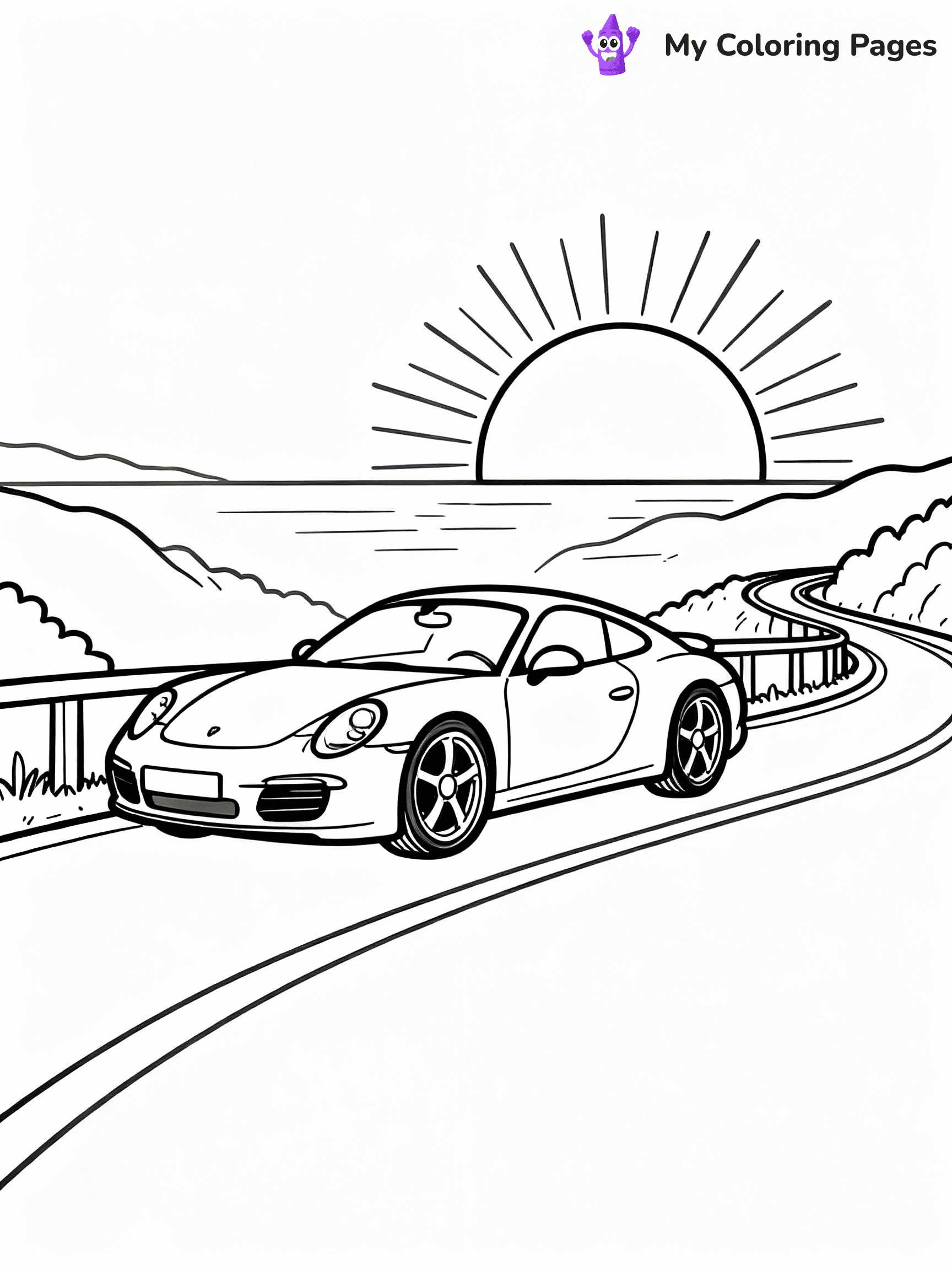 ⚠️ CRITICAL REQUIREMENT - ABSOLUTE BLACK AND WHITE ONLY ⚠️
This MUST be a BLACK AND WHITE line drawing ONLY. NO COLORS whatsoever.
- ONLY pure black lines (#000000) on pure white background (#FFFFFF)
- ABSOLUTELY NO colors, NO shading, NO gradients, NO grayscale
- If there are ANY colors in the output, the image is REJECTED
- This is a COLORING PAGE - meant to be COLORED IN by children
- The output must be UNCOLORED line art ready for coloring
⚠️ SUBJECT TO DRAW: European sports car in sleek design, parked on scenic overlook, sun setting in the background
(REMEMBER: Output must be BLACK AND WHITE line art only, NOT colored!)
# COLORING PAGE: BLACK OUTLINES ONLY - WHITE BACKGROUND MANDATORY
Create a **coloring book page** using EXACTLY two values: black lines, white space.
## NON-NEGOTIABLE BINARY RULES
- **ONLY #000000 (black) and #FFFFFF (white)** - NO other values exist
- **EVERY PIXEL = BLACK OR WHITE** - no gray/shading/antialiasing
- **WHITE BACKGROUND MANDATORY** - entire canvas stays white
- **ALL SHAPES HOLLOW** - everything is empty outlines waiting to be colored
- **FORBIDDEN:** fills, shading, gradients, patterns, textures, colors
- **NO SOLID REGIONS** - if it's not a thin line, it's wrong
## Universal Line Standards
- Black outlines ONLY - thin, uniform weight
- Every shape completely empty inside
- Closed contours suitable for coloring
- Simple flat illustration - zero depth/3D/realism
- **Style:** Whimsical Doodle Art Alley - rounded, friendly outlines (unless specified)
## Everything = Outline Only
- Characters/animals: hollow shapes
- Objects/clothing: empty contours
- Backgrounds/scenery: line work only
- Natural elements: outlined forms
- Dark/night areas: don't exist (use outlined symbols)
- Textures/patterns: convert to simple lines
## The Test
Can a child color EVERY white space with crayons? If any area is pre-filled/shaded/gray or colored in, it FAILS. Every shape must be waiting to receive color.
**FINAL OUTPUT**: Binary coloring page. Black lines define shapes. White spaces ready for coloring. Nothing else exists. No exceptions. Print-ready.
⚠️ FINAL REMINDER: Draw the subject "European sports car in sleek design, parked on scenic overlook, sun setting in the background" as BLACK AND WHITE line art. Zero colors in output.