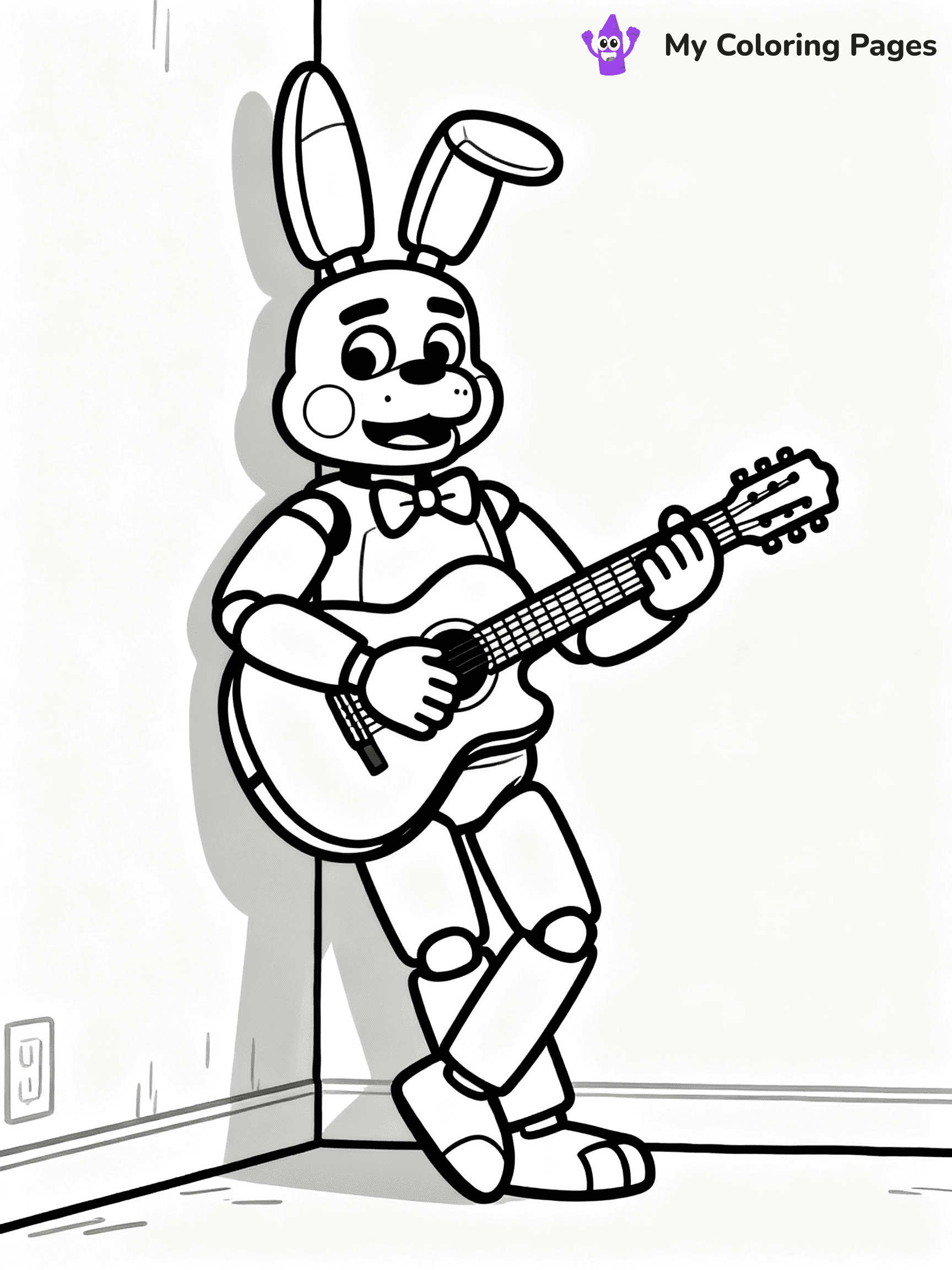 ⚠️ CRITICAL REQUIREMENT - ABSOLUTE BLACK AND WHITE ONLY ⚠️
This MUST be a BLACK AND WHITE line drawing ONLY. NO COLORS whatsoever.
- ONLY pure black lines (#000000) on pure white background (#FFFFFF)
- ABSOLUTELY NO colors, NO shading, NO gradients, NO grayscale
- If there are ANY colors in the output, the image is REJECTED
- This is a COLORING PAGE - meant to be COLORED IN by children
- The output must be UNCOLORED line art ready for coloring
⚠️ SUBJECT TO DRAW: Bonnie the Bunny from Five Nights at Freddy's in FNaF style, playing guitar, leaning against a wall
(REMEMBER: Output must be BLACK AND WHITE line art only, NOT colored!)
# COLORING PAGE: BLACK OUTLINES ONLY - WHITE BACKGROUND MANDATORY
Create a **coloring book page** using EXACTLY two values: black lines, white space.
## NON-NEGOTIABLE BINARY RULES
- **ONLY #000000 (black) and #FFFFFF (white)** - NO other values exist
- **EVERY PIXEL = BLACK OR WHITE** - no gray/shading/antialiasing
- **WHITE BACKGROUND MANDATORY** - entire canvas stays white
- **ALL SHAPES HOLLOW** - everything is empty outlines waiting to be colored
- **FORBIDDEN:** fills, shading, gradients, patterns, textures, colors
- **NO SOLID REGIONS** - if it's not a thin line, it's wrong
## Universal Line Standards
- Black outlines ONLY - thin, uniform weight
- Every shape completely empty inside
- Closed contours suitable for coloring
- Simple flat illustration - zero depth/3D/realism
- **Style:** Whimsical Doodle Art Alley - rounded, friendly outlines (unless specified)
## Everything = Outline Only
- Characters/animals: hollow shapes
- Objects/clothing: empty contours
- Backgrounds/scenery: line work only
- Natural elements: outlined forms
- Dark/night areas: don't exist (use outlined symbols)
- Textures/patterns: convert to simple lines
## The Test
Can a child color EVERY white space with crayons? If any area is pre-filled/shaded/gray or colored in, it FAILS. Every shape must be waiting to receive color.
**FINAL OUTPUT**: Binary coloring page. Black lines define shapes. White spaces ready for coloring. Nothing else exists. No exceptions. Print-ready.
⚠️ FINAL REMINDER: Draw the subject "Bonnie the Bunny from Five Nights at Freddy's in FNaF style, playing guitar, leaning against a wall" as BLACK AND WHITE line art. Zero colors in output.