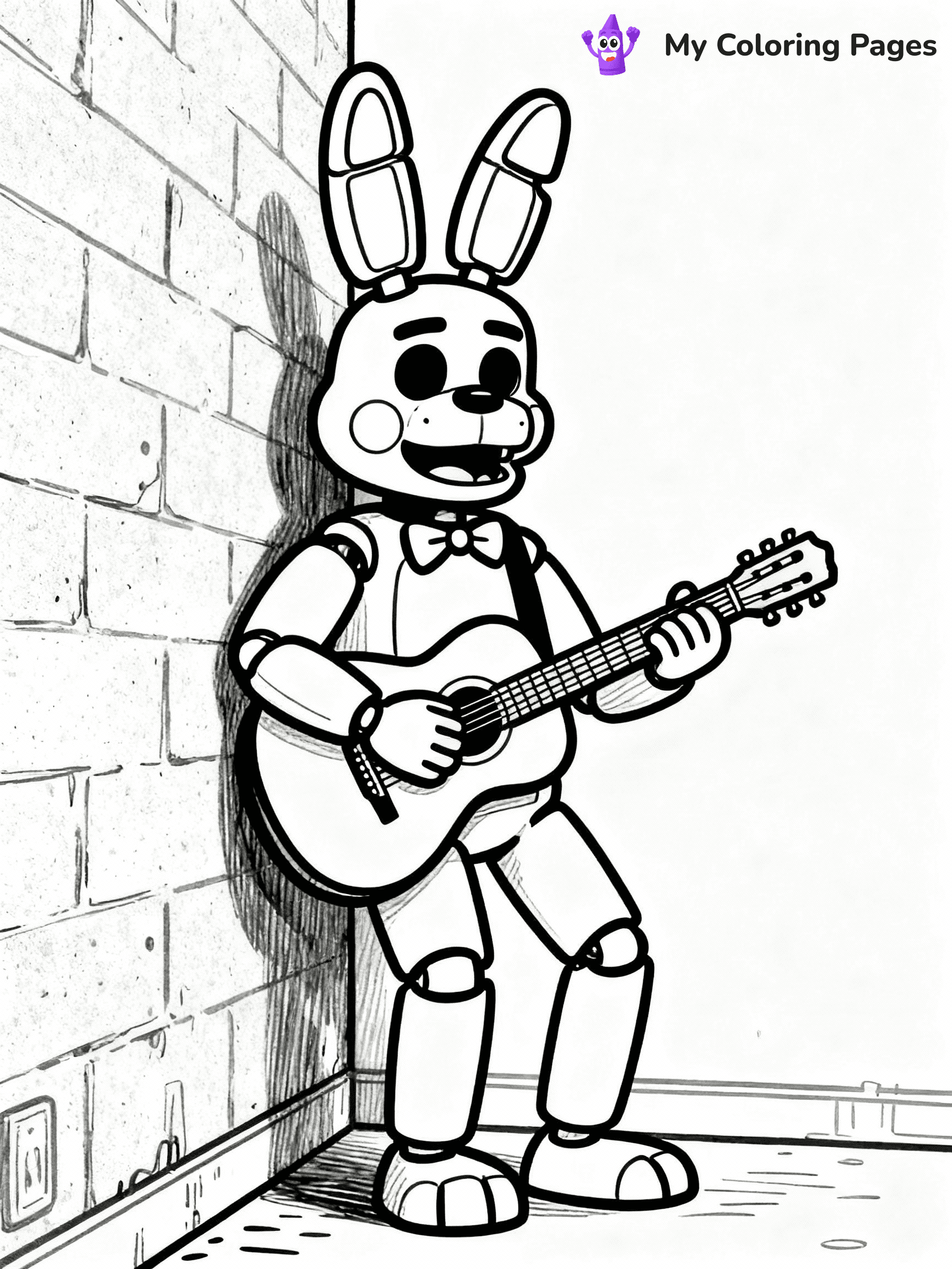 ⚠️ CRITICAL REQUIREMENT - ABSOLUTE BLACK AND WHITE ONLY ⚠️
This MUST be a BLACK AND WHITE line drawing ONLY. NO COLORS whatsoever.
- ONLY pure black lines (#000000) on pure white background (#FFFFFF)
- ABSOLUTELY NO colors, NO shading, NO gradients, NO grayscale
- If there are ANY colors in the output, the image is REJECTED
- This is a COLORING PAGE - meant to be COLORED IN by children
- The output must be UNCOLORED line art ready for coloring
⚠️ SUBJECT TO DRAW: Bonnie the Bunny from Five Nights at Freddy's in FNaF style, playing guitar, leaning against a wall
(REMEMBER: Output must be BLACK AND WHITE line art only, NOT colored!)
# COLORING PAGE: BLACK OUTLINES ONLY - WHITE BACKGROUND MANDATORY
Create a **coloring book page** using EXACTLY two values: black lines, white space.
## NON-NEGOTIABLE BINARY RULES
- **ONLY #000000 (black) and #FFFFFF (white)** - NO other values exist
- **EVERY PIXEL = BLACK OR WHITE** - no gray/shading/antialiasing
- **WHITE BACKGROUND MANDATORY** - entire canvas stays white
- **ALL SHAPES HOLLOW** - everything is empty outlines waiting to be colored
- **FORBIDDEN:** fills, shading, gradients, patterns, textures, colors
- **NO SOLID REGIONS** - if it's not a thin line, it's wrong
## Universal Line Standards
- Black outlines ONLY - thin, uniform weight
- Every shape completely empty inside
- Closed contours suitable for coloring
- Simple flat illustration - zero depth/3D/realism
- **Style:** Whimsical Doodle Art Alley - rounded, friendly outlines (unless specified)
## Everything = Outline Only
- Characters/animals: hollow shapes
- Objects/clothing: empty contours
- Backgrounds/scenery: line work only
- Natural elements: outlined forms
- Dark/night areas: don't exist (use outlined symbols)
- Textures/patterns: convert to simple lines
## The Test
Can a child color EVERY white space with crayons? If any area is pre-filled/shaded/gray or colored in, it FAILS. Every shape must be waiting to receive color.
**FINAL OUTPUT**: Binary coloring page. Black lines define shapes. White spaces ready for coloring. Nothing else exists. No exceptions. Print-ready.
⚠️ FINAL REMINDER: Draw the subject "Bonnie the Bunny from Five Nights at Freddy's in FNaF style, playing guitar, leaning against a wall" as BLACK AND WHITE line art. Zero colors in output.