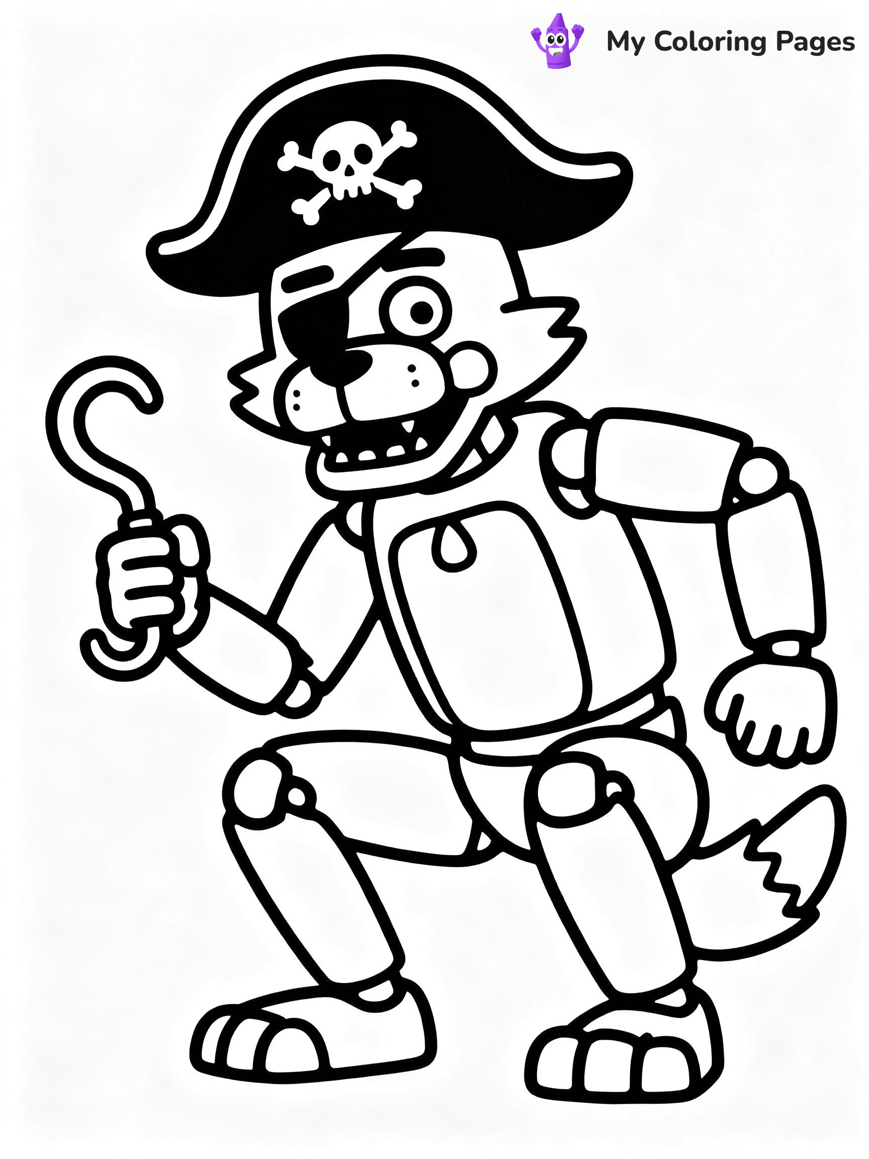 ⚠️ CRITICAL REQUIREMENT - ABSOLUTE BLACK AND WHITE ONLY ⚠️
This MUST be a BLACK AND WHITE line drawing ONLY. NO COLORS whatsoever.
- ONLY pure black lines (#000000) on pure white background (#FFFFFF)
- ABSOLUTELY NO colors, NO shading, NO gradients, NO grayscale
- If there are ANY colors in the output, the image is REJECTED
- This is a COLORING PAGE - meant to be COLORED IN by children
- The output must be UNCOLORED line art ready for coloring
⚠️ SUBJECT TO DRAW: Foxy the Pirate from Five Nights at Freddy's in FNaF style, pirate hat on, holding a hook, crouched
(REMEMBER: Output must be BLACK AND WHITE line art only, NOT colored!)
# COLORING PAGE: BLACK OUTLINES ONLY - WHITE BACKGROUND MANDATORY
Create a **coloring book page** using EXACTLY two values: black lines, white space.
## NON-NEGOTIABLE BINARY RULES
- **ONLY #000000 (black) and #FFFFFF (white)** - NO other values exist
- **EVERY PIXEL = BLACK OR WHITE** - no gray/shading/antialiasing
- **WHITE BACKGROUND MANDATORY** - entire canvas stays white
- **ALL SHAPES HOLLOW** - everything is empty outlines waiting to be colored
- **FORBIDDEN:** fills, shading, gradients, patterns, textures, colors
- **NO SOLID REGIONS** - if it's not a thin line, it's wrong
## Universal Line Standards
- Black outlines ONLY - thin, uniform weight
- Every shape completely empty inside
- Closed contours suitable for coloring
- Simple flat illustration - zero depth/3D/realism
- **Style:** Whimsical Doodle Art Alley - rounded, friendly outlines (unless specified)
## Everything = Outline Only
- Characters/animals: hollow shapes
- Objects/clothing: empty contours
- Backgrounds/scenery: line work only
- Natural elements: outlined forms
- Dark/night areas: don't exist (use outlined symbols)
- Textures/patterns: convert to simple lines
## The Test
Can a child color EVERY white space with crayons? If any area is pre-filled/shaded/gray or colored in, it FAILS. Every shape must be waiting to receive color.
**FINAL OUTPUT**: Binary coloring page. Black lines define shapes. White spaces ready for coloring. Nothing else exists. No exceptions. Print-ready.
⚠️ FINAL REMINDER: Draw the subject "Foxy the Pirate from Five Nights at Freddy's in FNaF style, pirate hat on, holding a hook, crouched" as BLACK AND WHITE line art. Zero colors in output.