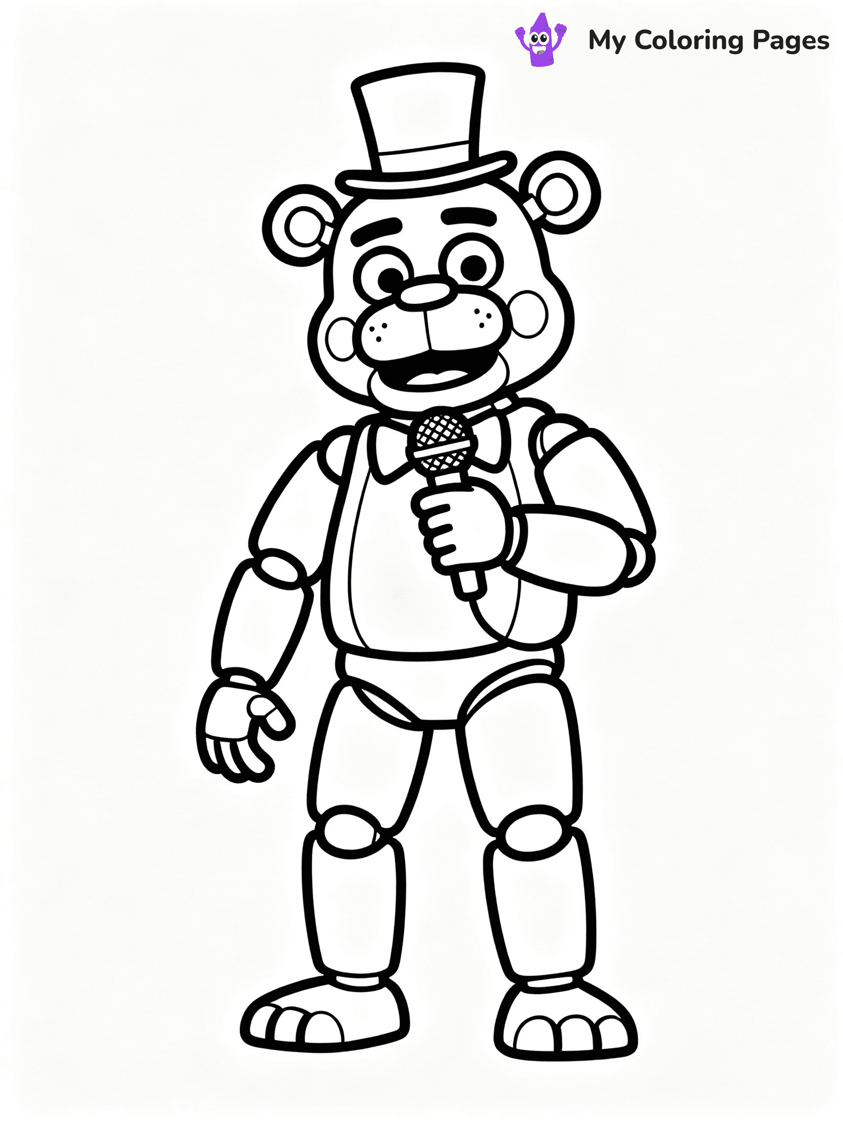 ⚠️ CRITICAL REQUIREMENT - ABSOLUTE BLACK AND WHITE ONLY ⚠️
This MUST be a BLACK AND WHITE line drawing ONLY. NO COLORS whatsoever.
- ONLY pure black lines (#000000) on pure white background (#FFFFFF)
- ABSOLUTELY NO colors, NO shading, NO gradients, NO grayscale
- If there are ANY colors in the output, the image is REJECTED
- This is a COLORING PAGE - meant to be COLORED IN by children
- The output must be UNCOLORED line art ready for coloring
⚠️ SUBJECT TO DRAW: Freddy Fazbear from Five Nights at Freddy's in FNaF style, wearing a top hat, microphone in han
(REMEMBER: Output must be BLACK AND WHITE line art only, NOT colored!)
# COLORING PAGE: BLACK OUTLINES ONLY - WHITE BACKGROUND MANDATORY
Create a **coloring book page** using EXACTLY two values: black lines, white space.
## NON-NEGOTIABLE BINARY RULES
- **ONLY #000000 (black) and #FFFFFF (white)** - NO other values exist
- **EVERY PIXEL = BLACK OR WHITE** - no gray/shading/antialiasing
- **WHITE BACKGROUND MANDATORY** - entire canvas stays white
- **ALL SHAPES HOLLOW** - everything is empty outlines waiting to be colored
- **FORBIDDEN:** fills, shading, gradients, patterns, textures, colors
- **NO SOLID REGIONS** - if it's not a thin line, it's wrong
## Universal Line Standards
- Black outlines ONLY - thin, uniform weight
- Every shape completely empty inside
- Closed contours suitable for coloring
- Simple flat illustration - zero depth/3D/realism
- **Style:** Whimsical Doodle Art Alley - rounded, friendly outlines (unless specified)
## Everything = Outline Only
- Characters/animals: hollow shapes
- Objects/clothing: empty contours
- Backgrounds/scenery: line work only
- Natural elements: outlined forms
- Dark/night areas: don't exist (use outlined symbols)
- Textures/patterns: convert to simple lines
## The Test
Can a child color EVERY white space with crayons? If any area is pre-filled/shaded/gray or colored in, it FAILS. Every shape must be waiting to receive color.
**FINAL OUTPUT**: Binary coloring page. Black lines define shapes. White spaces ready for coloring. Nothing else exists. No exceptions. Print-ready.
⚠️ FINAL REMINDER: Draw the subject "Freddy Fazbear from Five Nights at Freddy's in FNaF style, wearing a top hat, microphone in han" as BLACK AND WHITE line art. Zero colors in output.
