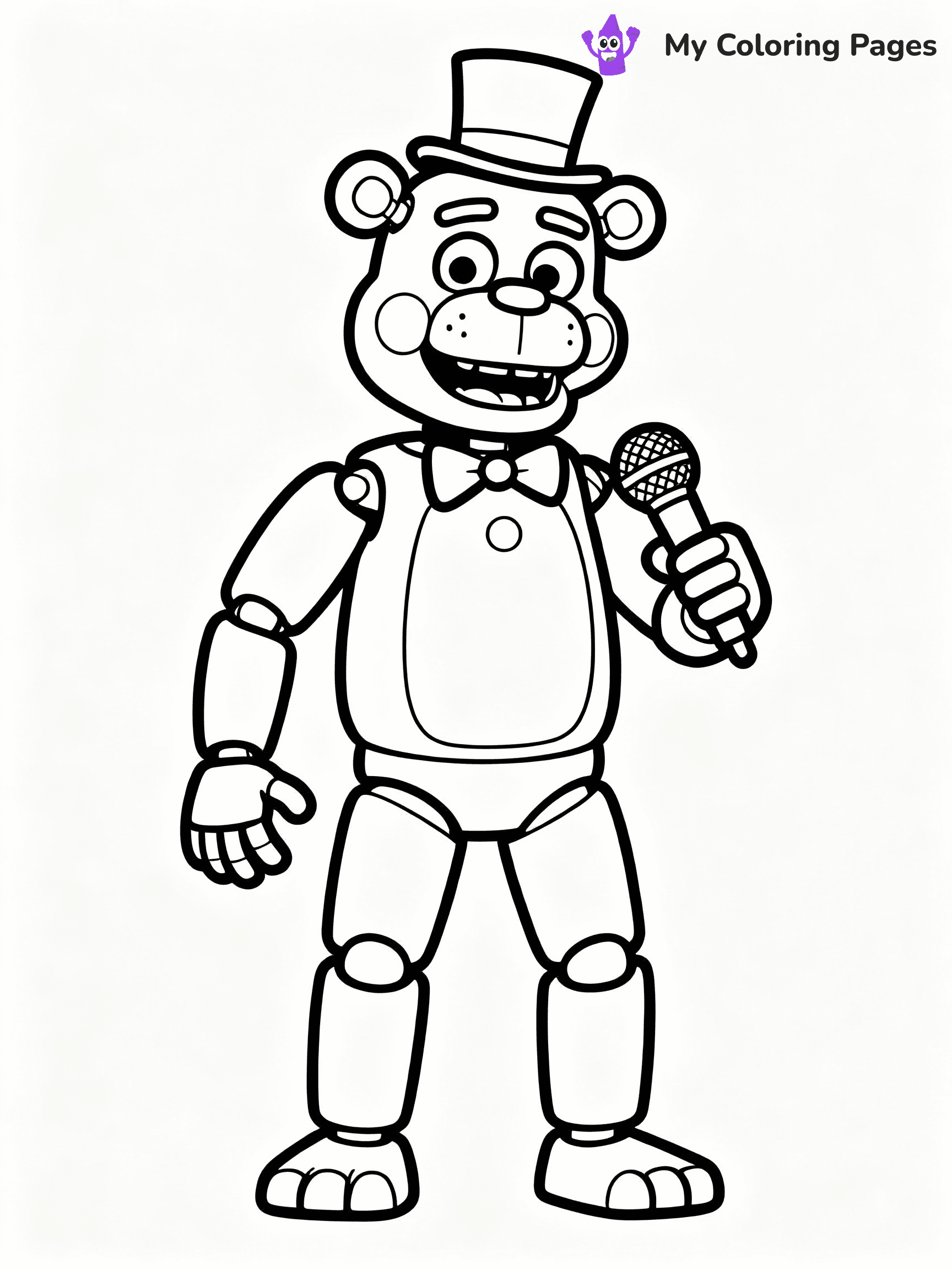 ⚠️ CRITICAL REQUIREMENT - ABSOLUTE BLACK AND WHITE ONLY ⚠️
This MUST be a BLACK AND WHITE line drawing ONLY. NO COLORS whatsoever.
- ONLY pure black lines (#000000) on pure white background (#FFFFFF)
- ABSOLUTELY NO colors, NO shading, NO gradients, NO grayscale
- If there are ANY colors in the output, the image is REJECTED
- This is a COLORING PAGE - meant to be COLORED IN by children
- The output must be UNCOLORED line art ready for coloring
⚠️ SUBJECT TO DRAW: Freddy Fazbear from Five Nights at Freddy's in FNaF style, wearing a top hat, microphone in han
(REMEMBER: Output must be BLACK AND WHITE line art only, NOT colored!)
# COLORING PAGE: BLACK OUTLINES ONLY - WHITE BACKGROUND MANDATORY
Create a **coloring book page** using EXACTLY two values: black lines, white space.
## NON-NEGOTIABLE BINARY RULES
- **ONLY #000000 (black) and #FFFFFF (white)** - NO other values exist
- **EVERY PIXEL = BLACK OR WHITE** - no gray/shading/antialiasing
- **WHITE BACKGROUND MANDATORY** - entire canvas stays white
- **ALL SHAPES HOLLOW** - everything is empty outlines waiting to be colored
- **FORBIDDEN:** fills, shading, gradients, patterns, textures, colors
- **NO SOLID REGIONS** - if it's not a thin line, it's wrong
## Universal Line Standards
- Black outlines ONLY - thin, uniform weight
- Every shape completely empty inside
- Closed contours suitable for coloring
- Simple flat illustration - zero depth/3D/realism
- **Style:** Whimsical Doodle Art Alley - rounded, friendly outlines (unless specified)
## Everything = Outline Only
- Characters/animals: hollow shapes
- Objects/clothing: empty contours
- Backgrounds/scenery: line work only
- Natural elements: outlined forms
- Dark/night areas: don't exist (use outlined symbols)
- Textures/patterns: convert to simple lines
## The Test
Can a child color EVERY white space with crayons? If any area is pre-filled/shaded/gray or colored in, it FAILS. Every shape must be waiting to receive color.
**FINAL OUTPUT**: Binary coloring page. Black lines define shapes. White spaces ready for coloring. Nothing else exists. No exceptions. Print-ready.
⚠️ FINAL REMINDER: Draw the subject "Freddy Fazbear from Five Nights at Freddy's in FNaF style, wearing a top hat, microphone in han" as BLACK AND WHITE line art. Zero colors in output.