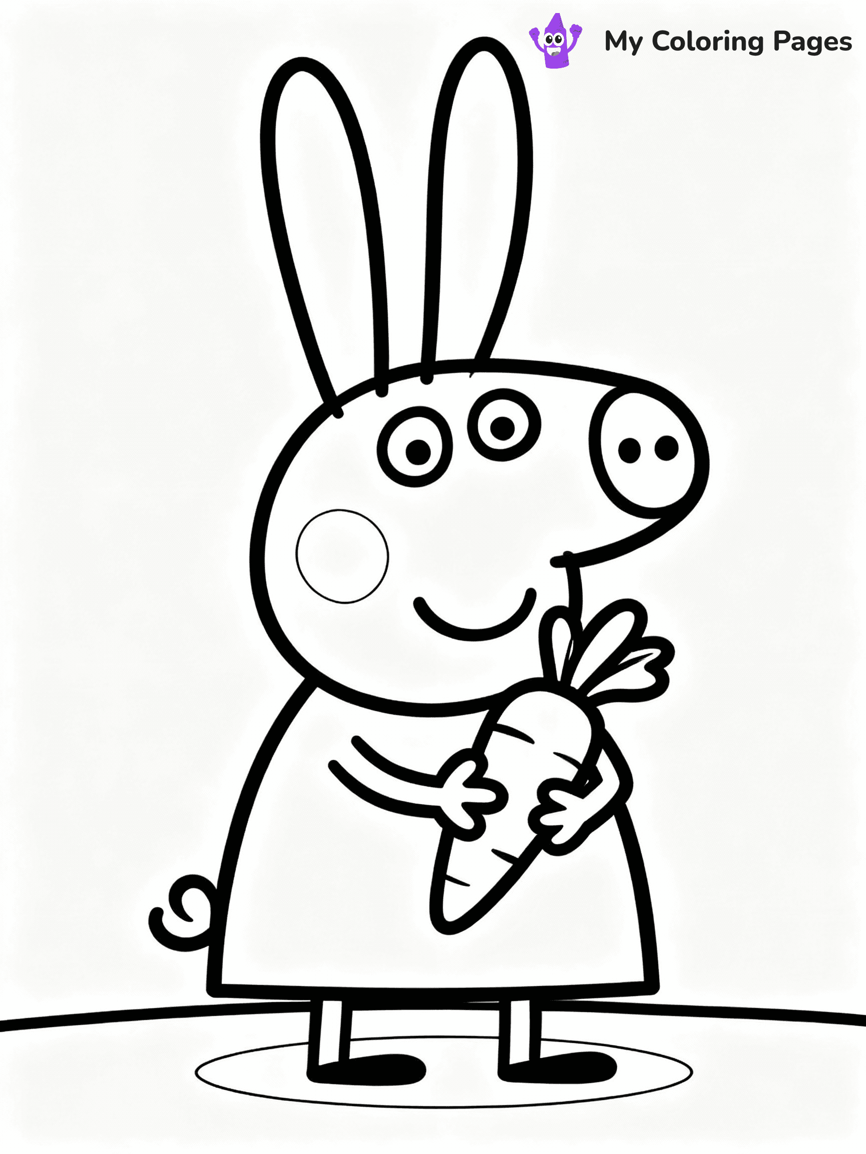 ⚠️ CRITICAL REQUIREMENT - ABSOLUTE BLACK AND WHITE ONLY ⚠️
This MUST be a BLACK AND WHITE line drawing ONLY. NO COLORS whatsoever.
- ONLY pure black lines (#000000) on pure white background (#FFFFFF)
- ABSOLUTELY NO colors, NO shading, NO gradients, NO grayscale
- If there are ANY colors in the output, the image is REJECTED
- This is a COLORING PAGE - meant to be COLORED IN by children
- The output must be UNCOLORED line art ready for coloring
⚠️ SUBJECT TO DRAW: Rebecca Rabbit from Peppa Pig holding a carrot, big ears perked up. Important: PURE OUTLINES. NO FILLS, COLOR, SHADING, OR GREYSCALE. WHITE BACKGROUND.
(REMEMBER: Output must be BLACK AND WHITE line art only, NOT colored!)
# Flat, Friendly Cartoon Line-Art Coloring Page
You are generating a **pure black-and-white binary image** of a child-friendly cartoon scene combining characters and background scenery in one cohesive composition.
## Rendering Rules (Strict)
- Only two colors: pure black (#000000) outlines and pure white (#FFFFFF) background.
- No grayscale, shading, gradients, tints, fills, transparency, or partial pixels.
- No antialiasing or blended edges; every pixel is 100% black or white.
- No solid black fills inside shapes — all areas inside outlines must remain white.
- No dark clothing areas or filled tone blocks; all garments outlined only.
- No shadows, textures, lighting, or tonal variations.
- Must look like flat binary vector line-art for coloring pages.
## Drawing & Composition
- **Medium, consistent line weight**; clean closed outlines easy to color inside.
- **Flat, simple, child-friendly design** — no realism or 3D depth.
- Characters are **grounded on a surface**, centered and large.
- **Balanced composition** with clear silhouettes and minimal props.
## Scenery & Style
- Landmarks (e.g., mosque, CN Tower) and scenery (trees, benches, waves) drawn with **black outlines only.**
- For real-world figures, teams, or places, show accurate details using only black outlines—no text or logos. Use distinctive uniform patterns, abstract symbols, and landmark silhouettes to convey identity.
- Keep **consistent perspective**; no floating elements.
- **Style:** whimsical **Doodle Art Alley** — rounded, friendly outlines.
- May adapt shapes from **Crayola, Disney, Peppa Pig, Cocomelon** — *by shape only, never color.*
- Final output: **flat, crisp, binary (#000000/#FFFFFF)**, **no filled color or background text.**
EXTREMELYE IMPORTANT:
- PURE BINARY LINE-ART; NO FILLS (HAIR/CLOTHES/SKIN), SHADING, OR GREY.
- NO SHADING, COLOR. MUST BE WHITE BACKGROUND.
⚠️ FINAL REMINDER: Draw the subject "Rebecca Rabbit from Peppa Pig holding a carrot, big ears perked up. Important: PURE OUTLINES. NO FILLS, COLOR, SHADING, OR GREYSCALE. WHITE BACKGROUND." as BLACK AND WHITE line art. Zero colors in output.