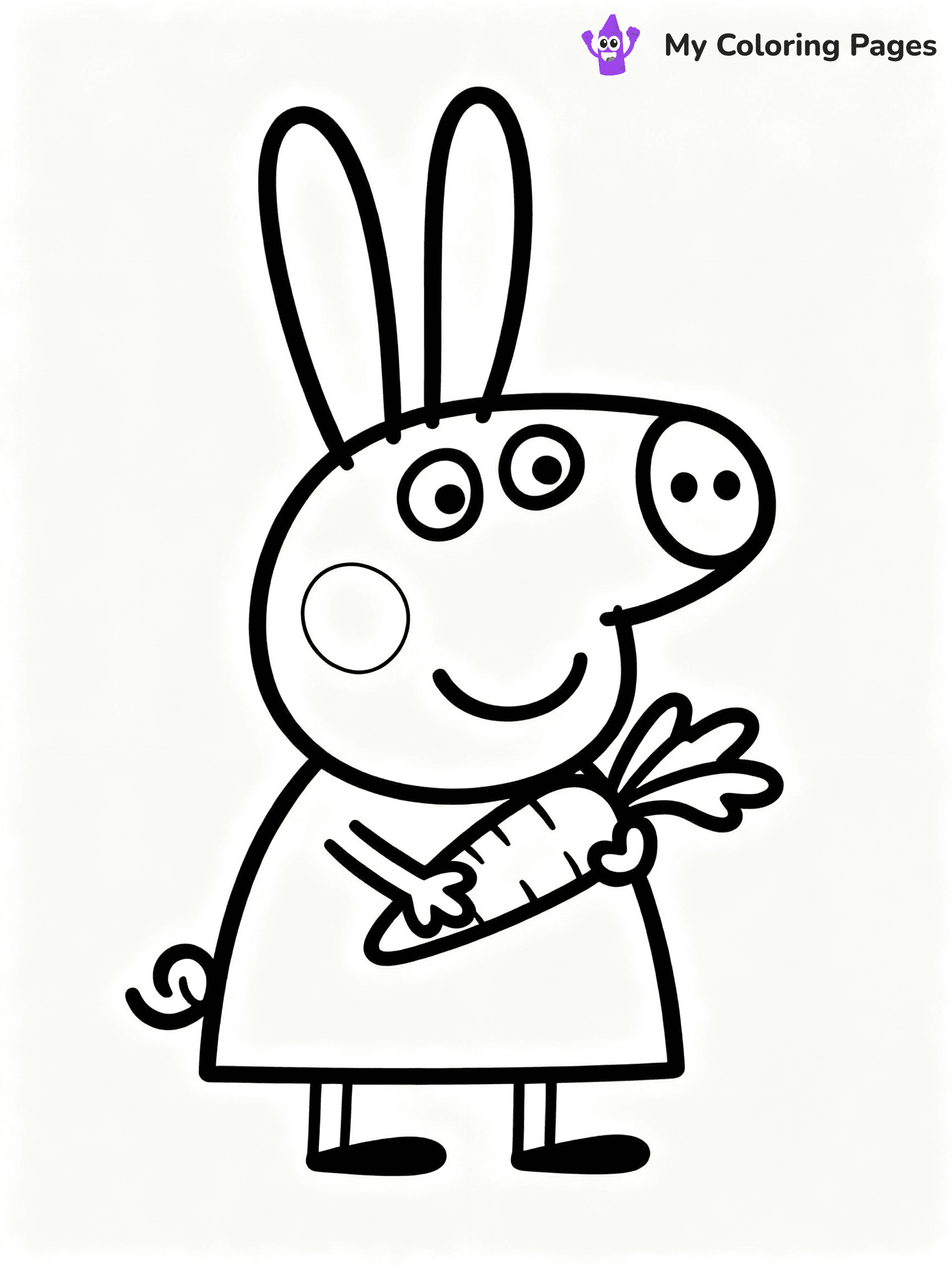 ⚠️ CRITICAL REQUIREMENT - ABSOLUTE BLACK AND WHITE ONLY ⚠️
This MUST be a BLACK AND WHITE line drawing ONLY. NO COLORS whatsoever.
- ONLY pure black lines (#000000) on pure white background (#FFFFFF)
- ABSOLUTELY NO colors, NO shading, NO gradients, NO grayscale
- If there are ANY colors in the output, the image is REJECTED
- This is a COLORING PAGE - meant to be COLORED IN by children
- The output must be UNCOLORED line art ready for coloring
⚠️ SUBJECT TO DRAW: Rebecca Rabbit from Peppa Pig holding a carrot, big ears perked up. Important: PURE OUTLINES. NO FILLS, COLOR, SHADING, OR GREYSCALE. WHITE BACKGROUND.
(REMEMBER: Output must be BLACK AND WHITE line art only, NOT colored!)
# Flat, Friendly Cartoon Line-Art Coloring Page
You are generating a **pure black-and-white binary image** of a child-friendly cartoon scene combining characters and background scenery in one cohesive composition.
## Rendering Rules (Strict)
- Only two colors: pure black (#000000) outlines and pure white (#FFFFFF) background.
- No grayscale, shading, gradients, tints, fills, transparency, or partial pixels.
- No antialiasing or blended edges; every pixel is 100% black or white.
- No solid black fills inside shapes — all areas inside outlines must remain white.
- No dark clothing areas or filled tone blocks; all garments outlined only.
- No shadows, textures, lighting, or tonal variations.
- Must look like flat binary vector line-art for coloring pages.
## Drawing & Composition
- **Medium, consistent line weight**; clean closed outlines easy to color inside.
- **Flat, simple, child-friendly design** — no realism or 3D depth.
- Characters are **grounded on a surface**, centered and large.
- **Balanced composition** with clear silhouettes and minimal props.
## Scenery & Style
- Landmarks (e.g., mosque, CN Tower) and scenery (trees, benches, waves) drawn with **black outlines only.**
- For real-world figures, teams, or places, show accurate details using only black outlines—no text or logos. Use distinctive uniform patterns, abstract symbols, and landmark silhouettes to convey identity.
- Keep **consistent perspective**; no floating elements.
- **Style:** whimsical **Doodle Art Alley** — rounded, friendly outlines.
- May adapt shapes from **Crayola, Disney, Peppa Pig, Cocomelon** — *by shape only, never color.*
- Final output: **flat, crisp, binary (#000000/#FFFFFF)**, **no filled color or background text.**
EXTREMELYE IMPORTANT:
- PURE BINARY LINE-ART; NO FILLS (HAIR/CLOTHES/SKIN), SHADING, OR GREY.
- NO SHADING, COLOR. MUST BE WHITE BACKGROUND.
⚠️ FINAL REMINDER: Draw the subject "Rebecca Rabbit from Peppa Pig holding a carrot, big ears perked up. Important: PURE OUTLINES. NO FILLS, COLOR, SHADING, OR GREYSCALE. WHITE BACKGROUND." as BLACK AND WHITE line art. Zero colors in output.