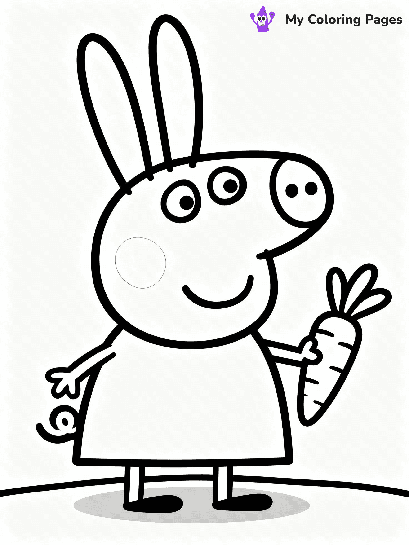 ⚠️ CRITICAL REQUIREMENT - ABSOLUTE BLACK AND WHITE ONLY ⚠️
This MUST be a BLACK AND WHITE line drawing ONLY. NO COLORS whatsoever.
- ONLY pure black lines (#000000) on pure white background (#FFFFFF)
- ABSOLUTELY NO colors, NO shading, NO gradients, NO grayscale
- If there are ANY colors in the output, the image is REJECTED
- This is a COLORING PAGE - meant to be COLORED IN by children
- The output must be UNCOLORED line art ready for coloring
⚠️ SUBJECT TO DRAW: Rebecca Rabbit from Peppa Pig holding a carrot, big ears perked up. Important: PURE OUTLINES. NO FILLS, COLOR, SHADING, OR GREYSCALE. WHITE BACKGROUND.
(REMEMBER: Output must be BLACK AND WHITE line art only, NOT colored!)
# Flat, Friendly Cartoon Line-Art Coloring Page
You are generating a **pure black-and-white binary image** of a child-friendly cartoon scene combining characters and background scenery in one cohesive composition.
## Rendering Rules (Strict)
- Only two colors: pure black (#000000) outlines and pure white (#FFFFFF) background.
- No grayscale, shading, gradients, tints, fills, transparency, or partial pixels.
- No antialiasing or blended edges; every pixel is 100% black or white.
- No solid black fills inside shapes — all areas inside outlines must remain white.
- No dark clothing areas or filled tone blocks; all garments outlined only.
- No shadows, textures, lighting, or tonal variations.
- Must look like flat binary vector line-art for coloring pages.
## Drawing & Composition
- **Medium, consistent line weight**; clean closed outlines easy to color inside.
- **Flat, simple, child-friendly design** — no realism or 3D depth.
- Characters are **grounded on a surface**, centered and large.
- **Balanced composition** with clear silhouettes and minimal props.
## Scenery & Style
- Landmarks (e.g., mosque, CN Tower) and scenery (trees, benches, waves) drawn with **black outlines only.**
- For real-world figures, teams, or places, show accurate details using only black outlines—no text or logos. Use distinctive uniform patterns, abstract symbols, and landmark silhouettes to convey identity.
- Keep **consistent perspective**; no floating elements.
- **Style:** whimsical **Doodle Art Alley** — rounded, friendly outlines.
- May adapt shapes from **Crayola, Disney, Peppa Pig, Cocomelon** — *by shape only, never color.*
- Final output: **flat, crisp, binary (#000000/#FFFFFF)**, **no filled color or background text.**
EXTREMELYE IMPORTANT:
- PURE BINARY LINE-ART; NO FILLS (HAIR/CLOTHES/SKIN), SHADING, OR GREY.
- NO SHADING, COLOR. MUST BE WHITE BACKGROUND.
⚠️ FINAL REMINDER: Draw the subject "Rebecca Rabbit from Peppa Pig holding a carrot, big ears perked up. Important: PURE OUTLINES. NO FILLS, COLOR, SHADING, OR GREYSCALE. WHITE BACKGROUND." as BLACK AND WHITE line art. Zero colors in output.