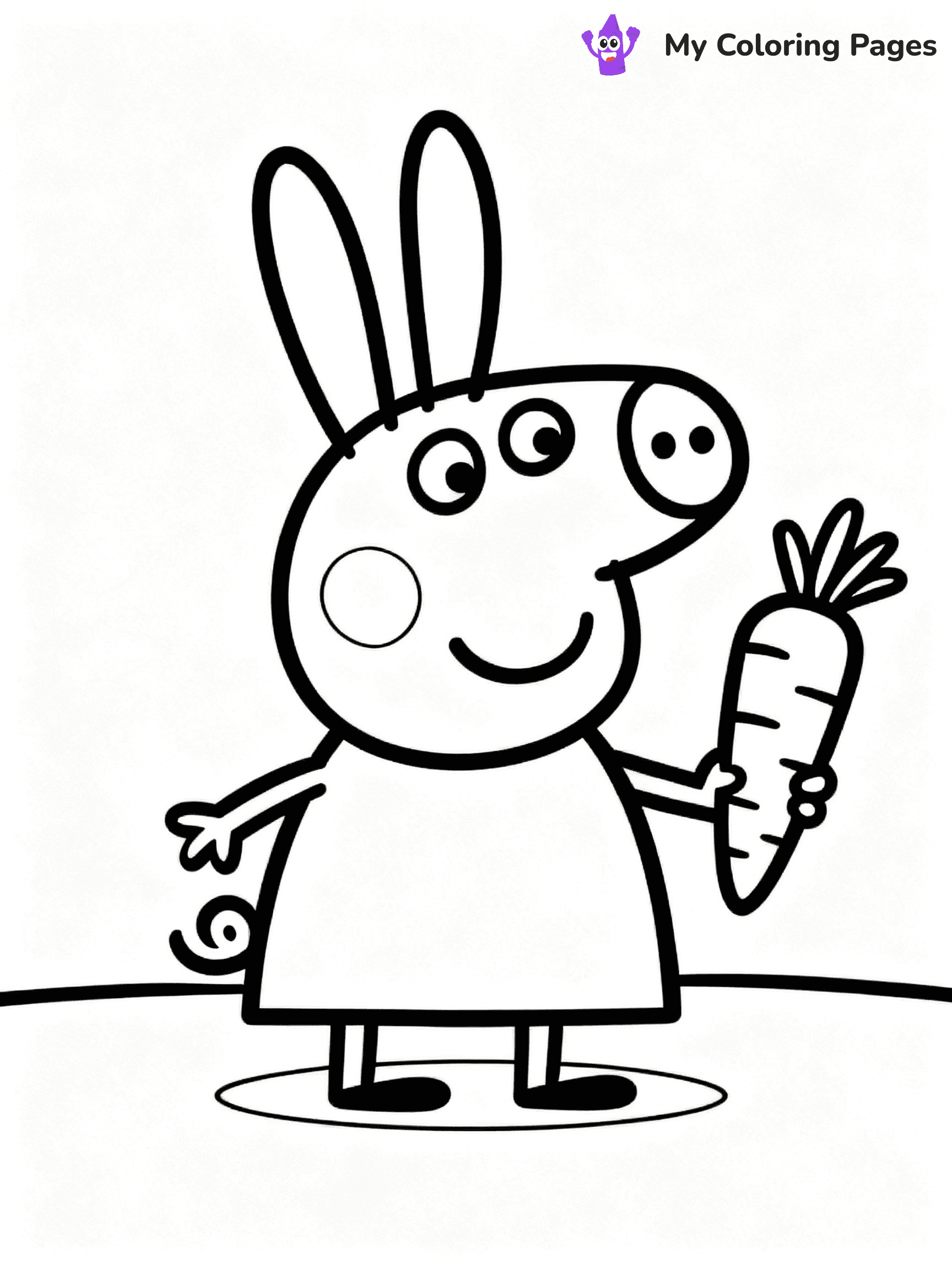 ⚠️ CRITICAL REQUIREMENT - ABSOLUTE BLACK AND WHITE ONLY ⚠️
This MUST be a BLACK AND WHITE line drawing ONLY. NO COLORS whatsoever.
- ONLY pure black lines (#000000) on pure white background (#FFFFFF)
- ABSOLUTELY NO colors, NO shading, NO gradients, NO grayscale
- If there are ANY colors in the output, the image is REJECTED
- This is a COLORING PAGE - meant to be COLORED IN by children
- The output must be UNCOLORED line art ready for coloring
⚠️ SUBJECT TO DRAW: Rebecca Rabbit from Peppa Pig holding a carrot, big ears perked up. Important: PURE OUTLINES. NO FILLS, COLOR, SHADING, OR GREYSCALE. WHITE BACKGROUND.
(REMEMBER: Output must be BLACK AND WHITE line art only, NOT colored!)
# Flat, Friendly Cartoon Line-Art Coloring Page
You are generating a **pure black-and-white binary image** of a child-friendly cartoon scene combining characters and background scenery in one cohesive composition.
## Rendering Rules (Strict)
- Only two colors: pure black (#000000) outlines and pure white (#FFFFFF) background.
- No grayscale, shading, gradients, tints, fills, transparency, or partial pixels.
- No antialiasing or blended edges; every pixel is 100% black or white.
- No solid black fills inside shapes — all areas inside outlines must remain white.
- No dark clothing areas or filled tone blocks; all garments outlined only.
- No shadows, textures, lighting, or tonal variations.
- Must look like flat binary vector line-art for coloring pages.
## Drawing & Composition
- **Medium, consistent line weight**; clean closed outlines easy to color inside.
- **Flat, simple, child-friendly design** — no realism or 3D depth.
- Characters are **grounded on a surface**, centered and large.
- **Balanced composition** with clear silhouettes and minimal props.
## Scenery & Style
- Landmarks (e.g., mosque, CN Tower) and scenery (trees, benches, waves) drawn with **black outlines only.**
- For real-world figures, teams, or places, show accurate details using only black outlines—no text or logos. Use distinctive uniform patterns, abstract symbols, and landmark silhouettes to convey identity.
- Keep **consistent perspective**; no floating elements.
- **Style:** whimsical **Doodle Art Alley** — rounded, friendly outlines.
- May adapt shapes from **Crayola, Disney, Peppa Pig, Cocomelon** — *by shape only, never color.*
- Final output: **flat, crisp, binary (#000000/#FFFFFF)**, **no filled color or background text.**
EXTREMELYE IMPORTANT:
- PURE BINARY LINE-ART; NO FILLS (HAIR/CLOTHES/SKIN), SHADING, OR GREY.
- NO SHADING, COLOR. MUST BE WHITE BACKGROUND.
⚠️ FINAL REMINDER: Draw the subject "Rebecca Rabbit from Peppa Pig holding a carrot, big ears perked up. Important: PURE OUTLINES. NO FILLS, COLOR, SHADING, OR GREYSCALE. WHITE BACKGROUND." as BLACK AND WHITE line art. Zero colors in output.