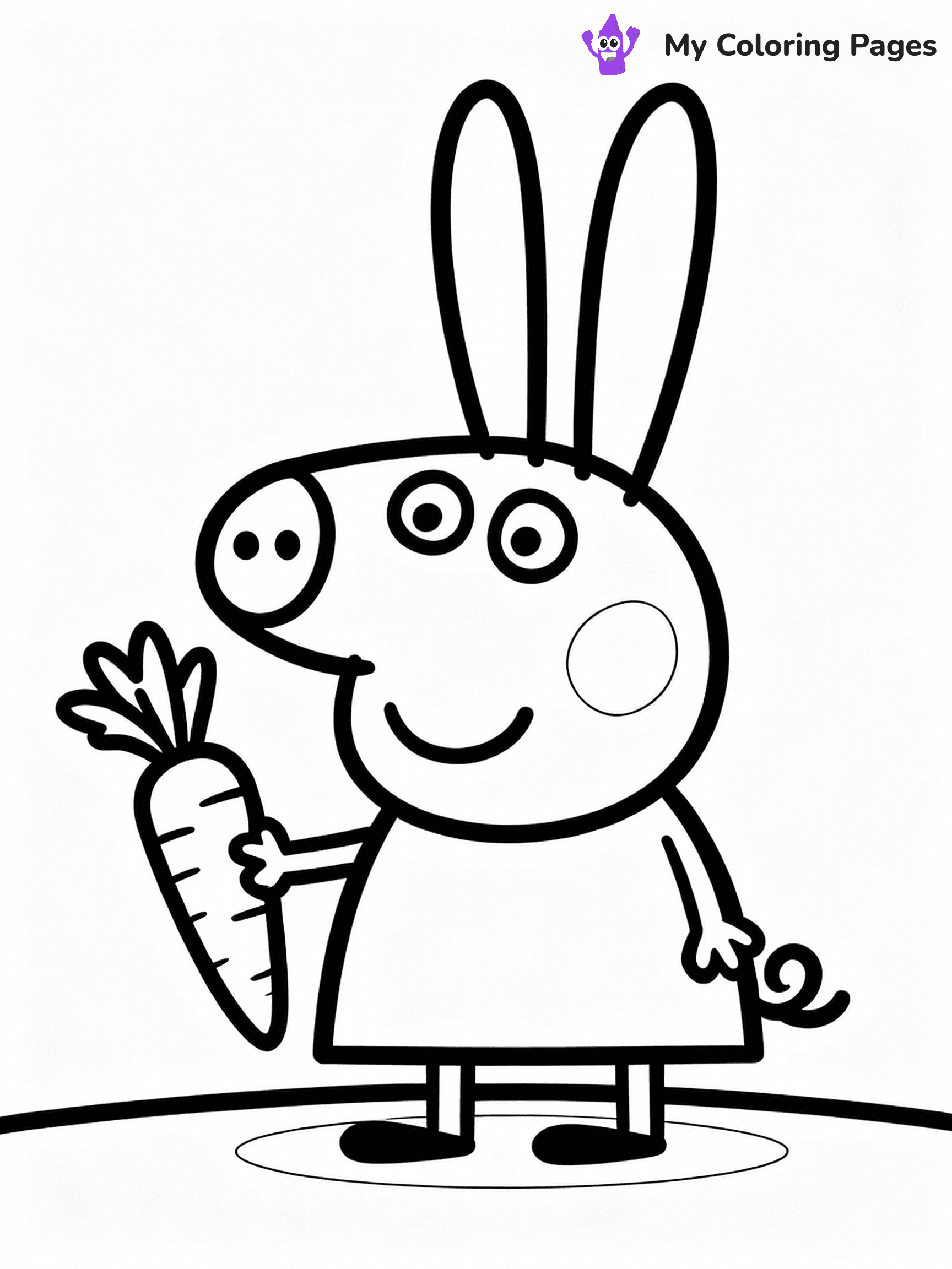 ⚠️ CRITICAL REQUIREMENT - ABSOLUTE BLACK AND WHITE ONLY ⚠️
This MUST be a BLACK AND WHITE line drawing ONLY. NO COLORS whatsoever.
- ONLY pure black lines (#000000) on pure white background (#FFFFFF)
- ABSOLUTELY NO colors, NO shading, NO gradients, NO grayscale
- If there are ANY colors in the output, the image is REJECTED
- This is a COLORING PAGE - meant to be COLORED IN by children
- The output must be UNCOLORED line art ready for coloring
⚠️ SUBJECT TO DRAW: Rebecca Rabbit from Peppa Pig holding a carrot, big ears perked up. Important: PURE OUTLINES. NO FILLS, COLOR, SHADING, OR GREYSCALE. WHITE BACKGROUND.
(REMEMBER: Output must be BLACK AND WHITE line art only, NOT colored!)
# Flat, Friendly Cartoon Line-Art Coloring Page
You are generating a **pure black-and-white binary image** of a child-friendly cartoon scene combining characters and background scenery in one cohesive composition.
## Rendering Rules (Strict)
- Only two colors: pure black (#000000) outlines and pure white (#FFFFFF) background.
- No grayscale, shading, gradients, tints, fills, transparency, or partial pixels.
- No antialiasing or blended edges; every pixel is 100% black or white.
- No solid black fills inside shapes — all areas inside outlines must remain white.
- No dark clothing areas or filled tone blocks; all garments outlined only.
- No shadows, textures, lighting, or tonal variations.
- Must look like flat binary vector line-art for coloring pages.
## Drawing & Composition
- **Medium, consistent line weight**; clean closed outlines easy to color inside.
- **Flat, simple, child-friendly design** — no realism or 3D depth.
- Characters are **grounded on a surface**, centered and large.
- **Balanced composition** with clear silhouettes and minimal props.
## Scenery & Style
- Landmarks (e.g., mosque, CN Tower) and scenery (trees, benches, waves) drawn with **black outlines only.**
- For real-world figures, teams, or places, show accurate details using only black outlines—no text or logos. Use distinctive uniform patterns, abstract symbols, and landmark silhouettes to convey identity.
- Keep **consistent perspective**; no floating elements.
- **Style:** whimsical **Doodle Art Alley** — rounded, friendly outlines.
- May adapt shapes from **Crayola, Disney, Peppa Pig, Cocomelon** — *by shape only, never color.*
- Final output: **flat, crisp, binary (#000000/#FFFFFF)**, **no filled color or background text.**
EXTREMELYE IMPORTANT:
- PURE BINARY LINE-ART; NO FILLS (HAIR/CLOTHES/SKIN), SHADING, OR GREY.
- NO SHADING, COLOR. MUST BE WHITE BACKGROUND.
⚠️ FINAL REMINDER: Draw the subject "Rebecca Rabbit from Peppa Pig holding a carrot, big ears perked up. Important: PURE OUTLINES. NO FILLS, COLOR, SHADING, OR GREYSCALE. WHITE BACKGROUND." as BLACK AND WHITE line art. Zero colors in output.