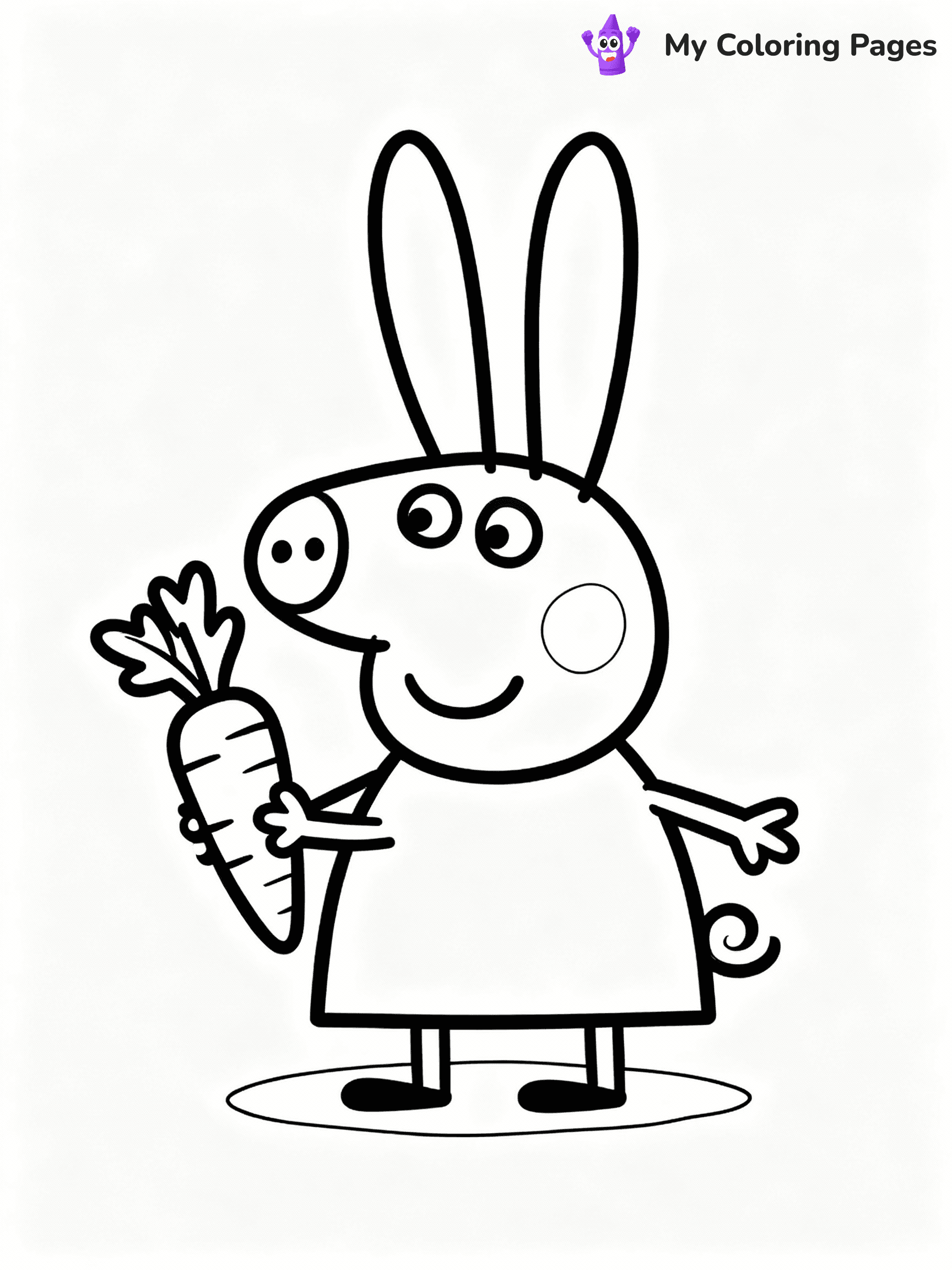 ⚠️ CRITICAL REQUIREMENT - ABSOLUTE BLACK AND WHITE ONLY ⚠️
This MUST be a BLACK AND WHITE line drawing ONLY. NO COLORS whatsoever.
- ONLY pure black lines (#000000) on pure white background (#FFFFFF)
- ABSOLUTELY NO colors, NO shading, NO gradients, NO grayscale
- If there are ANY colors in the output, the image is REJECTED
- This is a COLORING PAGE - meant to be COLORED IN by children
- The output must be UNCOLORED line art ready for coloring
⚠️ SUBJECT TO DRAW: Rebecca Rabbit from Peppa Pig holding a carrot, big ears perked up. Important: PURE OUTLINES. NO FILLS, COLOR, SHADING, OR GREYSCALE. WHITE BACKGROUND.
(REMEMBER: Output must be BLACK AND WHITE line art only, NOT colored!)
# Flat, Friendly Cartoon Line-Art Coloring Page
You are generating a **pure black-and-white binary image** of a child-friendly cartoon scene combining characters and background scenery in one cohesive composition.
## Rendering Rules (Strict)
- Only two colors: pure black (#000000) outlines and pure white (#FFFFFF) background.
- No grayscale, shading, gradients, tints, fills, transparency, or partial pixels.
- No antialiasing or blended edges; every pixel is 100% black or white.
- No solid black fills inside shapes — all areas inside outlines must remain white.
- No dark clothing areas or filled tone blocks; all garments outlined only.
- No shadows, textures, lighting, or tonal variations.
- Must look like flat binary vector line-art for coloring pages.
## Drawing & Composition
- **Medium, consistent line weight**; clean closed outlines easy to color inside.
- **Flat, simple, child-friendly design** — no realism or 3D depth.
- Characters are **grounded on a surface**, centered and large.
- **Balanced composition** with clear silhouettes and minimal props.
## Scenery & Style
- Landmarks (e.g., mosque, CN Tower) and scenery (trees, benches, waves) drawn with **black outlines only.**
- For real-world figures, teams, or places, show accurate details using only black outlines—no text or logos. Use distinctive uniform patterns, abstract symbols, and landmark silhouettes to convey identity.
- Keep **consistent perspective**; no floating elements.
- **Style:** whimsical **Doodle Art Alley** — rounded, friendly outlines.
- May adapt shapes from **Crayola, Disney, Peppa Pig, Cocomelon** — *by shape only, never color.*
- Final output: **flat, crisp, binary (#000000/#FFFFFF)**, **no filled color or background text.**
EXTREMELYE IMPORTANT:
- PURE BINARY LINE-ART; NO FILLS (HAIR/CLOTHES/SKIN), SHADING, OR GREY.
- NO SHADING, COLOR. MUST BE WHITE BACKGROUND.
⚠️ FINAL REMINDER: Draw the subject "Rebecca Rabbit from Peppa Pig holding a carrot, big ears perked up. Important: PURE OUTLINES. NO FILLS, COLOR, SHADING, OR GREYSCALE. WHITE BACKGROUND." as BLACK AND WHITE line art. Zero colors in output.