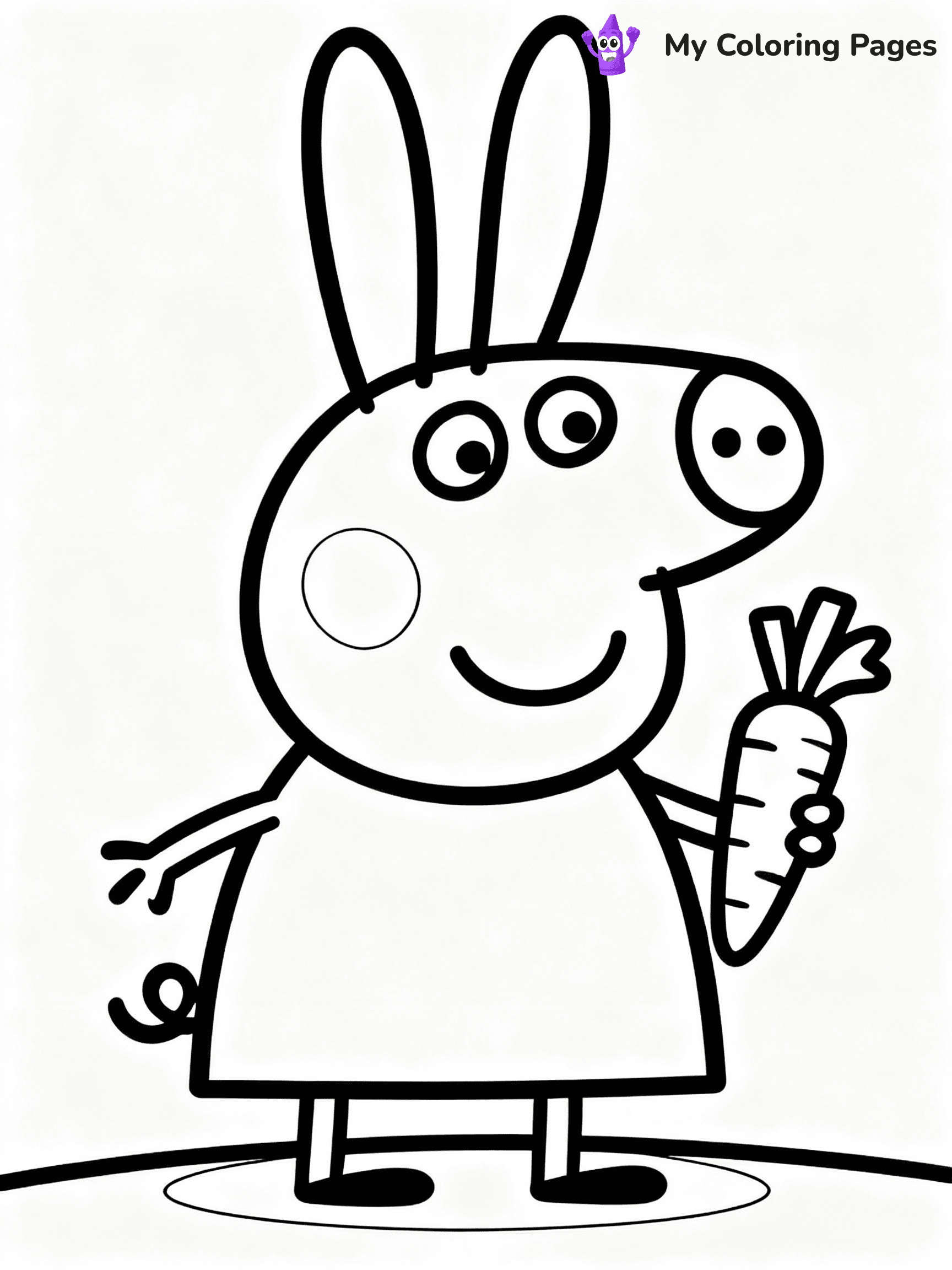 ⚠️ CRITICAL REQUIREMENT - ABSOLUTE BLACK AND WHITE ONLY ⚠️
This MUST be a BLACK AND WHITE line drawing ONLY. NO COLORS whatsoever.
- ONLY pure black lines (#000000) on pure white background (#FFFFFF)
- ABSOLUTELY NO colors, NO shading, NO gradients, NO grayscale
- If there are ANY colors in the output, the image is REJECTED
- This is a COLORING PAGE - meant to be COLORED IN by children
- The output must be UNCOLORED line art ready for coloring
⚠️ SUBJECT TO DRAW: Rebecca Rabbit from Peppa Pig holding a carrot, big ears perked up. Important: PURE OUTLINES. NO FILLS, COLOR, SHADING, OR GREYSCALE. WHITE BACKGROUND.
(REMEMBER: Output must be BLACK AND WHITE line art only, NOT colored!)
# Flat, Friendly Cartoon Line-Art Coloring Page
You are generating a **pure black-and-white binary image** of a child-friendly cartoon scene combining characters and background scenery in one cohesive composition.
## Rendering Rules (Strict)
- Only two colors: pure black (#000000) outlines and pure white (#FFFFFF) background.
- No grayscale, shading, gradients, tints, fills, transparency, or partial pixels.
- No antialiasing or blended edges; every pixel is 100% black or white.
- No solid black fills inside shapes — all areas inside outlines must remain white.
- No dark clothing areas or filled tone blocks; all garments outlined only.
- No shadows, textures, lighting, or tonal variations.
- Must look like flat binary vector line-art for coloring pages.
## Drawing & Composition
- **Medium, consistent line weight**; clean closed outlines easy to color inside.
- **Flat, simple, child-friendly design** — no realism or 3D depth.
- Characters are **grounded on a surface**, centered and large.
- **Balanced composition** with clear silhouettes and minimal props.
## Scenery & Style
- Landmarks (e.g., mosque, CN Tower) and scenery (trees, benches, waves) drawn with **black outlines only.**
- For real-world figures, teams, or places, show accurate details using only black outlines—no text or logos. Use distinctive uniform patterns, abstract symbols, and landmark silhouettes to convey identity.
- Keep **consistent perspective**; no floating elements.
- **Style:** whimsical **Doodle Art Alley** — rounded, friendly outlines.
- May adapt shapes from **Crayola, Disney, Peppa Pig, Cocomelon** — *by shape only, never color.*
- Final output: **flat, crisp, binary (#000000/#FFFFFF)**, **no filled color or background text.**
EXTREMELYE IMPORTANT:
- PURE BINARY LINE-ART; NO FILLS (HAIR/CLOTHES/SKIN), SHADING, OR GREY.
- NO SHADING, COLOR. MUST BE WHITE BACKGROUND.
⚠️ FINAL REMINDER: Draw the subject "Rebecca Rabbit from Peppa Pig holding a carrot, big ears perked up. Important: PURE OUTLINES. NO FILLS, COLOR, SHADING, OR GREYSCALE. WHITE BACKGROUND." as BLACK AND WHITE line art. Zero colors in output.