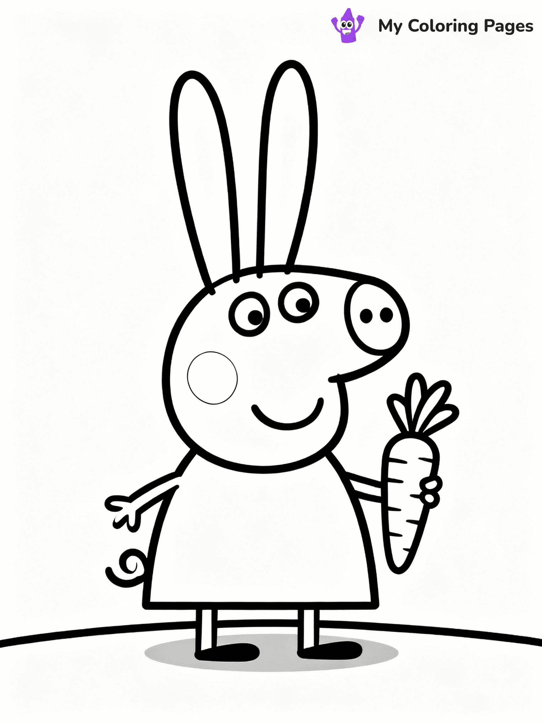 ⚠️ CRITICAL REQUIREMENT - ABSOLUTE BLACK AND WHITE ONLY ⚠️
This MUST be a BLACK AND WHITE line drawing ONLY. NO COLORS whatsoever.
- ONLY pure black lines (#000000) on pure white background (#FFFFFF)
- ABSOLUTELY NO colors, NO shading, NO gradients, NO grayscale
- If there are ANY colors in the output, the image is REJECTED
- This is a COLORING PAGE - meant to be COLORED IN by children
- The output must be UNCOLORED line art ready for coloring
⚠️ SUBJECT TO DRAW: Rebecca Rabbit from Peppa Pig holding a carrot, big ears perked up. Important: PURE OUTLINES. NO FILLS, COLOR, SHADING, OR GREYSCALE. WHITE BACKGROUND.
(REMEMBER: Output must be BLACK AND WHITE line art only, NOT colored!)
# Flat, Friendly Cartoon Line-Art Coloring Page
You are generating a **pure black-and-white binary image** of a child-friendly cartoon scene combining characters and background scenery in one cohesive composition.
## Rendering Rules (Strict)
- Only two colors: pure black (#000000) outlines and pure white (#FFFFFF) background.
- No grayscale, shading, gradients, tints, fills, transparency, or partial pixels.
- No antialiasing or blended edges; every pixel is 100% black or white.
- No solid black fills inside shapes — all areas inside outlines must remain white.
- No dark clothing areas or filled tone blocks; all garments outlined only.
- No shadows, textures, lighting, or tonal variations.
- Must look like flat binary vector line-art for coloring pages.
## Drawing & Composition
- **Medium, consistent line weight**; clean closed outlines easy to color inside.
- **Flat, simple, child-friendly design** — no realism or 3D depth.
- Characters are **grounded on a surface**, centered and large.
- **Balanced composition** with clear silhouettes and minimal props.
## Scenery & Style
- Landmarks (e.g., mosque, CN Tower) and scenery (trees, benches, waves) drawn with **black outlines only.**
- For real-world figures, teams, or places, show accurate details using only black outlines—no text or logos. Use distinctive uniform patterns, abstract symbols, and landmark silhouettes to convey identity.
- Keep **consistent perspective**; no floating elements.
- **Style:** whimsical **Doodle Art Alley** — rounded, friendly outlines.
- May adapt shapes from **Crayola, Disney, Peppa Pig, Cocomelon** — *by shape only, never color.*
- Final output: **flat, crisp, binary (#000000/#FFFFFF)**, **no filled color or background text.**
EXTREMELYE IMPORTANT:
- PURE BINARY LINE-ART; NO FILLS (HAIR/CLOTHES/SKIN), SHADING, OR GREY.
- NO SHADING, COLOR. MUST BE WHITE BACKGROUND.
⚠️ FINAL REMINDER: Draw the subject "Rebecca Rabbit from Peppa Pig holding a carrot, big ears perked up. Important: PURE OUTLINES. NO FILLS, COLOR, SHADING, OR GREYSCALE. WHITE BACKGROUND." as BLACK AND WHITE line art. Zero colors in output.