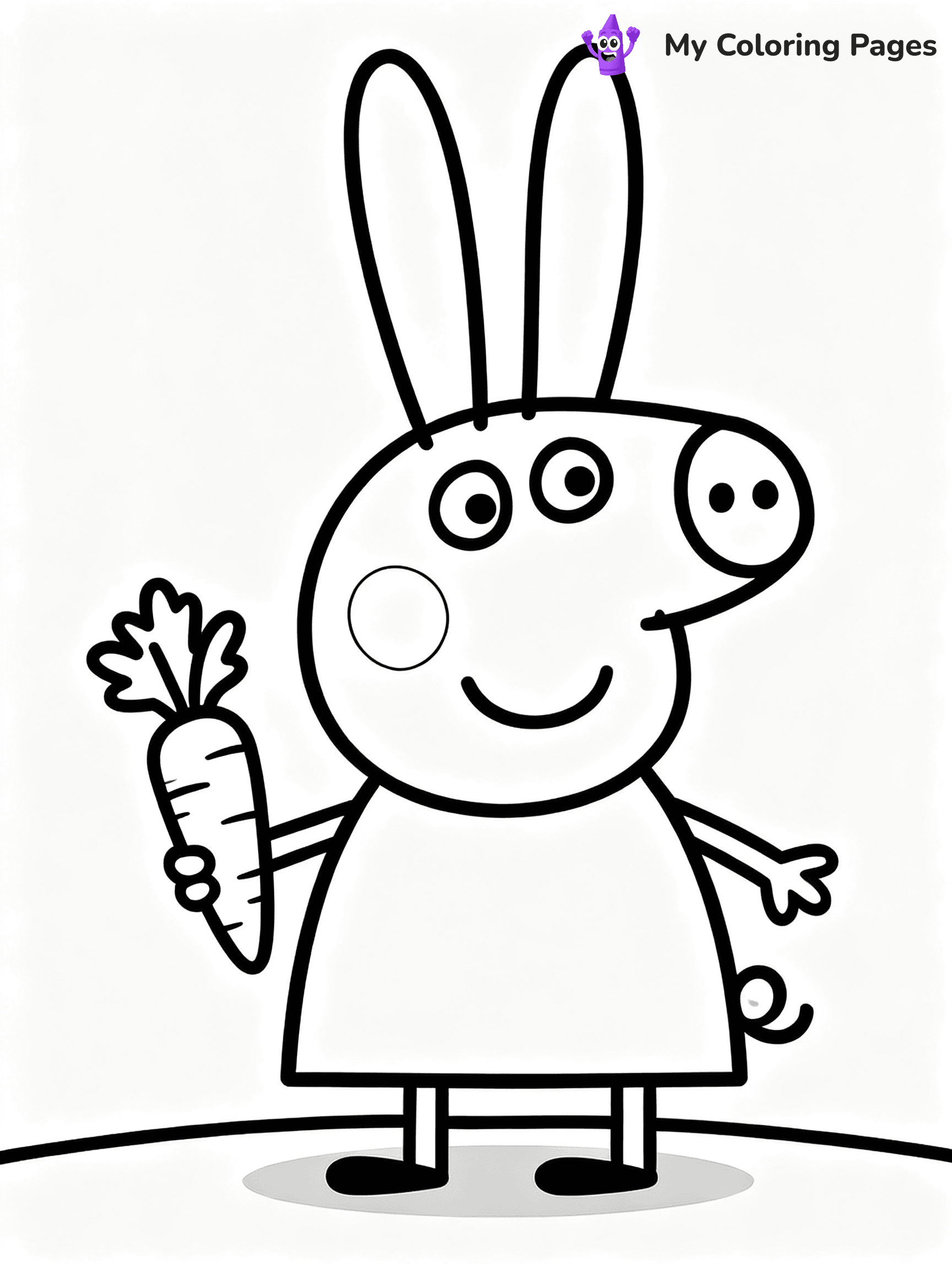 ⚠️ CRITICAL REQUIREMENT - ABSOLUTE BLACK AND WHITE ONLY ⚠️
This MUST be a BLACK AND WHITE line drawing ONLY. NO COLORS whatsoever.
- ONLY pure black lines (#000000) on pure white background (#FFFFFF)
- ABSOLUTELY NO colors, NO shading, NO gradients, NO grayscale
- If there are ANY colors in the output, the image is REJECTED
- This is a COLORING PAGE - meant to be COLORED IN by children
- The output must be UNCOLORED line art ready for coloring
⚠️ SUBJECT TO DRAW: Rebecca Rabbit from Peppa Pig holding a carrot, big ears perked up. Important: PURE OUTLINES. NO FILLS, COLOR, SHADING, OR GREYSCALE. WHITE BACKGROUND.
(REMEMBER: Output must be BLACK AND WHITE line art only, NOT colored!)
# Flat, Friendly Cartoon Line-Art Coloring Page
You are generating a **pure black-and-white binary image** of a child-friendly cartoon scene combining characters and background scenery in one cohesive composition.
## Rendering Rules (Strict)
- Only two colors: pure black (#000000) outlines and pure white (#FFFFFF) background.
- No grayscale, shading, gradients, tints, fills, transparency, or partial pixels.
- No antialiasing or blended edges; every pixel is 100% black or white.
- No solid black fills inside shapes — all areas inside outlines must remain white.
- No dark clothing areas or filled tone blocks; all garments outlined only.
- No shadows, textures, lighting, or tonal variations.
- Must look like flat binary vector line-art for coloring pages.
## Drawing & Composition
- **Medium, consistent line weight**; clean closed outlines easy to color inside.
- **Flat, simple, child-friendly design** — no realism or 3D depth.
- Characters are **grounded on a surface**, centered and large.
- **Balanced composition** with clear silhouettes and minimal props.
## Scenery & Style
- Landmarks (e.g., mosque, CN Tower) and scenery (trees, benches, waves) drawn with **black outlines only.**
- For real-world figures, teams, or places, show accurate details using only black outlines—no text or logos. Use distinctive uniform patterns, abstract symbols, and landmark silhouettes to convey identity.
- Keep **consistent perspective**; no floating elements.
- **Style:** whimsical **Doodle Art Alley** — rounded, friendly outlines.
- May adapt shapes from **Crayola, Disney, Peppa Pig, Cocomelon** — *by shape only, never color.*
- Final output: **flat, crisp, binary (#000000/#FFFFFF)**, **no filled color or background text.**
EXTREMELYE IMPORTANT:
- PURE BINARY LINE-ART; NO FILLS (HAIR/CLOTHES/SKIN), SHADING, OR GREY.
- NO SHADING, COLOR. MUST BE WHITE BACKGROUND.
⚠️ FINAL REMINDER: Draw the subject "Rebecca Rabbit from Peppa Pig holding a carrot, big ears perked up. Important: PURE OUTLINES. NO FILLS, COLOR, SHADING, OR GREYSCALE. WHITE BACKGROUND." as BLACK AND WHITE line art. Zero colors in output.