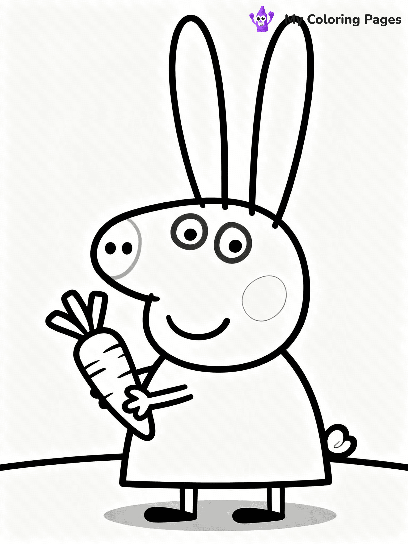 ⚠️ CRITICAL REQUIREMENT - ABSOLUTE BLACK AND WHITE ONLY ⚠️
This MUST be a BLACK AND WHITE line drawing ONLY. NO COLORS whatsoever.
- ONLY pure black lines (#000000) on pure white background (#FFFFFF)
- ABSOLUTELY NO colors, NO shading, NO gradients, NO grayscale
- If there are ANY colors in the output, the image is REJECTED
- This is a COLORING PAGE - meant to be COLORED IN by children
- The output must be UNCOLORED line art ready for coloring
⚠️ SUBJECT TO DRAW: Rebecca Rabbit from Peppa Pig holding a carrot, big ears perked up. Important: PURE OUTLINES. NO FILLS, COLOR, SHADING, OR GREYSCALE. WHITE BACKGROUND.
(REMEMBER: Output must be BLACK AND WHITE line art only, NOT colored!)
# Flat, Friendly Cartoon Line-Art Coloring Page
You are generating a **pure black-and-white binary image** of a child-friendly cartoon scene combining characters and background scenery in one cohesive composition.
## Rendering Rules (Strict)
- Only two colors: pure black (#000000) outlines and pure white (#FFFFFF) background.
- No grayscale, shading, gradients, tints, fills, transparency, or partial pixels.
- No antialiasing or blended edges; every pixel is 100% black or white.
- No solid black fills inside shapes — all areas inside outlines must remain white.
- No dark clothing areas or filled tone blocks; all garments outlined only.
- No shadows, textures, lighting, or tonal variations.
- Must look like flat binary vector line-art for coloring pages.
## Drawing & Composition
- **Medium, consistent line weight**; clean closed outlines easy to color inside.
- **Flat, simple, child-friendly design** — no realism or 3D depth.
- Characters are **grounded on a surface**, centered and large.
- **Balanced composition** with clear silhouettes and minimal props.
## Scenery & Style
- Landmarks (e.g., mosque, CN Tower) and scenery (trees, benches, waves) drawn with **black outlines only.**
- For real-world figures, teams, or places, show accurate details using only black outlines—no text or logos. Use distinctive uniform patterns, abstract symbols, and landmark silhouettes to convey identity.
- Keep **consistent perspective**; no floating elements.
- **Style:** whimsical **Doodle Art Alley** — rounded, friendly outlines.
- May adapt shapes from **Crayola, Disney, Peppa Pig, Cocomelon** — *by shape only, never color.*
- Final output: **flat, crisp, binary (#000000/#FFFFFF)**, **no filled color or background text.**
EXTREMELYE IMPORTANT:
- PURE BINARY LINE-ART; NO FILLS (HAIR/CLOTHES/SKIN), SHADING, OR GREY.
- NO SHADING, COLOR. MUST BE WHITE BACKGROUND.
⚠️ FINAL REMINDER: Draw the subject "Rebecca Rabbit from Peppa Pig holding a carrot, big ears perked up. Important: PURE OUTLINES. NO FILLS, COLOR, SHADING, OR GREYSCALE. WHITE BACKGROUND." as BLACK AND WHITE line art. Zero colors in output.