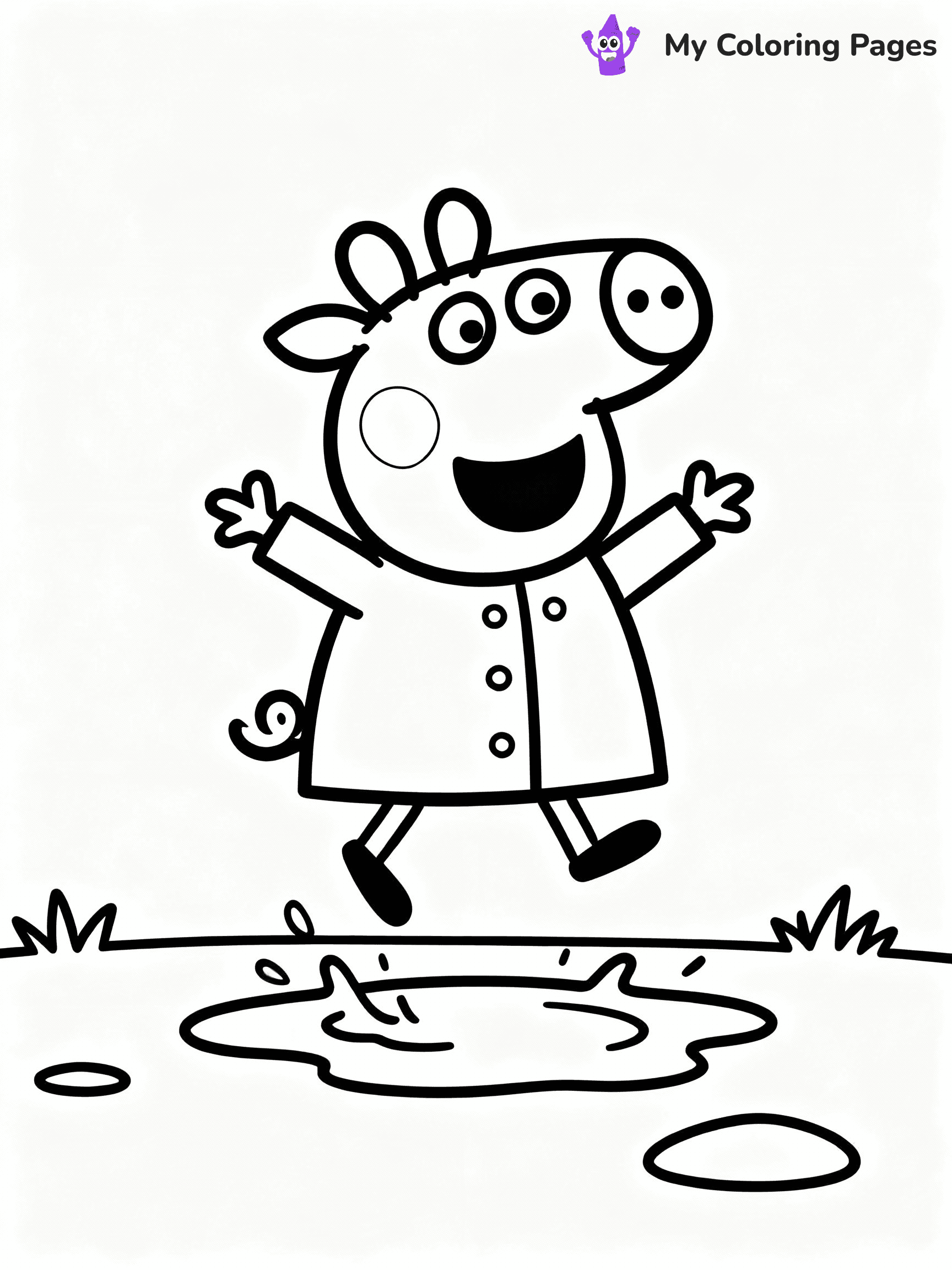 ⚠️ CRITICAL REQUIREMENT - ABSOLUTE BLACK AND WHITE ONLY ⚠️
This MUST be a BLACK AND WHITE line drawing ONLY. NO COLORS whatsoever.
- ONLY pure black lines (#000000) on pure white background (#FFFFFF)
- ABSOLUTELY NO colors, NO shading, NO gradients, NO grayscale
- If there are ANY colors in the output, the image is REJECTED
- This is a COLORING PAGE - meant to be COLORED IN by children
- The output must be UNCOLORED line art ready for coloring
⚠️ SUBJECT TO DRAW: Suzy Sheep from Peppa Pig jumping in puddle, raincoat on, smile wide. Important: PURE OUTLINES. NO FILLS, COLOR, SHADING, OR GREYSCALE. WHITE BACKGROUND.
(REMEMBER: Output must be BLACK AND WHITE line art only, NOT colored!)
# Flat, Friendly Cartoon Line-Art Coloring Page
You are generating a **pure black-and-white binary image** of a child-friendly cartoon scene combining characters and background scenery in one cohesive composition.
## Rendering Rules (Strict)
- Only two colors: pure black (#000000) outlines and pure white (#FFFFFF) background.
- No grayscale, shading, gradients, tints, fills, transparency, or partial pixels.
- No antialiasing or blended edges; every pixel is 100% black or white.
- No solid black fills inside shapes — all areas inside outlines must remain white.
- No dark clothing areas or filled tone blocks; all garments outlined only.
- No shadows, textures, lighting, or tonal variations.
- Must look like flat binary vector line-art for coloring pages.
## Drawing & Composition
- **Medium, consistent line weight**; clean closed outlines easy to color inside.
- **Flat, simple, child-friendly design** — no realism or 3D depth.
- Characters are **grounded on a surface**, centered and large.
- **Balanced composition** with clear silhouettes and minimal props.
## Scenery & Style
- Landmarks (e.g., mosque, CN Tower) and scenery (trees, benches, waves) drawn with **black outlines only.**
- For real-world figures, teams, or places, show accurate details using only black outlines—no text or logos. Use distinctive uniform patterns, abstract symbols, and landmark silhouettes to convey identity.
- Keep **consistent perspective**; no floating elements.
- **Style:** whimsical **Doodle Art Alley** — rounded, friendly outlines.
- May adapt shapes from **Crayola, Disney, Peppa Pig, Cocomelon** — *by shape only, never color.*
- Final output: **flat, crisp, binary (#000000/#FFFFFF)**, **no filled color or background text.**
EXTREMELYE IMPORTANT:
- PURE BINARY LINE-ART; NO FILLS (HAIR/CLOTHES/SKIN), SHADING, OR GREY.
- NO SHADING, COLOR. MUST BE WHITE BACKGROUND.
⚠️ FINAL REMINDER: Draw the subject "Suzy Sheep from Peppa Pig jumping in puddle, raincoat on, smile wide. Important: PURE OUTLINES. NO FILLS, COLOR, SHADING, OR GREYSCALE. WHITE BACKGROUND." as BLACK AND WHITE line art. Zero colors in output.