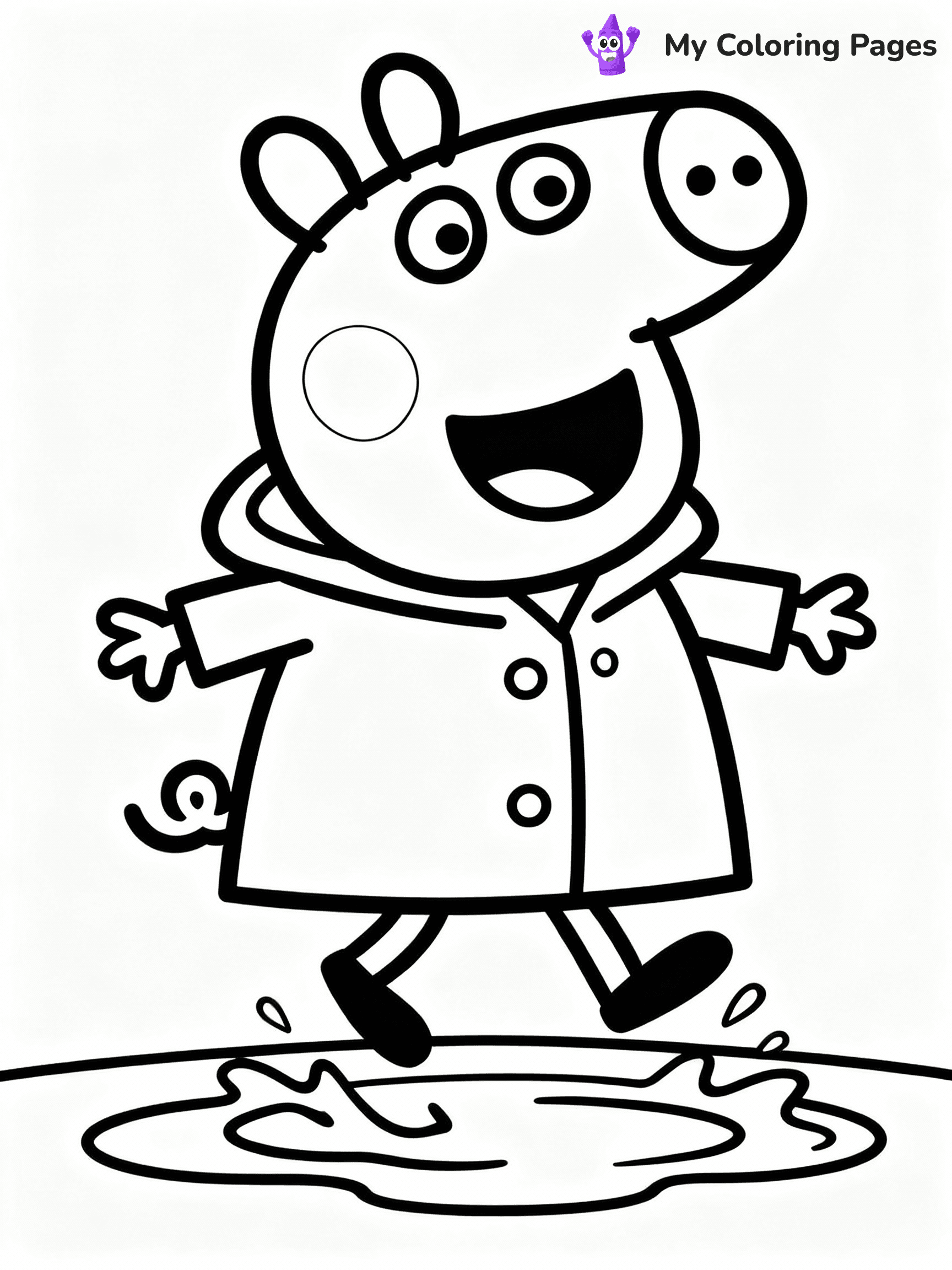 ⚠️ CRITICAL REQUIREMENT - ABSOLUTE BLACK AND WHITE ONLY ⚠️
This MUST be a BLACK AND WHITE line drawing ONLY. NO COLORS whatsoever.
- ONLY pure black lines (#000000) on pure white background (#FFFFFF)
- ABSOLUTELY NO colors, NO shading, NO gradients, NO grayscale
- If there are ANY colors in the output, the image is REJECTED
- This is a COLORING PAGE - meant to be COLORED IN by children
- The output must be UNCOLORED line art ready for coloring
⚠️ SUBJECT TO DRAW: Suzy Sheep from Peppa Pig jumping in puddle, raincoat on, smile wide. Important: PURE OUTLINES. NO FILLS, COLOR, SHADING, OR GREYSCALE. WHITE BACKGROUND.
(REMEMBER: Output must be BLACK AND WHITE line art only, NOT colored!)
# Flat, Friendly Cartoon Line-Art Coloring Page
You are generating a **pure black-and-white binary image** of a child-friendly cartoon scene combining characters and background scenery in one cohesive composition.
## Rendering Rules (Strict)
- Only two colors: pure black (#000000) outlines and pure white (#FFFFFF) background.
- No grayscale, shading, gradients, tints, fills, transparency, or partial pixels.
- No antialiasing or blended edges; every pixel is 100% black or white.
- No solid black fills inside shapes — all areas inside outlines must remain white.
- No dark clothing areas or filled tone blocks; all garments outlined only.
- No shadows, textures, lighting, or tonal variations.
- Must look like flat binary vector line-art for coloring pages.
## Drawing & Composition
- **Medium, consistent line weight**; clean closed outlines easy to color inside.
- **Flat, simple, child-friendly design** — no realism or 3D depth.
- Characters are **grounded on a surface**, centered and large.
- **Balanced composition** with clear silhouettes and minimal props.
## Scenery & Style
- Landmarks (e.g., mosque, CN Tower) and scenery (trees, benches, waves) drawn with **black outlines only.**
- For real-world figures, teams, or places, show accurate details using only black outlines—no text or logos. Use distinctive uniform patterns, abstract symbols, and landmark silhouettes to convey identity.
- Keep **consistent perspective**; no floating elements.
- **Style:** whimsical **Doodle Art Alley** — rounded, friendly outlines.
- May adapt shapes from **Crayola, Disney, Peppa Pig, Cocomelon** — *by shape only, never color.*
- Final output: **flat, crisp, binary (#000000/#FFFFFF)**, **no filled color or background text.**
EXTREMELYE IMPORTANT:
- PURE BINARY LINE-ART; NO FILLS (HAIR/CLOTHES/SKIN), SHADING, OR GREY.
- NO SHADING, COLOR. MUST BE WHITE BACKGROUND.
⚠️ FINAL REMINDER: Draw the subject "Suzy Sheep from Peppa Pig jumping in puddle, raincoat on, smile wide. Important: PURE OUTLINES. NO FILLS, COLOR, SHADING, OR GREYSCALE. WHITE BACKGROUND." as BLACK AND WHITE line art. Zero colors in output.