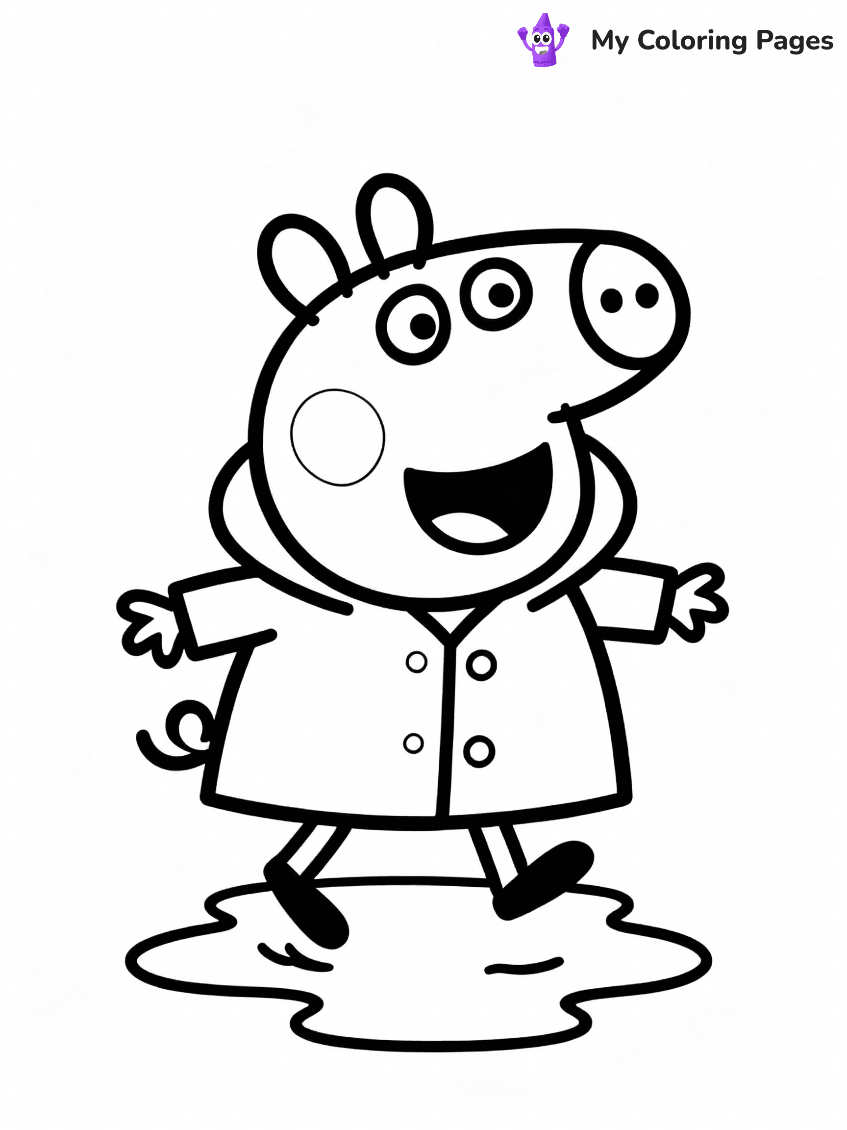 ⚠️ CRITICAL REQUIREMENT - ABSOLUTE BLACK AND WHITE ONLY ⚠️
This MUST be a BLACK AND WHITE line drawing ONLY. NO COLORS whatsoever.
- ONLY pure black lines (#000000) on pure white background (#FFFFFF)
- ABSOLUTELY NO colors, NO shading, NO gradients, NO grayscale
- If there are ANY colors in the output, the image is REJECTED
- This is a COLORING PAGE - meant to be COLORED IN by children
- The output must be UNCOLORED line art ready for coloring
⚠️ SUBJECT TO DRAW: Suzy Sheep from Peppa Pig jumping in puddle, raincoat on, smile wide. Important: PURE OUTLINES. NO FILLS, COLOR, SHADING, OR GREYSCALE. WHITE BACKGROUND.
(REMEMBER: Output must be BLACK AND WHITE line art only, NOT colored!)
# Flat, Friendly Cartoon Line-Art Coloring Page
You are generating a **pure black-and-white binary image** of a child-friendly cartoon scene combining characters and background scenery in one cohesive composition.
## Rendering Rules (Strict)
- Only two colors: pure black (#000000) outlines and pure white (#FFFFFF) background.
- No grayscale, shading, gradients, tints, fills, transparency, or partial pixels.
- No antialiasing or blended edges; every pixel is 100% black or white.
- No solid black fills inside shapes — all areas inside outlines must remain white.
- No dark clothing areas or filled tone blocks; all garments outlined only.
- No shadows, textures, lighting, or tonal variations.
- Must look like flat binary vector line-art for coloring pages.
## Drawing & Composition
- **Medium, consistent line weight**; clean closed outlines easy to color inside.
- **Flat, simple, child-friendly design** — no realism or 3D depth.
- Characters are **grounded on a surface**, centered and large.
- **Balanced composition** with clear silhouettes and minimal props.
## Scenery & Style
- Landmarks (e.g., mosque, CN Tower) and scenery (trees, benches, waves) drawn with **black outlines only.**
- For real-world figures, teams, or places, show accurate details using only black outlines—no text or logos. Use distinctive uniform patterns, abstract symbols, and landmark silhouettes to convey identity.
- Keep **consistent perspective**; no floating elements.
- **Style:** whimsical **Doodle Art Alley** — rounded, friendly outlines.
- May adapt shapes from **Crayola, Disney, Peppa Pig, Cocomelon** — *by shape only, never color.*
- Final output: **flat, crisp, binary (#000000/#FFFFFF)**, **no filled color or background text.**
EXTREMELYE IMPORTANT:
- PURE BINARY LINE-ART; NO FILLS (HAIR/CLOTHES/SKIN), SHADING, OR GREY.
- NO SHADING, COLOR. MUST BE WHITE BACKGROUND.
⚠️ FINAL REMINDER: Draw the subject "Suzy Sheep from Peppa Pig jumping in puddle, raincoat on, smile wide. Important: PURE OUTLINES. NO FILLS, COLOR, SHADING, OR GREYSCALE. WHITE BACKGROUND." as BLACK AND WHITE line art. Zero colors in output.