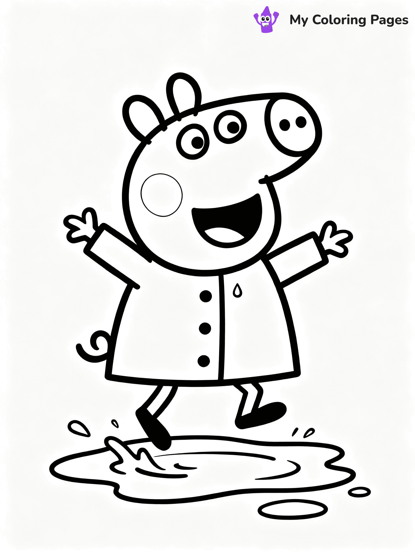 ⚠️ CRITICAL REQUIREMENT - ABSOLUTE BLACK AND WHITE ONLY ⚠️
This MUST be a BLACK AND WHITE line drawing ONLY. NO COLORS whatsoever.
- ONLY pure black lines (#000000) on pure white background (#FFFFFF)
- ABSOLUTELY NO colors, NO shading, NO gradients, NO grayscale
- If there are ANY colors in the output, the image is REJECTED
- This is a COLORING PAGE - meant to be COLORED IN by children
- The output must be UNCOLORED line art ready for coloring
⚠️ SUBJECT TO DRAW: Suzy Sheep from Peppa Pig jumping in puddle, raincoat on, smile wide. Important: PURE OUTLINES. NO FILLS, COLOR, SHADING, OR GREYSCALE. WHITE BACKGROUND.
(REMEMBER: Output must be BLACK AND WHITE line art only, NOT colored!)
# Flat, Friendly Cartoon Line-Art Coloring Page
You are generating a **pure black-and-white binary image** of a child-friendly cartoon scene combining characters and background scenery in one cohesive composition.
## Rendering Rules (Strict)
- Only two colors: pure black (#000000) outlines and pure white (#FFFFFF) background.
- No grayscale, shading, gradients, tints, fills, transparency, or partial pixels.
- No antialiasing or blended edges; every pixel is 100% black or white.
- No solid black fills inside shapes — all areas inside outlines must remain white.
- No dark clothing areas or filled tone blocks; all garments outlined only.
- No shadows, textures, lighting, or tonal variations.
- Must look like flat binary vector line-art for coloring pages.
## Drawing & Composition
- **Medium, consistent line weight**; clean closed outlines easy to color inside.
- **Flat, simple, child-friendly design** — no realism or 3D depth.
- Characters are **grounded on a surface**, centered and large.
- **Balanced composition** with clear silhouettes and minimal props.
## Scenery & Style
- Landmarks (e.g., mosque, CN Tower) and scenery (trees, benches, waves) drawn with **black outlines only.**
- For real-world figures, teams, or places, show accurate details using only black outlines—no text or logos. Use distinctive uniform patterns, abstract symbols, and landmark silhouettes to convey identity.
- Keep **consistent perspective**; no floating elements.
- **Style:** whimsical **Doodle Art Alley** — rounded, friendly outlines.
- May adapt shapes from **Crayola, Disney, Peppa Pig, Cocomelon** — *by shape only, never color.*
- Final output: **flat, crisp, binary (#000000/#FFFFFF)**, **no filled color or background text.**
EXTREMELYE IMPORTANT:
- PURE BINARY LINE-ART; NO FILLS (HAIR/CLOTHES/SKIN), SHADING, OR GREY.
- NO SHADING, COLOR. MUST BE WHITE BACKGROUND.
⚠️ FINAL REMINDER: Draw the subject "Suzy Sheep from Peppa Pig jumping in puddle, raincoat on, smile wide. Important: PURE OUTLINES. NO FILLS, COLOR, SHADING, OR GREYSCALE. WHITE BACKGROUND." as BLACK AND WHITE line art. Zero colors in output.