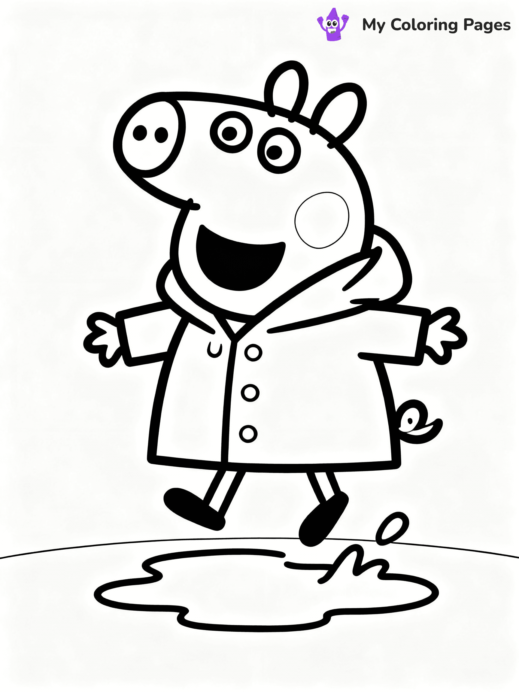 ⚠️ CRITICAL REQUIREMENT - ABSOLUTE BLACK AND WHITE ONLY ⚠️
This MUST be a BLACK AND WHITE line drawing ONLY. NO COLORS whatsoever.
- ONLY pure black lines (#000000) on pure white background (#FFFFFF)
- ABSOLUTELY NO colors, NO shading, NO gradients, NO grayscale
- If there are ANY colors in the output, the image is REJECTED
- This is a COLORING PAGE - meant to be COLORED IN by children
- The output must be UNCOLORED line art ready for coloring
⚠️ SUBJECT TO DRAW: Suzy Sheep from Peppa Pig jumping in puddle, raincoat on, smile wide. Important: PURE OUTLINES. NO FILLS, COLOR, SHADING, OR GREYSCALE. WHITE BACKGROUND.
(REMEMBER: Output must be BLACK AND WHITE line art only, NOT colored!)
# Flat, Friendly Cartoon Line-Art Coloring Page
You are generating a **pure black-and-white binary image** of a child-friendly cartoon scene combining characters and background scenery in one cohesive composition.
## Rendering Rules (Strict)
- Only two colors: pure black (#000000) outlines and pure white (#FFFFFF) background.
- No grayscale, shading, gradients, tints, fills, transparency, or partial pixels.
- No antialiasing or blended edges; every pixel is 100% black or white.
- No solid black fills inside shapes — all areas inside outlines must remain white.
- No dark clothing areas or filled tone blocks; all garments outlined only.
- No shadows, textures, lighting, or tonal variations.
- Must look like flat binary vector line-art for coloring pages.
## Drawing & Composition
- **Medium, consistent line weight**; clean closed outlines easy to color inside.
- **Flat, simple, child-friendly design** — no realism or 3D depth.
- Characters are **grounded on a surface**, centered and large.
- **Balanced composition** with clear silhouettes and minimal props.
## Scenery & Style
- Landmarks (e.g., mosque, CN Tower) and scenery (trees, benches, waves) drawn with **black outlines only.**
- For real-world figures, teams, or places, show accurate details using only black outlines—no text or logos. Use distinctive uniform patterns, abstract symbols, and landmark silhouettes to convey identity.
- Keep **consistent perspective**; no floating elements.
- **Style:** whimsical **Doodle Art Alley** — rounded, friendly outlines.
- May adapt shapes from **Crayola, Disney, Peppa Pig, Cocomelon** — *by shape only, never color.*
- Final output: **flat, crisp, binary (#000000/#FFFFFF)**, **no filled color or background text.**
EXTREMELYE IMPORTANT:
- PURE BINARY LINE-ART; NO FILLS (HAIR/CLOTHES/SKIN), SHADING, OR GREY.
- NO SHADING, COLOR. MUST BE WHITE BACKGROUND.
⚠️ FINAL REMINDER: Draw the subject "Suzy Sheep from Peppa Pig jumping in puddle, raincoat on, smile wide. Important: PURE OUTLINES. NO FILLS, COLOR, SHADING, OR GREYSCALE. WHITE BACKGROUND." as BLACK AND WHITE line art. Zero colors in output.