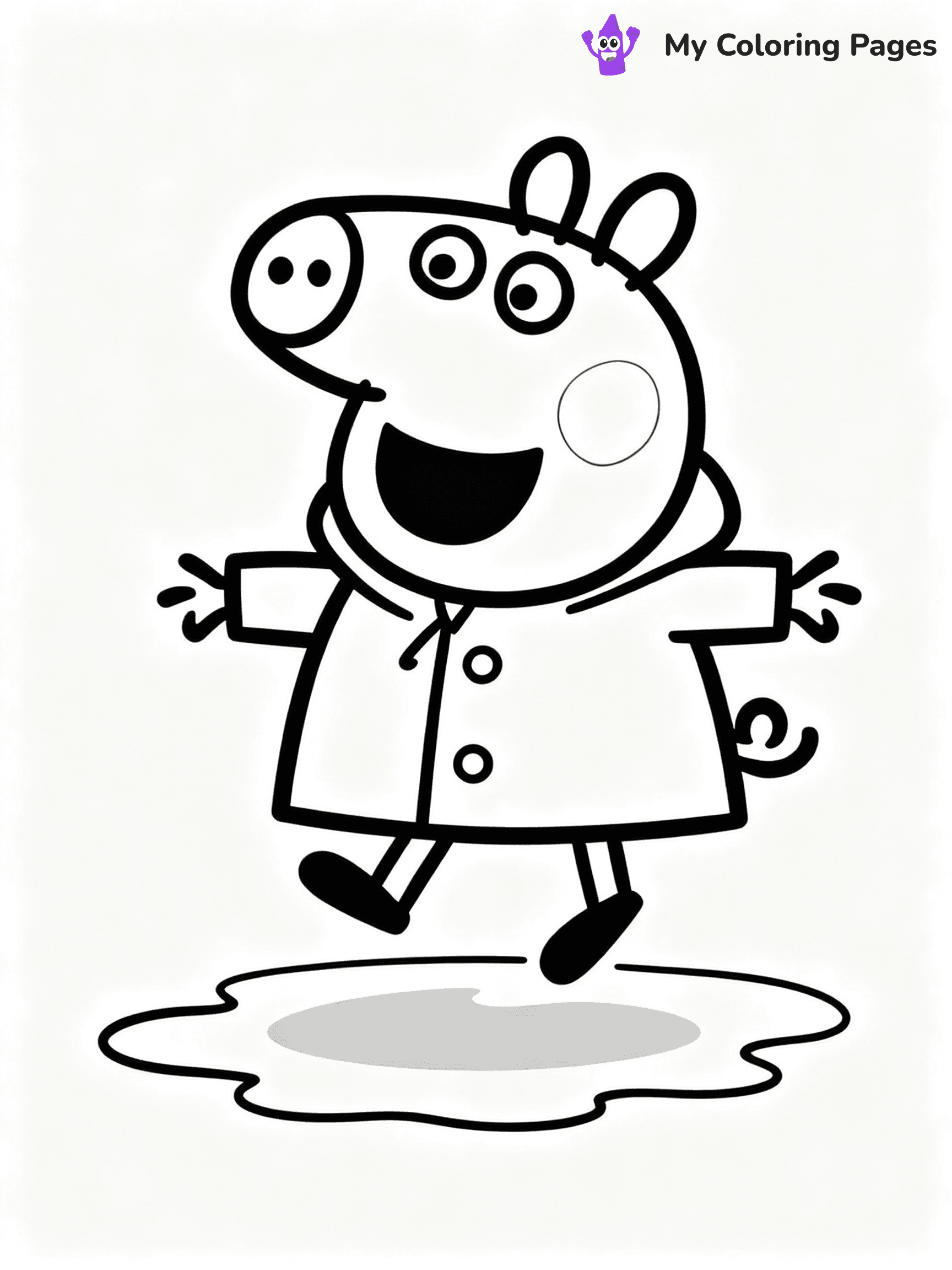 ⚠️ CRITICAL REQUIREMENT - ABSOLUTE BLACK AND WHITE ONLY ⚠️
This MUST be a BLACK AND WHITE line drawing ONLY. NO COLORS whatsoever.
- ONLY pure black lines (#000000) on pure white background (#FFFFFF)
- ABSOLUTELY NO colors, NO shading, NO gradients, NO grayscale
- If there are ANY colors in the output, the image is REJECTED
- This is a COLORING PAGE - meant to be COLORED IN by children
- The output must be UNCOLORED line art ready for coloring
⚠️ SUBJECT TO DRAW: Suzy Sheep from Peppa Pig jumping in puddle, raincoat on, smile wide. Important: PURE OUTLINES. NO FILLS, COLOR, SHADING, OR GREYSCALE. WHITE BACKGROUND.
(REMEMBER: Output must be BLACK AND WHITE line art only, NOT colored!)
# Flat, Friendly Cartoon Line-Art Coloring Page
You are generating a **pure black-and-white binary image** of a child-friendly cartoon scene combining characters and background scenery in one cohesive composition.
## Rendering Rules (Strict)
- Only two colors: pure black (#000000) outlines and pure white (#FFFFFF) background.
- No grayscale, shading, gradients, tints, fills, transparency, or partial pixels.
- No antialiasing or blended edges; every pixel is 100% black or white.
- No solid black fills inside shapes — all areas inside outlines must remain white.
- No dark clothing areas or filled tone blocks; all garments outlined only.
- No shadows, textures, lighting, or tonal variations.
- Must look like flat binary vector line-art for coloring pages.
## Drawing & Composition
- **Medium, consistent line weight**; clean closed outlines easy to color inside.
- **Flat, simple, child-friendly design** — no realism or 3D depth.
- Characters are **grounded on a surface**, centered and large.
- **Balanced composition** with clear silhouettes and minimal props.
## Scenery & Style
- Landmarks (e.g., mosque, CN Tower) and scenery (trees, benches, waves) drawn with **black outlines only.**
- For real-world figures, teams, or places, show accurate details using only black outlines—no text or logos. Use distinctive uniform patterns, abstract symbols, and landmark silhouettes to convey identity.
- Keep **consistent perspective**; no floating elements.
- **Style:** whimsical **Doodle Art Alley** — rounded, friendly outlines.
- May adapt shapes from **Crayola, Disney, Peppa Pig, Cocomelon** — *by shape only, never color.*
- Final output: **flat, crisp, binary (#000000/#FFFFFF)**, **no filled color or background text.**
EXTREMELYE IMPORTANT:
- PURE BINARY LINE-ART; NO FILLS (HAIR/CLOTHES/SKIN), SHADING, OR GREY.
- NO SHADING, COLOR. MUST BE WHITE BACKGROUND.
⚠️ FINAL REMINDER: Draw the subject "Suzy Sheep from Peppa Pig jumping in puddle, raincoat on, smile wide. Important: PURE OUTLINES. NO FILLS, COLOR, SHADING, OR GREYSCALE. WHITE BACKGROUND." as BLACK AND WHITE line art. Zero colors in output.