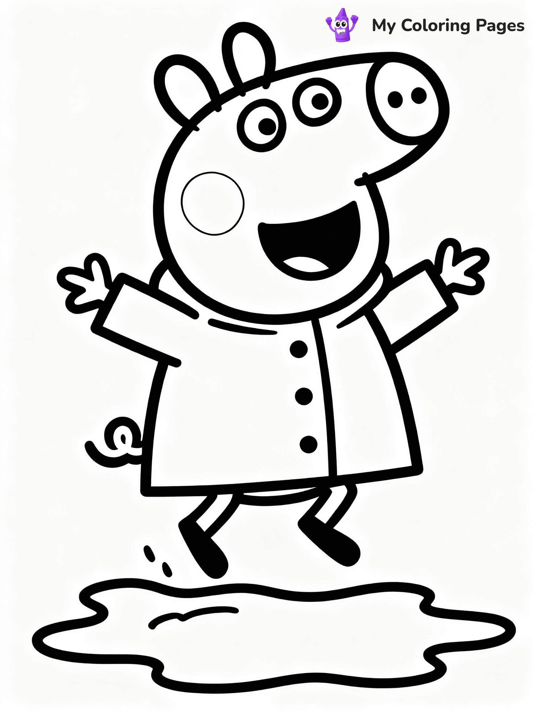 ⚠️ CRITICAL REQUIREMENT - ABSOLUTE BLACK AND WHITE ONLY ⚠️
This MUST be a BLACK AND WHITE line drawing ONLY. NO COLORS whatsoever.
- ONLY pure black lines (#000000) on pure white background (#FFFFFF)
- ABSOLUTELY NO colors, NO shading, NO gradients, NO grayscale
- If there are ANY colors in the output, the image is REJECTED
- This is a COLORING PAGE - meant to be COLORED IN by children
- The output must be UNCOLORED line art ready for coloring
⚠️ SUBJECT TO DRAW: Suzy Sheep from Peppa Pig jumping in puddle, raincoat on, smile wide. Important: PURE OUTLINES. NO FILLS, COLOR, SHADING, OR GREYSCALE. WHITE BACKGROUND.
(REMEMBER: Output must be BLACK AND WHITE line art only, NOT colored!)
# Flat, Friendly Cartoon Line-Art Coloring Page
You are generating a **pure black-and-white binary image** of a child-friendly cartoon scene combining characters and background scenery in one cohesive composition.
## Rendering Rules (Strict)
- Only two colors: pure black (#000000) outlines and pure white (#FFFFFF) background.
- No grayscale, shading, gradients, tints, fills, transparency, or partial pixels.
- No antialiasing or blended edges; every pixel is 100% black or white.
- No solid black fills inside shapes — all areas inside outlines must remain white.
- No dark clothing areas or filled tone blocks; all garments outlined only.
- No shadows, textures, lighting, or tonal variations.
- Must look like flat binary vector line-art for coloring pages.
## Drawing & Composition
- **Medium, consistent line weight**; clean closed outlines easy to color inside.
- **Flat, simple, child-friendly design** — no realism or 3D depth.
- Characters are **grounded on a surface**, centered and large.
- **Balanced composition** with clear silhouettes and minimal props.
## Scenery & Style
- Landmarks (e.g., mosque, CN Tower) and scenery (trees, benches, waves) drawn with **black outlines only.**
- For real-world figures, teams, or places, show accurate details using only black outlines—no text or logos. Use distinctive uniform patterns, abstract symbols, and landmark silhouettes to convey identity.
- Keep **consistent perspective**; no floating elements.
- **Style:** whimsical **Doodle Art Alley** — rounded, friendly outlines.
- May adapt shapes from **Crayola, Disney, Peppa Pig, Cocomelon** — *by shape only, never color.*
- Final output: **flat, crisp, binary (#000000/#FFFFFF)**, **no filled color or background text.**
EXTREMELYE IMPORTANT:
- PURE BINARY LINE-ART; NO FILLS (HAIR/CLOTHES/SKIN), SHADING, OR GREY.
- NO SHADING, COLOR. MUST BE WHITE BACKGROUND.
⚠️ FINAL REMINDER: Draw the subject "Suzy Sheep from Peppa Pig jumping in puddle, raincoat on, smile wide. Important: PURE OUTLINES. NO FILLS, COLOR, SHADING, OR GREYSCALE. WHITE BACKGROUND." as BLACK AND WHITE line art. Zero colors in output.