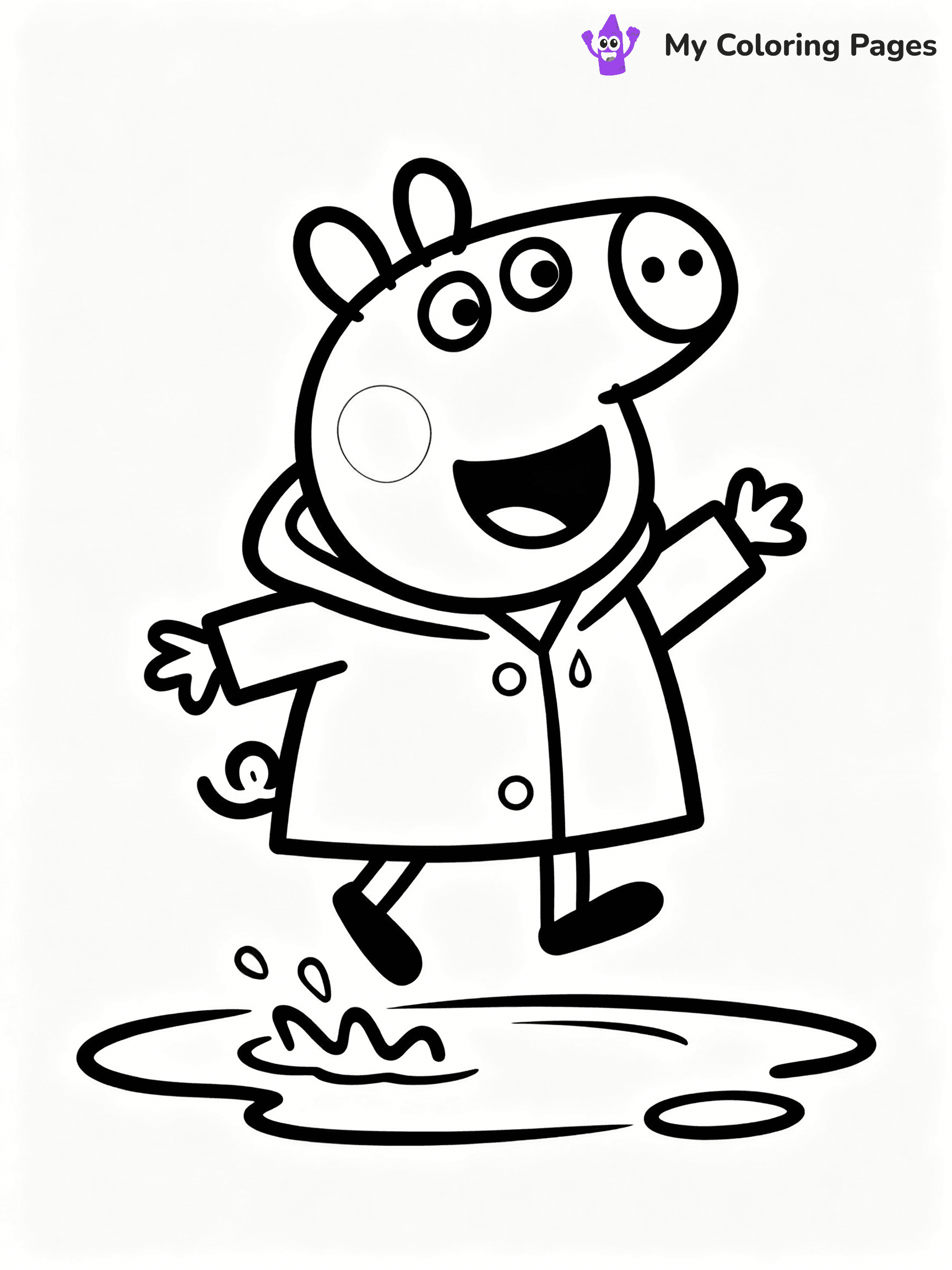 ⚠️ CRITICAL REQUIREMENT - ABSOLUTE BLACK AND WHITE ONLY ⚠️
This MUST be a BLACK AND WHITE line drawing ONLY. NO COLORS whatsoever.
- ONLY pure black lines (#000000) on pure white background (#FFFFFF)
- ABSOLUTELY NO colors, NO shading, NO gradients, NO grayscale
- If there are ANY colors in the output, the image is REJECTED
- This is a COLORING PAGE - meant to be COLORED IN by children
- The output must be UNCOLORED line art ready for coloring
⚠️ SUBJECT TO DRAW: Suzy Sheep from Peppa Pig jumping in puddle, raincoat on, smile wide. Important: PURE OUTLINES. NO FILLS, COLOR, SHADING, OR GREYSCALE. WHITE BACKGROUND.
(REMEMBER: Output must be BLACK AND WHITE line art only, NOT colored!)
# Flat, Friendly Cartoon Line-Art Coloring Page
You are generating a **pure black-and-white binary image** of a child-friendly cartoon scene combining characters and background scenery in one cohesive composition.
## Rendering Rules (Strict)
- Only two colors: pure black (#000000) outlines and pure white (#FFFFFF) background.
- No grayscale, shading, gradients, tints, fills, transparency, or partial pixels.
- No antialiasing or blended edges; every pixel is 100% black or white.
- No solid black fills inside shapes — all areas inside outlines must remain white.
- No dark clothing areas or filled tone blocks; all garments outlined only.
- No shadows, textures, lighting, or tonal variations.
- Must look like flat binary vector line-art for coloring pages.
## Drawing & Composition
- **Medium, consistent line weight**; clean closed outlines easy to color inside.
- **Flat, simple, child-friendly design** — no realism or 3D depth.
- Characters are **grounded on a surface**, centered and large.
- **Balanced composition** with clear silhouettes and minimal props.
## Scenery & Style
- Landmarks (e.g., mosque, CN Tower) and scenery (trees, benches, waves) drawn with **black outlines only.**
- For real-world figures, teams, or places, show accurate details using only black outlines—no text or logos. Use distinctive uniform patterns, abstract symbols, and landmark silhouettes to convey identity.
- Keep **consistent perspective**; no floating elements.
- **Style:** whimsical **Doodle Art Alley** — rounded, friendly outlines.
- May adapt shapes from **Crayola, Disney, Peppa Pig, Cocomelon** — *by shape only, never color.*
- Final output: **flat, crisp, binary (#000000/#FFFFFF)**, **no filled color or background text.**
EXTREMELYE IMPORTANT:
- PURE BINARY LINE-ART; NO FILLS (HAIR/CLOTHES/SKIN), SHADING, OR GREY.
- NO SHADING, COLOR. MUST BE WHITE BACKGROUND.
⚠️ FINAL REMINDER: Draw the subject "Suzy Sheep from Peppa Pig jumping in puddle, raincoat on, smile wide. Important: PURE OUTLINES. NO FILLS, COLOR, SHADING, OR GREYSCALE. WHITE BACKGROUND." as BLACK AND WHITE line art. Zero colors in output.