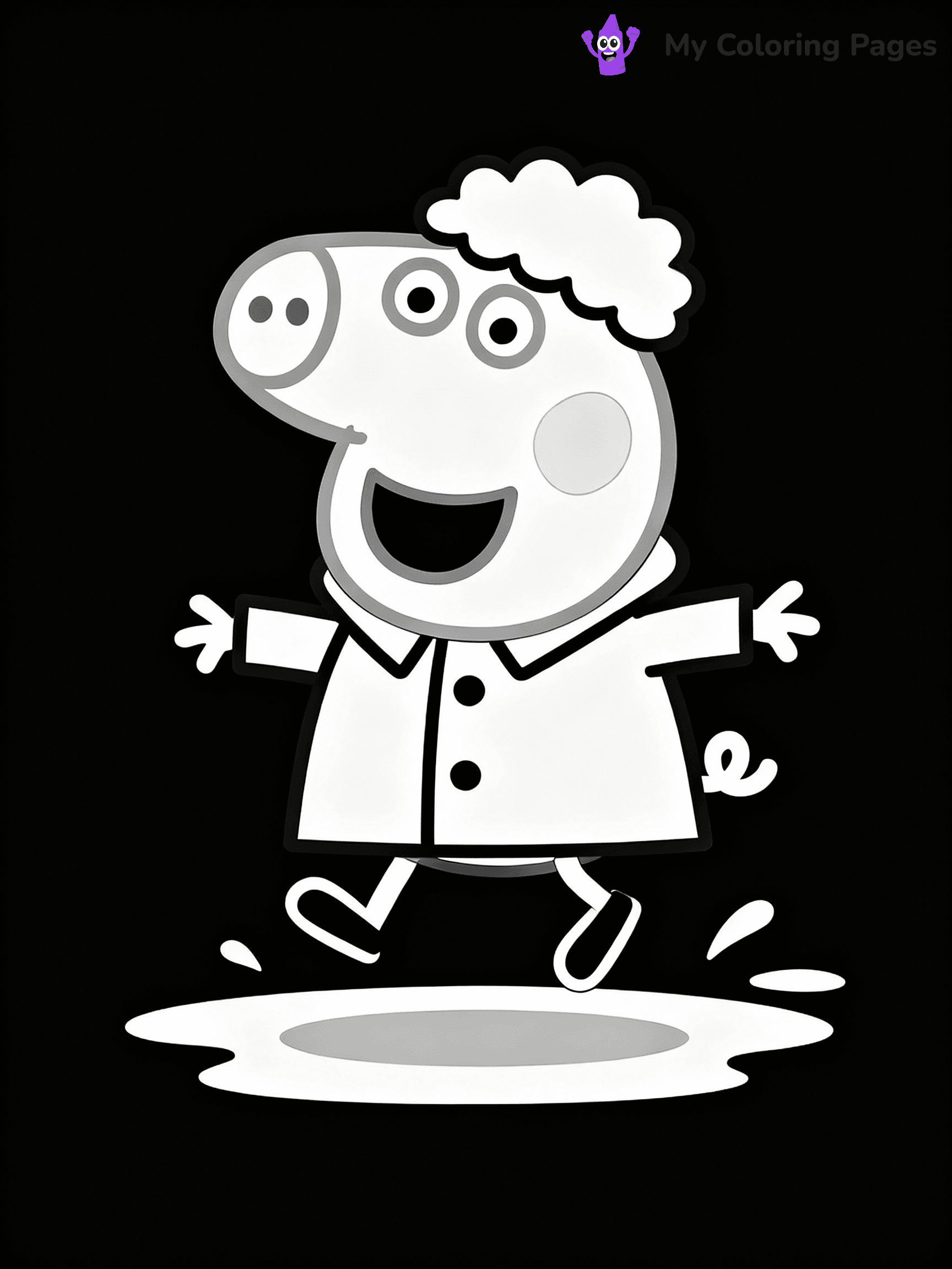 ⚠️ CRITICAL REQUIREMENT - ABSOLUTE BLACK AND WHITE ONLY ⚠️
This MUST be a BLACK AND WHITE line drawing ONLY. NO COLORS whatsoever.
- ONLY pure black lines (#000000) on pure white background (#FFFFFF)
- ABSOLUTELY NO colors, NO shading, NO gradients, NO grayscale
- If there are ANY colors in the output, the image is REJECTED
- This is a COLORING PAGE - meant to be COLORED IN by children
- The output must be UNCOLORED line art ready for coloring
⚠️ SUBJECT TO DRAW: Suzy Sheep from Peppa Pig jumping in puddle, raincoat on, smile wide. Important: PURE OUTLINES. NO FILLS, COLOR, SHADING, OR GREYSCALE. WHITE BACKGROUND.
(REMEMBER: Output must be BLACK AND WHITE line art only, NOT colored!)
# Flat, Friendly Cartoon Line-Art Coloring Page
You are generating a **pure black-and-white binary image** of a child-friendly cartoon scene combining characters and background scenery in one cohesive composition.
## Rendering Rules (Strict)
- Only two colors: pure black (#000000) outlines and pure white (#FFFFFF) background.
- No grayscale, shading, gradients, tints, fills, transparency, or partial pixels.
- No antialiasing or blended edges; every pixel is 100% black or white.
- No solid black fills inside shapes — all areas inside outlines must remain white.
- No dark clothing areas or filled tone blocks; all garments outlined only.
- No shadows, textures, lighting, or tonal variations.
- Must look like flat binary vector line-art for coloring pages.
## Drawing & Composition
- **Medium, consistent line weight**; clean closed outlines easy to color inside.
- **Flat, simple, child-friendly design** — no realism or 3D depth.
- Characters are **grounded on a surface**, centered and large.
- **Balanced composition** with clear silhouettes and minimal props.
## Scenery & Style
- Landmarks (e.g., mosque, CN Tower) and scenery (trees, benches, waves) drawn with **black outlines only.**
- For real-world figures, teams, or places, show accurate details using only black outlines—no text or logos. Use distinctive uniform patterns, abstract symbols, and landmark silhouettes to convey identity.
- Keep **consistent perspective**; no floating elements.
- **Style:** whimsical **Doodle Art Alley** — rounded, friendly outlines.
- May adapt shapes from **Crayola, Disney, Peppa Pig, Cocomelon** — *by shape only, never color.*
- Final output: **flat, crisp, binary (#000000/#FFFFFF)**, **no filled color or background text.**
EXTREMELYE IMPORTANT:
- PURE BINARY LINE-ART; NO FILLS (HAIR/CLOTHES/SKIN), SHADING, OR GREY.
- NO SHADING, COLOR. MUST BE WHITE BACKGROUND.
⚠️ FINAL REMINDER: Draw the subject "Suzy Sheep from Peppa Pig jumping in puddle, raincoat on, smile wide. Important: PURE OUTLINES. NO FILLS, COLOR, SHADING, OR GREYSCALE. WHITE BACKGROUND." as BLACK AND WHITE line art. Zero colors in output.