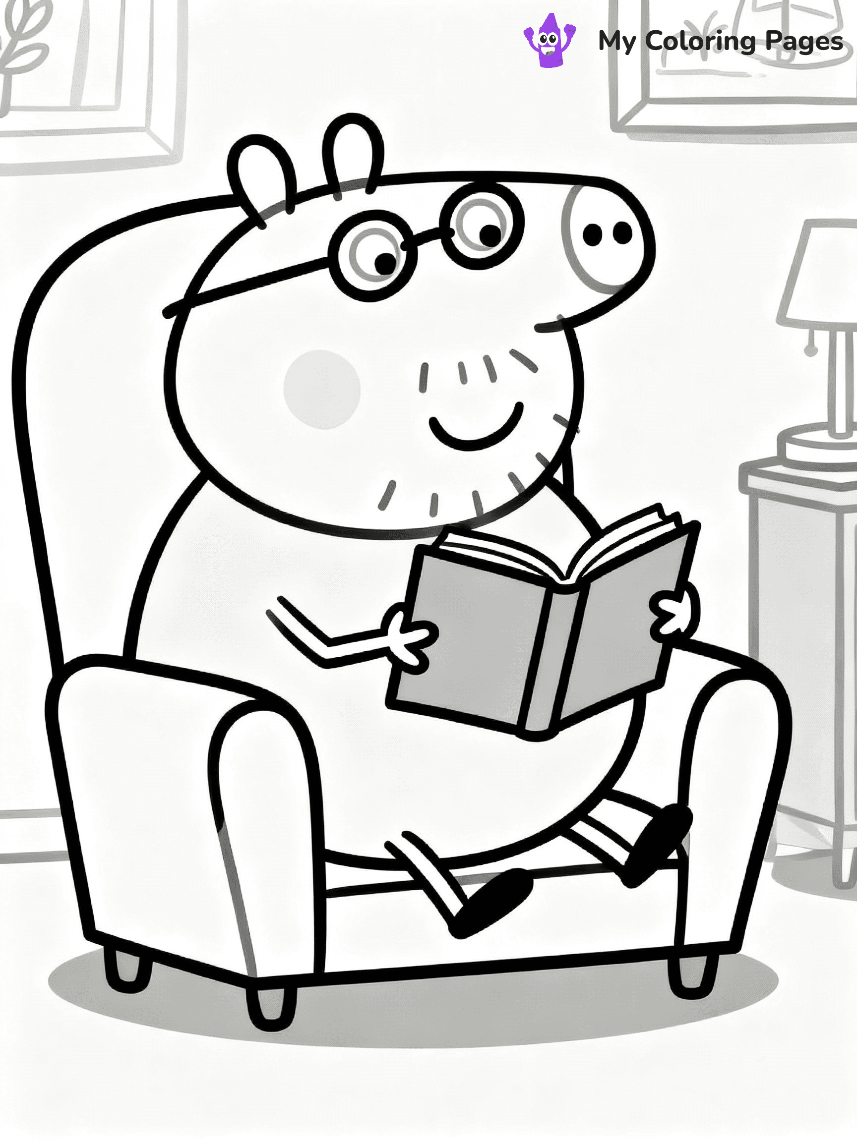 ⚠️ CRITICAL REQUIREMENT - ABSOLUTE BLACK AND WHITE ONLY ⚠️
This MUST be a BLACK AND WHITE line drawing ONLY. NO COLORS whatsoever.
- ONLY pure black lines (#000000) on pure white background (#FFFFFF)
- ABSOLUTELY NO colors, NO shading, NO gradients, NO grayscale
- If there are ANY colors in the output, the image is REJECTED
- This is a COLORING PAGE - meant to be COLORED IN by children
- The output must be UNCOLORED line art ready for coloring
⚠️ SUBJECT TO DRAW: Daddy Pig from Peppa Pig reading a book, glasses on nose, comfy chair. Important: PURE OUTLINES. NO FILLS, COLOR, SHADING, OR GREYSCALE. WHITE BACKGROUND.
(REMEMBER: Output must be BLACK AND WHITE line art only, NOT colored!)
# Flat, Friendly Cartoon Line-Art Coloring Page
You are generating a **pure black-and-white binary image** of a child-friendly cartoon scene combining characters and background scenery in one cohesive composition.
## Rendering Rules (Strict)
- Only two colors: pure black (#000000) outlines and pure white (#FFFFFF) background.
- No grayscale, shading, gradients, tints, fills, transparency, or partial pixels.
- No antialiasing or blended edges; every pixel is 100% black or white.
- No solid black fills inside shapes — all areas inside outlines must remain white.
- No dark clothing areas or filled tone blocks; all garments outlined only.
- No shadows, textures, lighting, or tonal variations.
- Must look like flat binary vector line-art for coloring pages.
## Drawing & Composition
- **Medium, consistent line weight**; clean closed outlines easy to color inside.
- **Flat, simple, child-friendly design** — no realism or 3D depth.
- Characters are **grounded on a surface**, centered and large.
- **Balanced composition** with clear silhouettes and minimal props.
## Scenery & Style
- Landmarks (e.g., mosque, CN Tower) and scenery (trees, benches, waves) drawn with **black outlines only.**
- For real-world figures, teams, or places, show accurate details using only black outlines—no text or logos. Use distinctive uniform patterns, abstract symbols, and landmark silhouettes to convey identity.
- Keep **consistent perspective**; no floating elements.
- **Style:** whimsical **Doodle Art Alley** — rounded, friendly outlines.
- May adapt shapes from **Crayola, Disney, Peppa Pig, Cocomelon** — *by shape only, never color.*
- Final output: **flat, crisp, binary (#000000/#FFFFFF)**, **no filled color or background text.**
EXTREMELYE IMPORTANT:
- PURE BINARY LINE-ART; NO FILLS (HAIR/CLOTHES/SKIN), SHADING, OR GREY.
- NO SHADING, COLOR. MUST BE WHITE BACKGROUND.
⚠️ FINAL REMINDER: Draw the subject "Daddy Pig from Peppa Pig reading a book, glasses on nose, comfy chair. Important: PURE OUTLINES. NO FILLS, COLOR, SHADING, OR GREYSCALE. WHITE BACKGROUND." as BLACK AND WHITE line art. Zero colors in output.